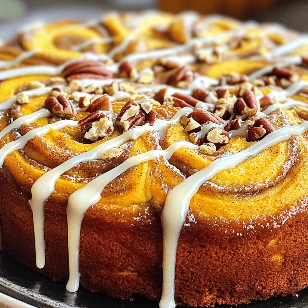 - 2 cups all-purpose flour - 1 cup granulated sugar - 1 tbsp baking powder - 1 tsp baking soda - 1 tsp ground cinnamon - ½ tsp ground nutmeg - ½ tsp salt - 1 cup pumpkin puree - ½ cup vegetable oil - 2 large eggs - 1 tsp vanilla extract - ½ cup brown sugar, packed - 1 tbsp ground cinnamon (for filling) - 1 cup powdered sugar (for icing) - 2-3 tbsp milk (for icing) - Optional: Chopped pecans or walnuts for topping Gathering the right ingredients is key to a great Pumpkin Cinnamon Roll Cake. Start with dry ingredients like flour, sugar, baking powder, baking soda, spices, and salt. These build the cake’s fluffy base. Next, you mix in wet ingredients like pumpkin puree, oil, eggs, and vanilla. This adds flavor and moisture. The filling is where the magic happens. Brown sugar and cinnamon create a sweet swirl inside the cake. Finally, for the topping, powdered sugar and milk form a delightful icing. You can add chopped nuts for an extra crunch. Each ingredient plays a role in creating a warm, spiced treat perfect for fall. 1. Preheat your oven to 350°F (175°C). Grease a 9x13 inch baking dish to prevent sticking. 2. In a large mixing bowl, sift together the dry ingredients: - 2 cups all-purpose flour - 1 cup granulated sugar - 1 tbsp baking powder - 1 tsp baking soda - 1 tsp ground cinnamon - ½ tsp ground nutmeg - ½ tsp salt 3. In another bowl, whisk the wet ingredients until smooth: - 1 cup pumpkin puree - ½ cup vegetable oil - 2 large eggs - 1 tsp vanilla extract 4. Gradually fold the wet ingredients into the dry ones. Mix just until combined; over-mixing can make the cake dense. 5. Prepare the cinnamon-sugar filling by mixing together: - ½ cup brown sugar, packed - 1 tbsp ground cinnamon 6. Pour half of the cake batter into the prepared dish. Spread it evenly, then sprinkle the cinnamon-sugar mixture over it. 7. Spoon the remaining batter over the sugar layer. Spread it gently to cover the filling. 8. Using a knife, swirl the batter gently. This creates a lovely marbled effect. Be careful not to disturb the bottom layer too much. 9. Bake in the preheated oven for 30-35 minutes. Check doneness by inserting a toothpick into the center. It should come out clean. 10. While the cake bakes, prepare the icing by mixing: - 1 cup powdered sugar - 2-3 tbsp milk Adjust the milk until you reach your desired consistency. 11. Once the cake is done, let it cool for about 10 minutes in the baking dish. Drizzle the icing over the warm cake. If you like, sprinkle chopped nuts on top for extra crunch. - Avoid over-mixing the batter. This keeps your cake light and fluffy. - Make sure your oven is preheated to 350°F (175°C) before baking. - Use a toothpick to check if your cake is done. Insert it in the middle; it should come out clean. - Adjust the milk in your icing to get the thickness you want. - Drizzle the icing evenly over the cake for nice coverage. - Enjoy this cake warm for the best flavor. - Pair it with coffee or spiced tea for a cozy treat. {{image_2}} You can play with flavors to make this cake unique. - Add chocolate chips for a rich twist that kids and adults love. - Incorporate spices like ginger or cloves for extra warmth. This adds a nice depth. This cake can fit many diets. - For a gluten-free swap, simply use gluten-free flour. It works well and tastes great. - You can also make the icing dairy-free by swapping milk for a plant-based option. Get creative with how you serve this cake. - Turn it into a layered trifle. Just layer cake pieces with whipped cream and pumpkin. - You can also serve it as muffins instead of cake. This makes it easy to grab and go. Store your Pumpkin Cinnamon Roll Cake at room temperature for up to three days. Keep it covered with foil or plastic wrap to prevent it from drying out. If you want to refrigerate it, place it in an airtight container. This will help keep the cake fresh for about a week. For long-term storage, freezing is a great option. Wrap the cake tightly in plastic wrap and then in foil. This will help prevent freezer burn. You can store it in the freezer for up to three months. When you’re ready to enjoy it, thaw the cake in the fridge overnight. Reheat it gently in the oven at 350°F for about 10-15 minutes for a fresh taste. To keep your cake moist, avoid cutting into it until you're ready to serve. This helps keep it from drying out. Using airtight containers is key for storage. This will seal in the moisture and flavor. If you have leftover icing, store it separately in the fridge. Can I use fresh pumpkin instead of puree? Yes, you can use fresh pumpkin. First, cook the pumpkin until soft. Then, blend it until smooth. Use it in the same amount as the puree. This gives a fresh taste. How do I know when the cake is done baking? You can check if the cake is done by inserting a toothpick in the center. If it comes out clean, the cake is ready. You can also look for a golden-brown top. What can I substitute for eggs in this recipe? You can replace eggs with unsweetened applesauce. Use 1/4 cup of applesauce for each egg. This keeps the cake moist and tasty. Is this cake suitable for fall celebrations? Absolutely! This cake is perfect for fall parties. Its pumpkin flavor and warm spices make it a cozy treat. Guests will love it at gatherings and holidays. How can I make this a breakfast option? To serve this cake for breakfast, cut it into squares. Serve it warm with coffee or tea. You can also add a dollop of yogurt for extra flavor. What to do if the cake is too dry? If your cake comes out dry, try adding a little milk to the batter next time. You can also check your oven temperature. Make sure it is not too hot. Fixing issues with the icing consistency If your icing is too thick, add more milk, one teaspoon at a time. Mix well until you reach the right pourable texture. If it is too runny, add more powdered sugar to thicken it. This blog post covers a delicious pumpkin cake recipe. You learned about the simple ingredients, both dry and wet, and how to layer them. The baking tips help ensure a fluffy cake. Consider trying variations, like adding chocolate chips or making it gluten-free. Store your cake properly to keep it fresh. This cake suits any fall celebration and is easy to share. Enjoy your baking and the tasty rewards that follow!