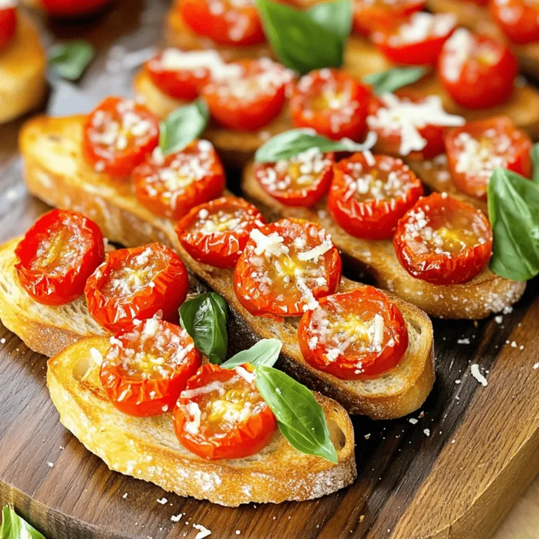 - 2 cups cherry tomatoes, halved - 3 tablespoons olive oil - 1 teaspoon balsamic vinegar - 1 teaspoon dried oregano - Salt and pepper to taste - 1 cup fresh basil leaves, chopped - 1 clove garlic, minced - 1 French baguette, sliced - 1/4 cup grated Parmesan cheese (optional) To make roasted tomato basil bruschetta, you need fresh, ripe ingredients. Start with juicy cherry tomatoes. Their sweetness shines when roasted. Olive oil adds richness and helps with roasting. Balsamic vinegar gives a tangy twist. Dried oregano brings a nice herbal note. Don’t forget salt and pepper; they enhance the flavors. Fresh basil leaves add brightness. Garlic gives depth to the mix. For the base, use a French baguette for crunch. Grated Parmesan cheese is optional, but it adds a nice finish. Gather all these items before you start cooking. This way, you will stay organized and enjoy the process. First, I preheat the oven to 375°F (190°C). This heat makes the tomatoes sweet and soft. I line a baking sheet with parchment paper for easy cleanup. Next, I take the halved cherry tomatoes and place them on the sheet. I drizzle 2 tablespoons of olive oil and 1 teaspoon of balsamic vinegar over them. Then, I add 1 teaspoon of dried oregano, salt, and pepper. I toss everything to coat the tomatoes well. After that, I roast them for about 25 to 30 minutes. They should be tender and a bit caramelized when done. While the tomatoes roast, I prepare the baguette. I slice it into even pieces. I brush each slice with the last tablespoon of olive oil on both sides. This step helps them toast nicely. I place the slices on another baking sheet. I toast them in the oven for about 10 to 12 minutes. Turning them halfway ensures they brown evenly. They should look golden and crisp when ready. Once the tomatoes are done, I take them out and let them cool a little. In a bowl, I mix the roasted tomatoes with 1 minced garlic clove and 1 cup of chopped fresh basil. I stir gently to combine everything. Next, I spoon this tasty mixture onto each toasted baguette slice. For extra flavor, I sometimes sprinkle grated Parmesan cheese on top. This step adds a nice touch to each bite. For the best roasted tomatoes, you want them soft and sweet. Roast the tomatoes at 375°F for 25-30 minutes. This helps them caramelize well. Taste your tomatoes before serving. You may want to adjust the salt and pepper. A little tweak can make a big difference. When serving, arrange the bruschetta on a large platter. Make it look inviting! Sprinkle fresh basil leaves on top. Drizzle some olive oil over the bruschetta. This adds a nice shine and flavor. If you have leftovers, store them in an airtight container in the fridge. This keeps them fresh for a few days. When ready to enjoy, reheat the bruschetta in the oven. Heat it at 350°F for about 10 minutes. This makes the bread crispy again and warms the topping. {{image_2}} If you want a gluten-free version, you can swap out the French baguette. Here are some great options: - Gluten-Free Bread: Many stores sell gluten-free baguettes or loaves. - Polenta Rounds: Cook polenta, cool it, and slice it into rounds. - Rice Cakes: They provide a nice crunch and hold the toppings well. You can boost your bruschetta by adding more veggies or different toppings. Consider these: - Roasted Peppers: They add sweetness and color. - Avocado: Spread a layer for creaminess. - Olives: Chopped olives add a salty bite. - Feta Cheese: Crumbled feta brings a tangy flavor. Get creative with herbs and spices to change the flavor. Here are some ideas: - Fresh Thyme or Rosemary: Use instead of oregano for a woodsy taste. - Chili Flakes: Add a bit for some heat. - Lemon Zest: A sprinkle brightens the dish. - Balsamic Glaze: Drizzle on top for extra sweetness. These variations make the dish fun and help you tailor it to your taste. Enjoy the process! Tomatoes are packed with vitamins. They provide vitamin C, which boosts your immune system. They also have potassium, which helps keep your heart healthy. Tomatoes are low in calories but high in water. This makes them great for hydration. Basil is more than just a tasty herb. It has antioxidants that help fight free radicals. This can lower your risk of chronic diseases. Basil also has anti-inflammatory properties, which is great for overall health. One serving of roasted tomato basil bruschetta has about 150 calories. This depends on how much cheese you use. Each serving has: - Fat: 7g - Carbohydrates: 18g - Protein: 4g This snack is balanced and satisfying without being heavy. You can easily make this dish vegan. Just skip the Parmesan cheese. The bruschetta still tastes great without it. For a low-carb option, use cucumber slices instead of bread. This keeps the delicious tomato and basil flavors while cutting down on carbs. Enjoying this dish can fit many diets! For bruschetta, the best bread is a French baguette. Its crust is crunchy, and the inside is soft. You can also use ciabatta or sourdough. These options provide a sturdy base for your toppings. Slice your bread about half an inch thick. This thickness helps hold the toppings well. Yes, you can prepare bruschetta ahead of time. Roast the tomatoes and chop the basil a few hours before serving. Store them in the fridge. Toast the bread right before serving. This keeps the bread crispy. You can also mix the tomato and basil topping just before you serve. To avoid soggy bruschetta, make sure to toast the bread well. Use a good amount of olive oil on the bread. This creates a barrier against moisture. Also, let the roasted tomatoes cool before topping the bread. Serving immediately after topping helps keep it crunchy. This blog post covered the key ingredients and steps to make bruschetta. We talked about roasting juicy cherry tomatoes, toasting fresh baguette, and adding vibrant basil for flavor. I also shared tips on presentation, storage, and variations to suit your taste. Bruschetta is simple, delicious, and great for any gathering. Now, you can impress your friends with this tasty dish and adapt it to your liking. Enjoy making your own bruschetta and savor each bite!