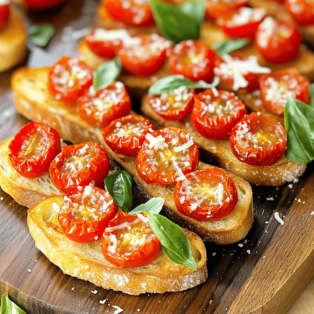 - 2 cups cherry tomatoes, halved - 3 tablespoons olive oil - 1 teaspoon balsamic vinegar - 1 teaspoon dried oregano - Salt and pepper to taste - 1 cup fresh basil leaves, chopped - 1 clove garlic, minced - 1 French baguette, sliced - 1/4 cup grated Parmesan cheese (optional) To make roasted tomato basil bruschetta, you need fresh, ripe ingredients. Start with juicy cherry tomatoes. Their sweetness shines when roasted. Olive oil adds richness and helps with roasting. Balsamic vinegar gives a tangy twist. Dried oregano brings a nice herbal note. Don’t forget salt and pepper; they enhance the flavors. Fresh basil leaves add brightness. Garlic gives depth to the mix. For the base, use a French baguette for crunch. Grated Parmesan cheese is optional, but it adds a nice finish. Gather all these items before you start cooking. This way, you will stay organized and enjoy the process. First, I preheat the oven to 375°F (190°C). This heat makes the tomatoes sweet and soft. I line a baking sheet with parchment paper for easy cleanup. Next, I take the halved cherry tomatoes and place them on the sheet. I drizzle 2 tablespoons of olive oil and 1 teaspoon of balsamic vinegar over them. Then, I add 1 teaspoon of dried oregano, salt, and pepper. I toss everything to coat the tomatoes well. After that, I roast them for about 25 to 30 minutes. They should be tender and a bit caramelized when done. While the tomatoes roast, I prepare the baguette. I slice it into even pieces. I brush each slice with the last tablespoon of olive oil on both sides. This step helps them toast nicely. I place the slices on another baking sheet. I toast them in the oven for about 10 to 12 minutes. Turning them halfway ensures they brown evenly. They should look golden and crisp when ready. Once the tomatoes are done, I take them out and let them cool a little. In a bowl, I mix the roasted tomatoes with 1 minced garlic clove and 1 cup of chopped fresh basil. I stir gently to combine everything. Next, I spoon this tasty mixture onto each toasted baguette slice. For extra flavor, I sometimes sprinkle grated Parmesan cheese on top. This step adds a nice touch to each bite. For the best roasted tomatoes, you want them soft and sweet. Roast the tomatoes at 375°F for 25-30 minutes. This helps them caramelize well. Taste your tomatoes before serving. You may want to adjust the salt and pepper. A little tweak can make a big difference. When serving, arrange the bruschetta on a large platter. Make it look inviting! Sprinkle fresh basil leaves on top. Drizzle some olive oil over the bruschetta. This adds a nice shine and flavor. If you have leftovers, store them in an airtight container in the fridge. This keeps them fresh for a few days. When ready to enjoy, reheat the bruschetta in the oven. Heat it at 350°F for about 10 minutes. This makes the bread crispy again and warms the topping. {{image_2}} If you want a gluten-free version, you can swap out the French baguette. Here are some great options: - Gluten-Free Bread: Many stores sell gluten-free baguettes or loaves. - Polenta Rounds: Cook polenta, cool it, and slice it into rounds. - Rice Cakes: They provide a nice crunch and hold the toppings well. You can boost your bruschetta by adding more veggies or different toppings. Consider these: - Roasted Peppers: They add sweetness and color. - Avocado: Spread a layer for creaminess. - Olives: Chopped olives add a salty bite. - Feta Cheese: Crumbled feta brings a tangy flavor. Get creative with herbs and spices to change the flavor. Here are some ideas: - Fresh Thyme or Rosemary: Use instead of oregano for a woodsy taste. - Chili Flakes: Add a bit for some heat. - Lemon Zest: A sprinkle brightens the dish. - Balsamic Glaze: Drizzle on top for extra sweetness. These variations make the dish fun and help you tailor it to your taste. Enjoy the process! Tomatoes are packed with vitamins. They provide vitamin C, which boosts your immune system. They also have potassium, which helps keep your heart healthy. Tomatoes are low in calories but high in water. This makes them great for hydration. Basil is more than just a tasty herb. It has antioxidants that help fight free radicals. This can lower your risk of chronic diseases. Basil also has anti-inflammatory properties, which is great for overall health. One serving of roasted tomato basil bruschetta has about 150 calories. This depends on how much cheese you use. Each serving has: - Fat: 7g - Carbohydrates: 18g - Protein: 4g This snack is balanced and satisfying without being heavy. You can easily make this dish vegan. Just skip the Parmesan cheese. The bruschetta still tastes great without it. For a low-carb option, use cucumber slices instead of bread. This keeps the delicious tomato and basil flavors while cutting down on carbs. Enjoying this dish can fit many diets! For bruschetta, the best bread is a French baguette. Its crust is crunchy, and the inside is soft. You can also use ciabatta or sourdough. These options provide a sturdy base for your toppings. Slice your bread about half an inch thick. This thickness helps hold the toppings well. Yes, you can prepare bruschetta ahead of time. Roast the tomatoes and chop the basil a few hours before serving. Store them in the fridge. Toast the bread right before serving. This keeps the bread crispy. You can also mix the tomato and basil topping just before you serve. To avoid soggy bruschetta, make sure to toast the bread well. Use a good amount of olive oil on the bread. This creates a barrier against moisture. Also, let the roasted tomatoes cool before topping the bread. Serving immediately after topping helps keep it crunchy. This blog post covered the key ingredients and steps to make bruschetta. We talked about roasting juicy cherry tomatoes, toasting fresh baguette, and adding vibrant basil for flavor. I also shared tips on presentation, storage, and variations to suit your taste. Bruschetta is simple, delicious, and great for any gathering. Now, you can impress your friends with this tasty dish and adapt it to your liking. Enjoy making your own bruschetta and savor each bite!