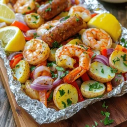 - 1 pound large shrimp, peeled and deveined - 12 ounces smoked sausage, sliced into rounds - 1 bell pepper, diced (any color) - 1 medium red onion, diced - 2 cups baby potatoes, halved - 4 cloves garlic, minced - 3 tablespoons olive oil - 2 tablespoons Cajun seasoning - 1 teaspoon smoked paprika - Salt and pepper to taste - Fresh parsley, chopped (for garnish) - Lemon wedges (for serving) Each ingredient brings a special touch to this dish. The shrimp adds a sweet flavor while the sausage gives a smoky taste. Bell pepper and onion add color and crunch. Baby potatoes give a hearty base, and garlic boosts the aroma. Cajun seasoning is key for that spicy kick. Smoked paprika adds depth. You can adjust salt and pepper for your taste. Fresh parsley brightens the dish, while lemon wedges enhance the flavors when served. Gather these ingredients, and you’re ready to create a simple yet exciting meal. This dish is perfect for busy weeknights or a fun weekend cookout. You'll love how easy it is to prepare and how great it tastes! First, preheat your grill to medium-high heat or set your oven to 400°F (200°C). This gets the cooking surface hot and ready. Next, cut four large pieces of aluminum foil, each about 12x12 inches. Lay them flat on your counter. This will hold all your tasty mix. In a large bowl, mix together the shrimp, sliced sausage, diced bell pepper, diced red onion, and halved baby potatoes. This mix brings all the flavors together. In a small bowl, whisk together the olive oil, Cajun seasoning, smoked paprika, salt, and pepper. Pour this mixture over the shrimp and sausage mix. Toss well to coat everything evenly. Now, divide the mixture evenly among the four pieces of foil. Place the mix in the center of each foil square. Then, fold the sides of the foil up to create a packet. Make sure it’s tightly sealed. This keeps all those great juices and flavors inside. Place the foil packs on the grill or in the oven. Cook for 15-20 minutes. Check that the shrimp are opaque, the sausage is hot, and the potatoes are tender. Carefully remove the packs from the heat. Let them cool a bit before opening. Enjoy your meal! Choosing the right shrimp When picking shrimp, opt for large, fresh shrimp. They should be firm and have a slight ocean smell. Frozen shrimp works too, but make sure they are peeled and deveined beforehand. This saves you time and hassle. Tips for seasoning Use a good Cajun seasoning blend. It should have a mix of spices like paprika, garlic, and cayenne. You can also make your own by mixing spices you enjoy. Don't be shy; coat the shrimp and sausage well. A little extra seasoning goes a long way. Ensuring even cooking To cook everything evenly, cut your vegetables into similar sizes. This way, the potatoes, bell peppers, and onions will cook at the same rate as the shrimp and sausage. Toss all your ingredients together well before sealing the foil packs. How to avoid overcooking shrimp Shrimp cooks fast, usually in just a few minutes. Keep an eye on them during cooking. They should turn pink and opaque. If they curl tightly, they are overcooked. Aim for a tender, juicy bite instead. Creative serving suggestions Serve your foil packs on a wooden board. This gives a rustic feel and makes sharing fun. For a more personal touch, let guests open their own packs at the table. It adds to the experience and keeps the meal relaxed. Garnishing tips for a vibrant dish Add fresh parsley on top for color and flavor. Lemon wedges on the side brighten the dish. You can even sprinkle some extra Cajun seasoning on top for visual appeal. These small touches make your meal look as good as it tastes. {{image_2}} You can change proteins in this dish. Try using chicken instead of shrimp. Tofu is great for a meat-free option. Both will soak up the flavors well. You can also mix up the veggies. Add zucchini, corn, or asparagus for a new twist. Each veggie brings its own flavor and texture. You can use what you have on hand. Want more heat? Add red pepper flakes or cayenne pepper. These spices give a nice kick. You can also reduce the Cajun seasoning if you like it milder. Different seasoning blends can change the taste too. Try Italian herbs for a different feel. Or use a BBQ rub for a smokier flavor. Mix and match to find your favorite. Both the oven and grill work well for these foil packs. The grill adds a smoky flavor. The oven gives even heat for perfect cooking. If you want to cook over a campfire, you can adapt this recipe. Just wrap the foil packs securely. Place them on hot coals for 15-20 minutes. This method gives a fun outdoor vibe. To keep your Cajun shrimp and sausage foil packs fresh, follow these tips: - Refrigerator: Place cooled leftovers in an airtight container. They stay good for about 3 days. Make sure to label the container with the date. - Freezing: If you want to save them longer, freeze the foil packs. Wrap them tightly in plastic wrap, then in foil. They can last for up to 2 months. When you're ready to eat, thaw them overnight in the fridge. When it's time to enjoy your leftovers, reheating properly is key: - Foil Packs: If you reheated the foil packs, keep them sealed. This helps keep the flavors locked in. - Oven: Preheat your oven to 350°F (175°C). Place the foil packs on a baking sheet. Heat for about 15-20 minutes, until hot. - Microwave: For a quicker option, use the microwave. Place the foil pack on a microwave-safe plate. Heat for 2-3 minutes, checking halfway through to see if it’s hot. These methods keep your meal tasty and full of flavor. Enjoy your Cajun shrimp and sausage foil packs! For this recipe, I recommend using large shrimp. They hold up well during cooking. Look for shrimp that are peeled and deveined for ease. Fresh shrimp gives the best flavor, but frozen works too. Just be sure to thaw them before cooking. Yes, you can prepare these foil packs ahead of time. Just mix the ingredients and seal them in foil. Store them in the fridge for up to 24 hours. This way, you can enjoy a quick meal later. Just remember to cook them right before serving. You can adjust the Cajun seasoning based on your taste. If you like it spicy, add more cayenne pepper or hot sauce. For a milder flavor, reduce the seasoning. You can also mix in other spices like garlic powder or onion powder. This way, you make the dish your own. If you use a slow cooker, cook the foil packs for about 2 to 3 hours on low heat. Make sure the shrimp are opaque and the potatoes are tender before serving. This method gives you a different texture but still keeps the flavors intact. This blog post covered how to make Cajun Shrimp and Sausage Foil Packs. We talked about the key ingredients, step-by-step instructions, helpful tips, and variations to try. Cooking this dish is fun and rewarding. You can enjoy it in many ways. Remember, you can mix and match ingredients to fit your taste. Cooking at home can be simple and delicious. So grab your ingredients and get started! Enjoy your tasty meal!