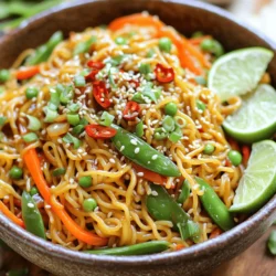 To make Spicy Garlic Hoisin Noodle Stir Fry, you need a few key ingredients. These ingredients help create that bold flavor and vibrant color that makes this dish so appealing. - 8 ounces rice noodles - 2 tablespoons hoisin sauce - 2 tablespoons soy sauce - 1 tablespoon sesame oil - 2 cloves garlic, minced - 1 teaspoon fresh ginger, grated - 1 red bell pepper, sliced - 1 cup snap peas - 1 carrot, julienned - 1 small red onion, thinly sliced - 1-2 red chili peppers, sliced (adjust based on heat preference) - 1 tablespoon vegetable oil - 2 green onions, chopped (for garnish) - Sesame seeds (for garnish) These ingredients are easy to find at your local store. Rice noodles are the base. They soak up all the lovely sauces. Hoisin sauce adds sweetness, while soy sauce gives it saltiness. Sesame oil brings a nutty flavor that ties everything together. Fresh veggies add color and crunch, making this dish not just tasty but also good for you. 1. Start by cooking 8 ounces of rice noodles. Follow the package instructions for the best results. 2. Once the noodles are cooked, drain them. Rinse under cold water to stop the cooking. This step helps to prevent sticking. Set them aside while you prepare the sauce. 1. In a small bowl, combine 2 tablespoons of hoisin sauce, 2 tablespoons of soy sauce, and 1 tablespoon of sesame oil. 2. Whisk these together until smooth. Set this sauce aside to use later. 1. Heat 1 tablespoon of vegetable oil in a large wok or a non-stick pan over medium-high heat. 2. Add 2 cloves of minced garlic and 1 teaspoon of grated fresh ginger to the pan. Sauté them for about 30 seconds until they smell great. 3. Next, add 1 small red onion, thinly sliced, and 1 red bell pepper, sliced. Stir-fry these for about 2-3 minutes until they start to soften. 4. Now, toss in 1 cup of snap peas and 1 julienned carrot. Stir-fry for another 2 minutes. All the veggies should be crisp-tender at this point. 1. Add the cooked rice noodles to the pan. Pour the hoisin sauce mixture over them. 2. Stir well to mix everything together. Heat all the ingredients through for about 2-3 minutes. 3. Taste the dish. Adjust seasoning with salt or more soy sauce if needed. For extra heat, add sliced red chili peppers now. 4. When done, remove from heat. Garnish with chopped green onions and sesame seeds before serving. To avoid stickiness, rinse cooked rice noodles under cold water. This step cools the noodles and washes away excess starch. If you need to store noodles, toss them with a little oil. This keeps them from clumping together. For cooking time, follow the package instructions. Most rice noodles take about 5-7 minutes to cook. Check them a minute early to ensure they are just tender. For extra flavor, consider adding crushed red pepper or a splash of rice vinegar. These can boost the taste without overwhelming the dish. You can also try adding fresh herbs like cilantro or basil for a fresh touch. To adjust spice levels, taste the dish as you cook. If you want more heat, add more sliced chili peppers. For less heat, remove the seeds from the peppers first. A large wok is best for this stir fry. It allows for even cooking and easy tossing of ingredients. If you don’t have a wok, a non-stick pan works well, too. Use a wooden spoon or spatula for stirring. This prevents scratching your cookware and helps you control the heat better. A pair of tongs is also handy for tossing the noodles. {{image_2}} You can easily add protein to your Spicy Garlic Hoisin Noodle Stir Fry. Here are some tasty options: - Chicken: Cut it into thin strips. Cook it first, then set it aside. Add it back in with the noodles. - Shrimp: Peel and devein shrimp. Sauté them for a few minutes until pink. Toss them in with the noodles. - Tofu: Use firm tofu. Cube it and pan-fry until golden. This gives a nice texture and flavor. These options bring different tastes and textures. Feel free to mix and match based on what you enjoy! Switch up the veggies for fun and flavor. Here are some great suggestions: - Broccoli: It adds crunch and absorbs the sauce well. - Mushrooms: They give a rich umami taste to the dish. - Zucchini: Slice it thin. It cooks quickly and adds a fresh feel. - Cabbage: Use green or purple. It adds a nice crunch and color. Using different veggies keeps the dish exciting and colorful. Try what you have at home! If you need a gluten-free meal, you can easily adjust this recipe. Here are some ideas: - Rice Noodles: They are already gluten-free. Just check the package to be sure. - Zoodles: These are zucchini noodles. They are light and fun to use. - Shirataki Noodles: Made from konjac, they are low in carbs and gluten-free. These options let everyone enjoy this tasty meal without worry. Just remember to check labels for any hidden gluten! To keep your Spicy Garlic Hoisin Noodle Stir Fry fresh, let it cool first. Place the noodles in an airtight container. Store them in the fridge for up to three days. This keeps the flavors intact and prevents spoilage. Make sure to separate the sauce if possible. This helps to maintain the texture of the noodles. When you're ready to enjoy leftovers, reheat them on the stove. Heat a pan over medium heat. Add a splash of water or oil to prevent sticking. Stir the noodles gently for about 3-5 minutes. This will warm them up without losing their nice texture. You can also use a microwave, but be careful not to overcook them. If you want to save some for later, freezing works well. Place cooled noodles in a freezer-safe bag. Squeeze out as much air as you can before sealing. They can last up to three months in the freezer. When ready to eat, thaw them overnight in the fridge. Then reheat as mentioned above for the best taste and texture. Yes, you can easily make this dish vegan. Just swap out the hoisin sauce and soy sauce for vegan versions. Many brands offer vegan-friendly sauces. You can also replace the sesame oil with a plant-based oil like olive oil. For extra protein, add tofu or tempeh. To change the spice level, you can add or reduce chili peppers. If you want more heat, add more sliced red chili peppers while cooking. For less heat, start with one chili or remove the seeds. You can also mix in a little sugar to balance the heat. This stir fry pairs well with many sides. You could serve it with a fresh salad or some steamed broccoli. If you like crunch, try crispy spring rolls. For a complete meal, add a light soup like miso soup. These sides will complement the rich flavors of the stir fry. This blog post covers the key ingredients for Spicy Garlic Hoisin Noodle Stir Fry, along with detailed steps and helpful tips. You learned how to cook the perfect rice noodles, make a flavorful sauce, and stir-fry fresh veggies. Remember, adjusting flavors and choosing fresh ingredients makes a big difference. Don't hesitate to try different proteins or veggies. Store leftovers correctly and enjoy them later. The cooking tips will help you impress anyone. Now go ahead and create a delicious meal that suits your taste!