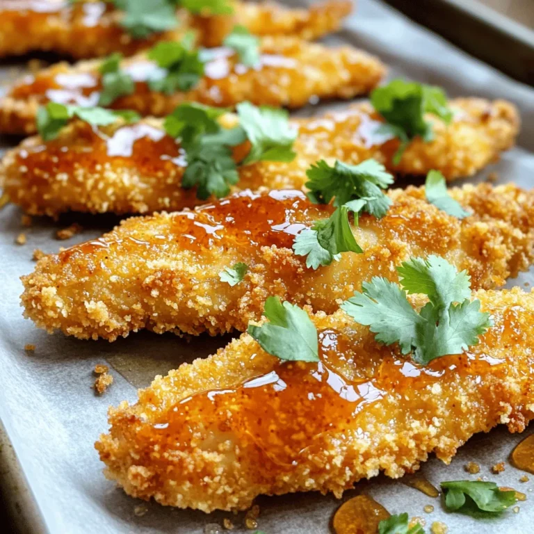 - 1 lb chicken tenders: Chicken tenders are lean and cook quickly. For a lighter option, use turkey tenders. - 1/2 cup all-purpose flour: This helps the coating stick. You can swap it with almond flour for a gluten-free option. - 1/2 cup breadcrumbs (panko for extra crunch): Panko gives a great crunch. Regular breadcrumbs work too, but they may be less crispy. - 1 teaspoon garlic powder: This adds a nice depth of flavor. Fresh minced garlic can also be used. - 1 teaspoon onion powder: It enhances the savory taste. You can use fresh onions, but they may add moisture. - 1/2 teaspoon paprika: This gives a subtle sweetness and color. Smoked paprika adds a nice twist if you like a deeper flavor. - Salt and pepper to taste: These basic seasonings bring out all the flavors. Use sea salt for a touch of fancy. - 1 large egg: The egg helps the breadcrumbs stick well. For a vegan option, use a flax egg. - 1/4 cup honey: Honey adds sweetness and helps create a glaze. Maple syrup makes a good substitute. - 1/4 cup Sriracha sauce: Sriracha brings heat and tang. If you want less spice, try a milder hot sauce. - 1 tablespoon soy sauce: This adds umami and depth. Tamari is a great gluten-free alternative. - Fresh cilantro for garnish (optional): Cilantro adds a fresh taste and color. If you dislike cilantro, try green onions or parsley. When picking Sriracha, look for a brand that has a good balance of heat and sweetness. Check the label for quality ingredients. For honey, choose raw or organic honey for the best flavor. This will enhance your dish and make it even tastier! - Preheat your oven to 400°F (200°C). This helps the chicken cook evenly. - Line a baking sheet with parchment paper. This makes cleanup easy. - In a shallow bowl, mix together: - 1/2 cup all-purpose flour - 1 teaspoon garlic powder - 1 teaspoon onion powder - 1/2 teaspoon paprika - Salt and pepper to taste - In another shallow bowl, beat one large egg until mixed well. - Set up a third bowl with 1/2 cup breadcrumbs. Panko is best for crunch. - Take a chicken tender and coat it first in the flour mixture. Shake off any extra flour. - Next, dip the floured chicken into the beaten egg. Let the excess egg drip off. - Finally, coat the chicken tender in the breadcrumbs. Press gently to help them stick. - Place the coated tenders on the prepared baking sheet. - In a small bowl, mix together: - 1/4 cup honey - 1/4 cup Sriracha sauce - 1 tablespoon soy sauce - Brush half of this Sriracha honey mix over the chicken tenders before baking. - Bake the tenders for 15-20 minutes. They should be golden and crispy. - In the last few minutes, brush the remaining Sriracha honey mixture on top. This gives a perfect glaze. - Let the chicken rest for a couple of minutes after baking. This makes them juicier. - If you like, sprinkle fresh chopped cilantro on top. It adds color and flavor. To get that perfect crunch, use panko breadcrumbs. Panko is lighter and flakier than regular breadcrumbs. It adds extra texture and crispness to your chicken tenders. If you prefer frying, make sure your oil is hot enough. This helps create a golden crust quickly. For oven baking, don’t skip the brush of oil on your tenders. This little step makes a big difference in crispiness. To boost flavor, add spices or herbs to your mix. Consider Italian seasoning or smoked paprika for a twist. You can also try marinating your chicken tenders. A simple mix of soy sauce and garlic works wonders. Let the chicken sit for at least 30 minutes for better results. This will infuse your tenders with flavor before cooking. Pair your Sriracha honey chicken tenders with fresh veggies. Crisp coleslaw or a light salad complements the dish well. For dipping, try ranch or a cool yogurt sauce. These add a creamy balance to the heat of the Sriracha. You can also serve it with sweet dipping sauces like honey mustard for a fun twist. {{image_2}} You can adjust the spice level of Sriracha. If you want it milder, use less sauce. For more heat, add more Sriracha. You can also mix in chili powder or cayenne for extra kick. If you want to swap honey, try maple syrup or agave nectar. These will add a different sweetness. Brown sugar can also work if you want a rich flavor. Air frying gives Sriracha honey chicken tenders a crispy texture with less oil. Set your air fryer to 400°F (200°C) and cook for about 10-12 minutes. Check for doneness and enjoy that crunch! Grilling adds a smoky flavor. Marinate the chicken tenders in the Sriracha honey mix. Grill for about 5-7 minutes per side. This will make them juicy and packed with flavor. To make it gluten-free, swap all-purpose flour with almond flour or coconut flour. Use gluten-free breadcrumbs to keep the crunch. You can substitute chicken tenders with other proteins. Try shrimp or tofu for a fun twist. Just adjust the cooking time based on the protein you choose. To keep your chicken tenders fresh, follow these steps: - Place them in an airtight container. - Refrigerate them within two hours after cooking. - Use them within three days for the best taste. If you want to store them longer: - Wrap each tender tightly in plastic wrap. - Place them in a freezer-safe bag. - Label the bag with the date. - They can last up to three months in the freezer. When it's time to enjoy your leftovers, reheating is key. Here’s how to do it well: - For the oven, preheat to 375°F (190°C). - Place the tenders on a baking sheet. - Heat for about 10-15 minutes to restore crispiness. You can also use an air fryer: - Set it to 350°F (175°C). - Cook for around 5-7 minutes for a crispy finish. For safe eating, always check that the chicken reaches an internal temperature of 165°F (74°C). Enjoy your crispy goodness! Sriracha is a hot sauce made from chili peppers, vinegar, garlic, sugar, and salt. It has a spicy and tangy flavor. Many enjoy its bold taste. You can find it in most grocery stores. Sriracha adds a kick to many dishes. It pairs well with meats, veggies, and even eggs. Yes, you can prep Sriracha honey chicken tenders in advance. You can bread the chicken and store it in the fridge. This makes it easy to bake later. Just remember to brush the sauce on before baking. This helps keep the tenders juicy and flavorful. If you don’t have Sriracha, you can try other hot sauces. Look for sauces that have a similar heat level. You can also mix chili paste with honey for a sweet and spicy option. For a milder taste, use a sweet barbecue sauce. Adjust the amount to suit your taste. Sriracha honey chicken tenders pair well with many sides. Here are some ideas: - Steamed rice - Roasted vegetables - Coleslaw - French fries - Sweet potato wedges These sides enhance the meal and balance the flavors of the tenders. For the complete step-by-step recipe of Sriracha Honey Chicken Tenders, check [here](#). In this post, we explored how to make Sriracha honey chicken tenders from start to finish. We discussed key ingredients, like Sriracha and honey, and offered tips for the crispiest texture. You learned about different cooking methods and storage tips to keep them fresh. Remember, customizing the flavors and exploring variations can make this dish your own. Enjoy your delicious creation and impress family and friends with these tasty tenders!