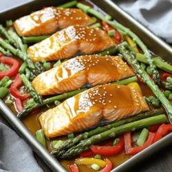 - 4 salmon fillets - 1/4 cup pure maple syrup - 2 tablespoons Dijon mustard - 1 tablespoon soy sauce (or tamari for gluten-free) - 2 cloves garlic, minced - 1 teaspoon ginger, grated The star of this dish is the salmon. It has a rich flavor and is high in good fats. Maple syrup adds sweetness, while Dijon mustard gives it a nice zing. Soy sauce adds depth to the glaze. Fresh garlic and ginger provide warmth and spice that enhance the taste. - 1 pound asparagus, trimmed - 1 red bell pepper, sliced For this meal, I love using asparagus and red bell pepper. Asparagus brings a crisp texture. Red bell pepper adds a sweet crunch and bright color. Together, they balance the rich flavor of the salmon. - 1 tablespoon olive oil - Salt and pepper to taste - Sesame seeds and chopped green onions for garnish (optional) Olive oil helps to crisp up the veggies. Salt and pepper are key for flavor. For a finishing touch, sprinkle sesame seeds and green onions. They add texture and a fresh taste. This easy sheet pan meal is not just tasty but also colorful and healthy. You can make it on busy weeknights or any special occasion. Enjoy creating this dish! - Preheat your oven to 400°F (200°C). - Line a large baking sheet with parchment paper for easy cleanup. Starting with a hot oven helps the salmon cook evenly. The parchment paper keeps the sheet clean and makes for easy serving. - In a small bowl, whisk together: - 1/4 cup pure maple syrup - 2 tablespoons Dijon mustard - 1 tablespoon soy sauce - 2 cloves garlic, minced - 1 teaspoon ginger, grated This glaze adds a sweet and tangy flavor to the salmon. Make sure to mix well until it’s smooth. - Brush the glaze generously on the salmon fillets, but save some for later. - Place the salmon fillets on one side of the prepared baking sheet. - On the other side, arrange: - 1 pound asparagus, trimmed - 1 red bell pepper, sliced Drizzle the veggies with 1 tablespoon olive oil. Season with salt and pepper. Toss them lightly to coat. This helps the vegetables roast well and adds flavor. - Bake in the preheated oven for 15-20 minutes. - Check for doneness using a fork. The salmon should flake easily, and the veggies should be tender. During the last 5 minutes, brush the salmon with the reserved glaze. This gives it a nice shine and extra flavor. Once done, remove the pan from the oven and let it rest for a couple of minutes. Enjoy your meal! To check if your salmon is done, look for flakiness. When you poke it with a fork, it should break apart easily. The flesh should change from a translucent pink to a more opaque color. Using a meat thermometer is a smart way to make sure your salmon is perfect. Insert it into the thickest part of the fillet. The ideal temperature for salmon is 145°F (63°C). This will ensure your meal is safe to eat and still juicy. For even cooking, cut your vegetables into similar sizes. This helps them cook at the same rate. When you spread them out on the sheet pan, make sure they aren’t crowded. This allows air to circulate and makes them crisp. If you don’t have asparagus or red bell pepper, try using broccoli or zucchini. Both work well with the glaze and add different flavors. You can also use green beans or carrots for a nice crunch. To add more flavor, consider spices like paprika or cayenne for heat. You can also add fresh herbs like thyme or rosemary for a fragrant touch. Just sprinkle them on before baking. You can customize the glaze too! Try adding orange juice for a citrus twist or a splash of balsamic vinegar for depth. Mixing in some chili paste will give it a spicy kick. Adjust it to your taste for a unique dish every time. {{image_2}} You can easily make this meal more flexible. If you need a gluten-free option, swap soy sauce for tamari. It tastes great and works well with the other flavors. You can also try coconut aminos for a sweeter touch. For sweeteners, you can use honey or agave nectar in place of maple syrup. Each will give a unique flavor but will still enhance the glaze. Just remember to adjust the amount slightly, since some sweeteners are stronger than others. Pair your maple glazed salmon with grains like quinoa or brown rice. These add texture and help soak up the glaze. A fresh salad with mixed greens also works well. Try adding slices of avocado or a citrus dressing for extra flavor. For side ideas, roasted sweet potatoes or steamed broccoli complement the salmon nicely. You can also think about serving with a light coleslaw for crunch. If you cook for a larger group, simply multiply the ingredients. Use two baking sheets if needed. Just ensure that the salmon fillets have space to cook evenly. For meal prep, you can make this dish ahead. Store the salmon and veggies in separate containers. When you are ready to eat, just reheat in the oven. It keeps well for a few days in the fridge. To keep your Maple Glazed Salmon fresh, store it in the fridge. Place the salmon and veggies in an airtight container. This helps to lock in the moisture and flavor. It is best to eat leftovers within three days for optimal taste. For best results, separate the salmon from the vegetables. This way, each ingredient retains its unique texture. Use glass or plastic containers with tight lids. Glass containers are great for reheating in the oven or microwave. If you use plastic, make sure it is microwave-safe. This helps you avoid any unwanted chemicals leaching into your food. When it's time to enjoy your leftovers, reheating is key. For salmon, preheat your oven to 350°F (175°C). Place the salmon on a baking sheet with veggies. Heat for about 10-15 minutes. This helps the salmon stay juicy and the veggies warm. Avoid overcooking to keep your salmon tender. You can also reheat in the microwave, but do it in short bursts. Heat in 30-second intervals to prevent it from drying out. Covering the dish with a damp paper towel can help keep moisture. If you want to save your meal for later, freezing is an option. First, let the dish cool completely. Then, wrap each salmon fillet tightly in plastic wrap. Place the wrapped salmon in a freezer bag. This prevents freezer burn and keeps it fresh. For the veggies, you can freeze them together with the salmon. Just pack them into a freezer-safe container. Make sure to remove as much air as possible. This helps preserve flavor and texture. To enjoy your frozen meal, thaw it slowly in the fridge overnight. If you're in a hurry, you can use the microwave's defrost setting. After thawing, follow the reheating instructions mentioned earlier for the best results. Enjoy your tasty meal at any time! For best results, bake salmon for 15-20 minutes. The exact time depends on thickness. If your fillet is thicker, add a few extra minutes. You want the salmon to flake easily. A good rule is to check it at 15 minutes. Yes, you can use frozen salmon! Thaw it first for even cooking. The best way to thaw is overnight in the fridge. If you’re short on time, place the salmon in a sealed bag. Then, submerge it in cold water for about 30 minutes. This method works well and keeps the fish safe. Many sides complement this dish. Try roasted potatoes for a hearty option. Quinoa adds a nice grainy texture. A fresh salad with greens is also great. You can even serve it with steamed rice. Each side adds its own flavor, making your meal complete. This blog covered how to make a tasty maple glazed salmon. You learned about key ingredients, like salmon fillets, maple syrup, and tasty vegetables. The step-by-step guide showed you how to prep, bake, and enhance flavors. We also dug into variations, tips for cooking, and how to store leftovers. Now you can impress friends and family with this easy dish. Enjoy the process and your delicious meal!