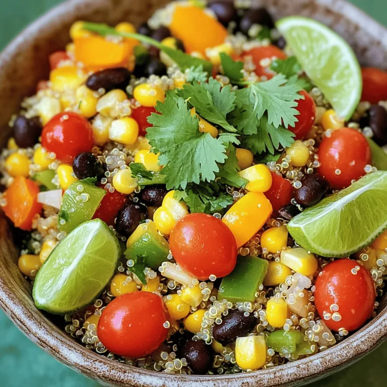 To make the Zesty Cilantro Lime Quinoa Salad, you will need these ingredients: - 1 cup quinoa, rinsed - 2 cups vegetable broth - 1 cup cherry tomatoes, halved - 1 can black beans, rinsed and drained - 1 bell pepper (any color), diced - 1 small red onion, finely chopped - 1 cup corn (fresh, frozen, or canned) - 1/2 cup fresh cilantro, chopped - Juice of 2 limes - 2 tablespoons olive oil - 1 teaspoon cumin - Salt and pepper to taste When picking fresh produce, select vibrant and firm items. Look for tomatoes that are bright and smooth. Choose bell peppers with shiny skin and no soft spots. Fresh cilantro should smell strong and look bright green. If you have dietary restrictions, this salad can easily fit your needs. It is naturally gluten-free and vegan. For a protein boost, add grilled chicken or tofu. You can replace quinoa with brown rice or millet for different flavors. Start by rinsing one cup of quinoa under cold water. This helps remove bitterness. Next, place the quinoa in a medium pot with two cups of vegetable broth. The broth adds great flavor to the quinoa. Bring it to a boil over medium-high heat. Once boiling, lower the heat to low, cover, and let it simmer for 15 minutes. When done, the quinoa will be fluffy, and the broth will be absorbed. Remove it from the heat and let it sit covered for 5 minutes. Fluff it with a fork. Set it aside to cool to room temperature. In a large mixing bowl, combine the veggies. Use one cup of halved cherry tomatoes, one can of rinsed and drained black beans, and one diced bell pepper. Add one finely chopped red onion and one cup of corn. Don’t forget the fresh cilantro; you need half a cup, chopped. For easy chopping, use a sharp knife. Cut the veggies into small pieces for a nice mix. This helps each bite have all the flavors. For the lime vinaigrette, grab a small bowl. Whisk together the juice of two limes, two tablespoons of olive oil, one teaspoon of cumin, salt, and pepper. Mix until it's well combined. Taste it! If you want it tangier, add more lime juice. If it needs more flavor, add salt. Once the quinoa has cooled, add it to the veggie mix. Pour the vinaigrette over the top and gently toss everything until well coated. To boost flavor, try adding spices like chili powder or smoked paprika. These spices add warmth and depth. When taste testing, always start with small amounts of salt and lime juice. You can add more later if needed. Mix well and taste between each addition to find the right balance. To prevent mushy quinoa, rinse it well before cooking. Rinsing removes bitter saponins. Always use the right water-to-quinoa ratio. For fluffy quinoa, use two cups of broth for one cup of quinoa. After cooking, let it cool for at least 5 minutes. This step keeps the grains separate and light. Serve this salad with fresh avocado slices for creaminess. You can also add crumbled feta cheese for a salty bite. To serve, chill in the fridge for 30 minutes. This allows the flavors to blend. You can serve it cold or at room temperature, making it ideal for picnics or potlucks. {{image_2}} You can change your salad with seasonal vegetables. In spring, add fresh peas or asparagus. Summer is perfect for diced cucumbers or zucchini. In fall, try roasted butternut squash or sweet potatoes. Winter brings hearty greens like kale or spinach. Fruits add a sweet touch. Consider adding diced mango or orange segments for a tropical twist. Apples or pears can also work well in the fall. Berries like strawberries or blueberries can brighten the dish in summer. If you want more protein, consider adding grilled chicken or shrimp. These options make the salad even heartier. For a plant-based choice, add tofu or tempeh. You can also toss in some nuts or seeds, like almonds or pumpkin seeds. To make it a complete meal, serve the salad with a side of whole grain bread or wrap. This will help you feel full and satisfied. You can switch up the lime vinaigrette for different flavors. Try a balsamic or red wine vinegar dressing for a tangy taste. A creamy avocado dressing is another great alternative. It adds richness and goes well with the salad ingredients. Other dressings that work well include tahini or yogurt-based dressings. Each will bring a new twist and pair nicely with the flavors in your salad. To keep your Zesty Cilantro Lime Quinoa Salad fresh, store it in an airtight container. This helps seal in flavors and maintains texture. Place the container in the fridge right after serving. If you want to refresh the salad, add a splash of lime juice or a drizzle of olive oil. This brightens the flavors and helps revive the salad. Zesty Cilantro Lime Quinoa Salad lasts about 3 to 5 days in the fridge. Always check for signs of spoilage before eating. Look for any off-smells, slimy textures, or changes in color. If you notice any of these, it's best to toss the salad. You can prepare this salad in advance for quick meals. Cook the quinoa and chop the veggies ahead of time. Store them separately until you're ready to mix. For easy lunches, pack the salad in mason jars. Layer the ingredients with the dressing at the bottom to keep it fresh. Just shake and enjoy when you're ready to eat. Yes, you can make this salad ahead. It tastes even better after chilling. You can prepare it a day in advance. Just store it in the fridge in a sealed container. The flavors will blend nicely, making it a great meal prep option. If you want to avoid quinoa, try using rice or couscous. Both options will give you a similar texture. You can also use farro or barley for a hearty feel. Each substitute adds its own flavor and texture to the salad. Yes, this salad is gluten-free! Quinoa is naturally gluten-free. The other ingredients, like beans and veggies, are also gluten-free. Always check labels if you use canned goods to be safe. To add heat, try mixing in diced jalapeños or a pinch of cayenne pepper. You can also add hot sauce to the lime vinaigrette for extra kick. Adjust the spice level to your taste. Experiment and enjoy the zing! The Zesty Cilantro Lime Quinoa Salad is fresh, tasty, and easy to make. You learned the best ingredient choices, cooking steps, and tips for great flavor. I shared ways to enhance texture and variations for every season. Remember, this salad is perfect for meal prep and tastes great chilled or at room temperature. If you follow these steps, you will enjoy a delightful dish. Enjoy making this salad and share it with friends and family!