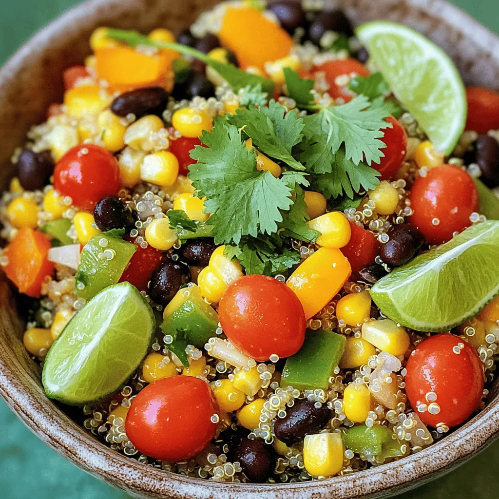 To make the Zesty Cilantro Lime Quinoa Salad, you will need these ingredients: - 1 cup quinoa, rinsed - 2 cups vegetable broth - 1 cup cherry tomatoes, halved - 1 can black beans, rinsed and drained - 1 bell pepper (any color), diced - 1 small red onion, finely chopped - 1 cup corn (fresh, frozen, or canned) - 1/2 cup fresh cilantro, chopped - Juice of 2 limes - 2 tablespoons olive oil - 1 teaspoon cumin - Salt and pepper to taste When picking fresh produce, select vibrant and firm items. Look for tomatoes that are bright and smooth. Choose bell peppers with shiny skin and no soft spots. Fresh cilantro should smell strong and look bright green. If you have dietary restrictions, this salad can easily fit your needs. It is naturally gluten-free and vegan. For a protein boost, add grilled chicken or tofu. You can replace quinoa with brown rice or millet for different flavors. Start by rinsing one cup of quinoa under cold water. This helps remove bitterness. Next, place the quinoa in a medium pot with two cups of vegetable broth. The broth adds great flavor to the quinoa. Bring it to a boil over medium-high heat. Once boiling, lower the heat to low, cover, and let it simmer for 15 minutes. When done, the quinoa will be fluffy, and the broth will be absorbed. Remove it from the heat and let it sit covered for 5 minutes. Fluff it with a fork. Set it aside to cool to room temperature. In a large mixing bowl, combine the veggies. Use one cup of halved cherry tomatoes, one can of rinsed and drained black beans, and one diced bell pepper. Add one finely chopped red onion and one cup of corn. Don’t forget the fresh cilantro; you need half a cup, chopped. For easy chopping, use a sharp knife. Cut the veggies into small pieces for a nice mix. This helps each bite have all the flavors. For the lime vinaigrette, grab a small bowl. Whisk together the juice of two limes, two tablespoons of olive oil, one teaspoon of cumin, salt, and pepper. Mix until it's well combined. Taste it! If you want it tangier, add more lime juice. If it needs more flavor, add salt. Once the quinoa has cooled, add it to the veggie mix. Pour the vinaigrette over the top and gently toss everything until well coated. To boost flavor, try adding spices like chili powder or smoked paprika. These spices add warmth and depth. When taste testing, always start with small amounts of salt and lime juice. You can add more later if needed. Mix well and taste between each addition to find the right balance. To prevent mushy quinoa, rinse it well before cooking. Rinsing removes bitter saponins. Always use the right water-to-quinoa ratio. For fluffy quinoa, use two cups of broth for one cup of quinoa. After cooking, let it cool for at least 5 minutes. This step keeps the grains separate and light. Serve this salad with fresh avocado slices for creaminess. You can also add crumbled feta cheese for a salty bite. To serve, chill in the fridge for 30 minutes. This allows the flavors to blend. You can serve it cold or at room temperature, making it ideal for picnics or potlucks. {{image_2}} You can change your salad with seasonal vegetables. In spring, add fresh peas or asparagus. Summer is perfect for diced cucumbers or zucchini. In fall, try roasted butternut squash or sweet potatoes. Winter brings hearty greens like kale or spinach. Fruits add a sweet touch. Consider adding diced mango or orange segments for a tropical twist. Apples or pears can also work well in the fall. Berries like strawberries or blueberries can brighten the dish in summer. If you want more protein, consider adding grilled chicken or shrimp. These options make the salad even heartier. For a plant-based choice, add tofu or tempeh. You can also toss in some nuts or seeds, like almonds or pumpkin seeds. To make it a complete meal, serve the salad with a side of whole grain bread or wrap. This will help you feel full and satisfied. You can switch up the lime vinaigrette for different flavors. Try a balsamic or red wine vinegar dressing for a tangy taste. A creamy avocado dressing is another great alternative. It adds richness and goes well with the salad ingredients. Other dressings that work well include tahini or yogurt-based dressings. Each will bring a new twist and pair nicely with the flavors in your salad. To keep your Zesty Cilantro Lime Quinoa Salad fresh, store it in an airtight container. This helps seal in flavors and maintains texture. Place the container in the fridge right after serving. If you want to refresh the salad, add a splash of lime juice or a drizzle of olive oil. This brightens the flavors and helps revive the salad. Zesty Cilantro Lime Quinoa Salad lasts about 3 to 5 days in the fridge. Always check for signs of spoilage before eating. Look for any off-smells, slimy textures, or changes in color. If you notice any of these, it's best to toss the salad. You can prepare this salad in advance for quick meals. Cook the quinoa and chop the veggies ahead of time. Store them separately until you're ready to mix. For easy lunches, pack the salad in mason jars. Layer the ingredients with the dressing at the bottom to keep it fresh. Just shake and enjoy when you're ready to eat. Yes, you can make this salad ahead. It tastes even better after chilling. You can prepare it a day in advance. Just store it in the fridge in a sealed container. The flavors will blend nicely, making it a great meal prep option. If you want to avoid quinoa, try using rice or couscous. Both options will give you a similar texture. You can also use farro or barley for a hearty feel. Each substitute adds its own flavor and texture to the salad. Yes, this salad is gluten-free! Quinoa is naturally gluten-free. The other ingredients, like beans and veggies, are also gluten-free. Always check labels if you use canned goods to be safe. To add heat, try mixing in diced jalapeños or a pinch of cayenne pepper. You can also add hot sauce to the lime vinaigrette for extra kick. Adjust the spice level to your taste. Experiment and enjoy the zing! The Zesty Cilantro Lime Quinoa Salad is fresh, tasty, and easy to make. You learned the best ingredient choices, cooking steps, and tips for great flavor. I shared ways to enhance texture and variations for every season. Remember, this salad is perfect for meal prep and tastes great chilled or at room temperature. If you follow these steps, you will enjoy a delightful dish. Enjoy making this salad and share it with friends and family!