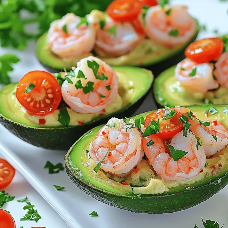 - 2 ripe avocados - 1 pound large shrimp, peeled and deveined - 4 cloves garlic, minced - 2 tablespoons olive oil - 1 tablespoon fresh lemon juice - 1 teaspoon lemon zest - 1/4 teaspoon red pepper flakes (adjust to taste) - Salt and pepper to taste - 2 tablespoons fresh parsley, chopped - 1/4 cup cherry tomatoes, halved (for garnish) You can add a pinch of smoked paprika for depth. A splash of white wine can boost the sauce's flavor. If you want more heat, include extra red pepper flakes. You might also enjoy a sprinkle of Parmesan cheese on top. Fresh basil can replace parsley for a different taste. If you're allergic to shrimp, try using chicken or tofu. For a vegan option, use chickpeas instead of shrimp. If you're watching carbs, skip the avocado and serve the filling on a bed of greens. For gluten-free needs, all the ingredients are naturally gluten-free. Start by cutting the avocados in half. Use a sharp knife and be careful! Remove the pits gently. Scoop out a bit of the avocado flesh with a spoon. This makes room for the filling. Save the scooped-out flesh in a bowl for later. You will mix it into the shrimp filling. In a large skillet, heat olive oil over medium heat. Add minced garlic and red pepper flakes. Sauté for 1-2 minutes until you smell the garlic. Be careful not to burn it! Next, add the shrimp to the skillet. Season them with salt and pepper. Cook for 3-4 minutes until the shrimp turn pink and opaque. Stir occasionally for even cooking. Once the shrimp are cooked, take the skillet off the heat. Stir in fresh lemon juice, lemon zest, and chopped parsley. Gently fold in the reserved avocado flesh. This adds creaminess to the filling. Now it’s time to fill the avocados. Spoon the shrimp scampi mixture into the avocado halves. Press gently to pack the filling. This helps it stay in place. For a nice touch, garnish with halved cherry tomatoes on top. They add color and freshness to your dish. Enjoy your beautiful shrimp scampi stuffed avocados! Choosing the right avocados is key. You want ripe avocados that are not too soft. Gently squeeze the avocado; it should yield a bit but not feel mushy. Look for a dark green skin with some texture. Avoid any that have large dark spots or feel overly firm. If you buy hard avocados, let them ripen on the counter for a few days. Once ripe, store them in the fridge to slow down the ripening process. Cooking shrimp can be simple if you follow a few tips. Start with fresh or thawed shrimp that are peeled and deveined. Heat your skillet to medium heat before adding olive oil. This helps the shrimp cook evenly. Season the shrimp well with salt and pepper. Cook them for about 3-4 minutes until they are pink and opaque. Overcooking makes shrimp tough, so keep an eye on them. Stir occasionally for even cooking. Presentation makes a dish more inviting. For stuffed avocados, use a bright white platter to make the colors pop. Place the avocado halves neatly on the platter. Drizzle a bit of extra olive oil on top for shine. You can also sprinkle more fresh parsley for a fresh look. Adding halved cherry tomatoes not only adds color but also freshness. This simple touch makes your dish look gourmet and appetizing. {{image_2}} You can swap shrimp for other proteins. Chicken works well here. Use cooked, shredded chicken. Crab is another tasty choice. Simply mix in lump crab meat instead of shrimp. Both options add great flavor and texture. If you want a veggie option, use cooked mushrooms. They give a nice texture. You can also try chickpeas. Just mash them slightly and mix with the garlic and spices. For a fresh twist, add diced bell peppers. They add color and crunch. Enhance your dish with spices and herbs. Add a pinch of smoked paprika for a smoky flavor. You can also try fresh basil or cilantro. Both herbs add a fresh taste. A squeeze of lime juice brightens the flavor too. Don't be afraid to experiment! To store leftovers, place any uneaten stuffed avocados in an airtight container. Make sure to keep them in the fridge. They are best eaten within one day. The avocado can brown quickly, so try to eat it soon. If you have extra shrimp scampi filling, you can store that too. Keep it in a separate container for better freshness. I recommend not freezing stuffed avocados. The texture of the avocado changes when frozen. However, you can freeze the shrimp scampi filling. Place it in a freezer-safe bag. Remove as much air as you can. It will stay fresh for up to three months. When you're ready, thaw it in the fridge overnight. To reheat shrimp scampi, use a skillet. Heat it over medium-low heat. Stir the filling gently until warmed through. Avoid high heat to keep the shrimp tender. If you need to reheat in the microwave, use a microwave-safe dish. Heat in short bursts, stirring in between. Enjoy the filling warm and fresh inside the avocado! Yes, you can prepare Shrimp Scampi Stuffed Avocados ahead of time. However, I suggest waiting to fill the avocados until you are ready to serve. The avocado can brown quickly once cut. To keep the filling fresh, you can cook the shrimp mixture and store it in the fridge. Just remember to add the filling to the avocados just before serving for the best flavor and texture. Yes, you can use frozen shrimp. Just make sure to thaw them first. To do this, place the shrimp in a bowl of cold water for about 15-20 minutes. Once thawed, peel and devein them if needed. Frozen shrimp can work well in this recipe. They taste great when cooked properly and can save you time. You can serve Shrimp Scampi Stuffed Avocados with many side dishes. Here are some tasty options: - Light salad with mixed greens - Garlic bread for dipping - Rice or quinoa for a filling meal - A chilled white wine for a nice touch These sides pair well and enhance your meal experience. Enjoy your cooking! You learned how to make Shrimp Scampi Stuffed Avocados. We covered the key ingredients and fun options to add flavor. I shared easy steps for prepping avocados and cooking shrimp. I also gave helpful tips for picking avocados and serving the dish. If you want, try new proteins or flavor boosts. Remember, you can store leftovers and even freeze them. Making this dish is fun and tasty. Enjoy your cooking adventure!