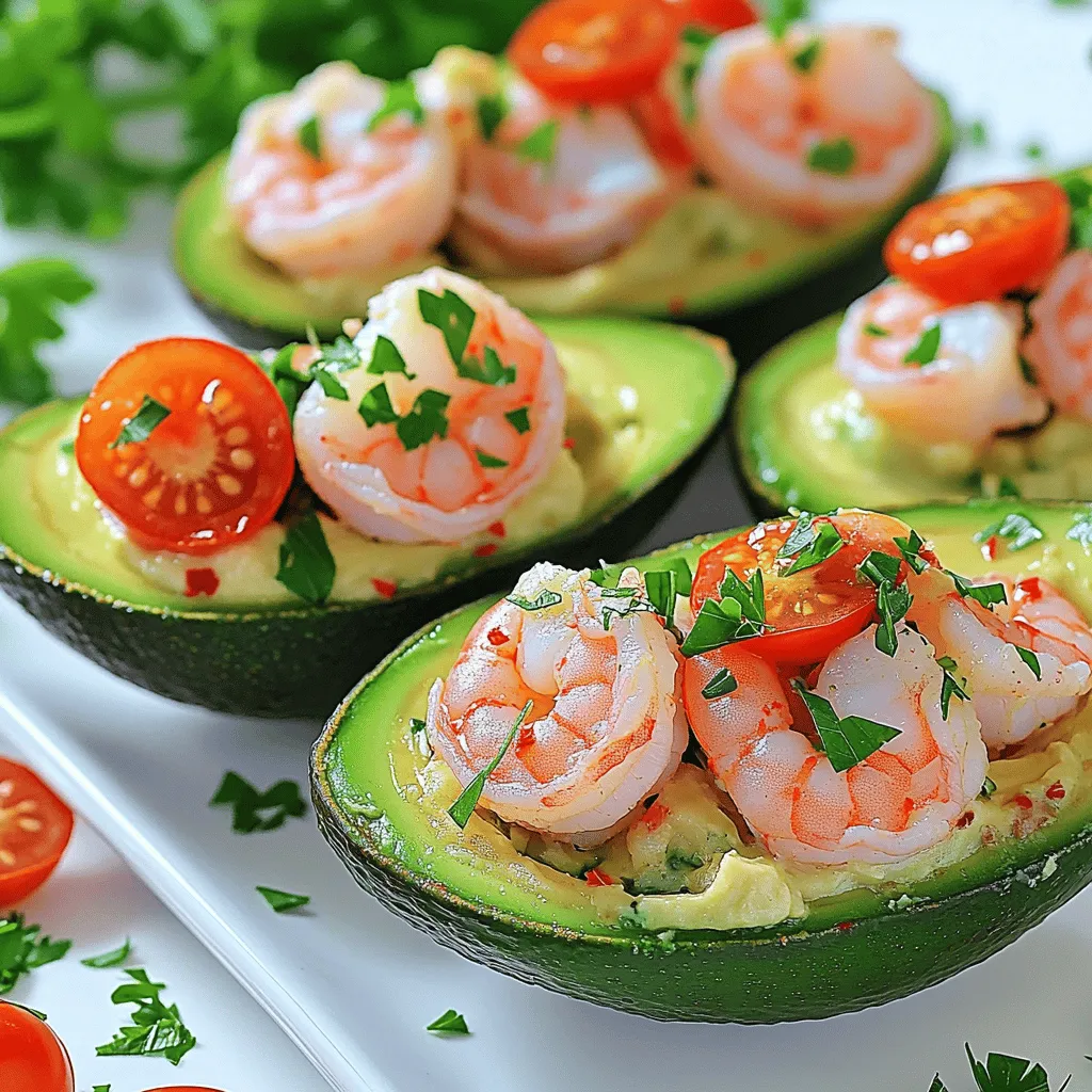 - 2 ripe avocados - 1 pound large shrimp, peeled and deveined - 4 cloves garlic, minced - 2 tablespoons olive oil - 1 tablespoon fresh lemon juice - 1 teaspoon lemon zest - 1/4 teaspoon red pepper flakes (adjust to taste) - Salt and pepper to taste - 2 tablespoons fresh parsley, chopped - 1/4 cup cherry tomatoes, halved (for garnish) You can add a pinch of smoked paprika for depth. A splash of white wine can boost the sauce's flavor. If you want more heat, include extra red pepper flakes. You might also enjoy a sprinkle of Parmesan cheese on top. Fresh basil can replace parsley for a different taste. If you're allergic to shrimp, try using chicken or tofu. For a vegan option, use chickpeas instead of shrimp. If you're watching carbs, skip the avocado and serve the filling on a bed of greens. For gluten-free needs, all the ingredients are naturally gluten-free. Start by cutting the avocados in half. Use a sharp knife and be careful! Remove the pits gently. Scoop out a bit of the avocado flesh with a spoon. This makes room for the filling. Save the scooped-out flesh in a bowl for later. You will mix it into the shrimp filling. In a large skillet, heat olive oil over medium heat. Add minced garlic and red pepper flakes. Sauté for 1-2 minutes until you smell the garlic. Be careful not to burn it! Next, add the shrimp to the skillet. Season them with salt and pepper. Cook for 3-4 minutes until the shrimp turn pink and opaque. Stir occasionally for even cooking. Once the shrimp are cooked, take the skillet off the heat. Stir in fresh lemon juice, lemon zest, and chopped parsley. Gently fold in the reserved avocado flesh. This adds creaminess to the filling. Now it’s time to fill the avocados. Spoon the shrimp scampi mixture into the avocado halves. Press gently to pack the filling. This helps it stay in place. For a nice touch, garnish with halved cherry tomatoes on top. They add color and freshness to your dish. Enjoy your beautiful shrimp scampi stuffed avocados! Choosing the right avocados is key. You want ripe avocados that are not too soft. Gently squeeze the avocado; it should yield a bit but not feel mushy. Look for a dark green skin with some texture. Avoid any that have large dark spots or feel overly firm. If you buy hard avocados, let them ripen on the counter for a few days. Once ripe, store them in the fridge to slow down the ripening process. Cooking shrimp can be simple if you follow a few tips. Start with fresh or thawed shrimp that are peeled and deveined. Heat your skillet to medium heat before adding olive oil. This helps the shrimp cook evenly. Season the shrimp well with salt and pepper. Cook them for about 3-4 minutes until they are pink and opaque. Overcooking makes shrimp tough, so keep an eye on them. Stir occasionally for even cooking. Presentation makes a dish more inviting. For stuffed avocados, use a bright white platter to make the colors pop. Place the avocado halves neatly on the platter. Drizzle a bit of extra olive oil on top for shine. You can also sprinkle more fresh parsley for a fresh look. Adding halved cherry tomatoes not only adds color but also freshness. This simple touch makes your dish look gourmet and appetizing. {{image_2}} You can swap shrimp for other proteins. Chicken works well here. Use cooked, shredded chicken. Crab is another tasty choice. Simply mix in lump crab meat instead of shrimp. Both options add great flavor and texture. If you want a veggie option, use cooked mushrooms. They give a nice texture. You can also try chickpeas. Just mash them slightly and mix with the garlic and spices. For a fresh twist, add diced bell peppers. They add color and crunch. Enhance your dish with spices and herbs. Add a pinch of smoked paprika for a smoky flavor. You can also try fresh basil or cilantro. Both herbs add a fresh taste. A squeeze of lime juice brightens the flavor too. Don't be afraid to experiment! To store leftovers, place any uneaten stuffed avocados in an airtight container. Make sure to keep them in the fridge. They are best eaten within one day. The avocado can brown quickly, so try to eat it soon. If you have extra shrimp scampi filling, you can store that too. Keep it in a separate container for better freshness. I recommend not freezing stuffed avocados. The texture of the avocado changes when frozen. However, you can freeze the shrimp scampi filling. Place it in a freezer-safe bag. Remove as much air as you can. It will stay fresh for up to three months. When you're ready, thaw it in the fridge overnight. To reheat shrimp scampi, use a skillet. Heat it over medium-low heat. Stir the filling gently until warmed through. Avoid high heat to keep the shrimp tender. If you need to reheat in the microwave, use a microwave-safe dish. Heat in short bursts, stirring in between. Enjoy the filling warm and fresh inside the avocado! Yes, you can prepare Shrimp Scampi Stuffed Avocados ahead of time. However, I suggest waiting to fill the avocados until you are ready to serve. The avocado can brown quickly once cut. To keep the filling fresh, you can cook the shrimp mixture and store it in the fridge. Just remember to add the filling to the avocados just before serving for the best flavor and texture. Yes, you can use frozen shrimp. Just make sure to thaw them first. To do this, place the shrimp in a bowl of cold water for about 15-20 minutes. Once thawed, peel and devein them if needed. Frozen shrimp can work well in this recipe. They taste great when cooked properly and can save you time. You can serve Shrimp Scampi Stuffed Avocados with many side dishes. Here are some tasty options: - Light salad with mixed greens - Garlic bread for dipping - Rice or quinoa for a filling meal - A chilled white wine for a nice touch These sides pair well and enhance your meal experience. Enjoy your cooking! You learned how to make Shrimp Scampi Stuffed Avocados. We covered the key ingredients and fun options to add flavor. I shared easy steps for prepping avocados and cooking shrimp. I also gave helpful tips for picking avocados and serving the dish. If you want, try new proteins or flavor boosts. Remember, you can store leftovers and even freeze them. Making this dish is fun and tasty. Enjoy your cooking adventure!