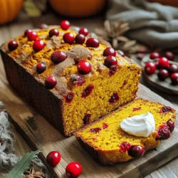 To make this tasty bread, gather these key ingredients: - 1 ½ cups all-purpose flour - 1 teaspoon baking powder - 1 teaspoon baking soda - ½ teaspoon salt - 1 teaspoon ground cinnamon - ½ teaspoon ground nutmeg - ½ cup granulated sugar - ½ cup brown sugar, packed - ½ cup vegetable oil - 2 large eggs - 1 cup canned pumpkin puree - 1 teaspoon vanilla extract - 1 cup fresh or dried cranberries - ½ cup chopped walnuts or pecans (optional) You can make this bread your own! Here are some fun additions: - Chocolate chips for a sweet twist - More spices like ginger or cloves - Zest from an orange or lemon for bright flavor - Dried fruits like raisins or apricots If you lack an ingredient, don't worry! Here are easy swaps: - Use whole wheat flour instead of all-purpose for more fiber. - Swap vegetable oil with melted coconut oil for a new taste. - Replace granulated sugar with honey or maple syrup, but adjust the liquid in the recipe. - Use flax eggs (1 tablespoon flaxseed meal + 2.5 tablespoons water) if you need a vegan option. These options let you create a unique loaf that fits your taste! Start by preheating your oven to 350°F (175°C). Grease a 9x5 inch loaf pan to keep the bread from sticking. In a medium bowl, mix 1 ½ cups of all-purpose flour, 1 teaspoon of baking powder, 1 teaspoon of baking soda, ½ teaspoon of salt, 1 teaspoon of ground cinnamon, and ½ teaspoon of ground nutmeg. Whisk it all together and set it aside. In a large bowl, combine ½ cup of granulated sugar, ½ cup of brown sugar, and ½ cup of vegetable oil. Mix until smooth. Now, add 2 large eggs one at a time, mixing well after each addition. Stir in 1 cup of canned pumpkin puree and 1 teaspoon of vanilla extract until everything blends nicely. Gradually add the dry mix to the wet mix. Stir gently until just combined. Don’t overmix! Fold in 1 cup of cranberries and ½ cup of chopped walnuts or pecans, if you choose to use them. Pour the batter into your prepared loaf pan. Smooth the top with a spatula to make it even. Place it in the oven and bake for about 60-70 minutes. To check if it is done, insert a toothpick into the center. If it comes out clean, your bread is ready. If not, give it a few more minutes. Once baked, let the bread cool in the pan for about 10 minutes. Then, carefully remove it from the pan and place it on a wire rack to cool completely. For serving, slice the bread and place it on a wooden board. Garnish with fresh cranberries and a sprinkle of cinnamon. You can add a dollop of cream cheese or butter on the side for an extra tasty touch! Enjoy your delicious pumpkin cranberry bread! To get a soft and moist bread, focus on mixing. Combine wet and dry ingredients until just mixed. Overmixing makes the bread dense. Use fresh ingredients. Check the dates on your baking powder and baking soda. They should be active for the best rise. Add a dash of orange zest for a bright twist. You can also mix in spices like ginger or allspice. If you want more sweetness, consider using maple syrup instead of some sugar. For a nutty flavor, toast the walnuts or pecans before adding them to the batter. Avoid using too much flour. This can happen if you pack it in the measuring cup. Always spoon flour into the cup and level it off. Another mistake is not letting the bread cool before slicing. If you cut it too soon, it may crumble. Wait for it to cool on a wire rack for the best slices. {{image_2}} You can change up your pumpkin cranberry bread with fun add-ins. Nuts like walnuts or pecans add crunch and flavor. They also boost the bread's nutrition. If you love chocolate, try adding chocolate chips. The sweet chocolate pairs well with the tart cranberries. You can mix and match these add-ins to make your bread unique. Want to give your bread a twist? Try adding spices like ginger or allspice. They add warmth and depth to the flavor. You can also include citrus zest, like orange or lemon. This gives a bright note that enhances the pumpkin and cranberry. Another fun option is to use flavored extracts, like almond or maple. Each flavor creates a new experience. If you need gluten-free bread, swap the all-purpose flour for a gluten-free blend. Make sure the blend has a good balance of flours for the best texture. For a vegan option, replace the eggs with flaxseed meal. Use one tablespoon of flaxseed mixed with three tablespoons of water for each egg. You can also use a plant-based oil instead of vegetable oil. These changes keep your bread tasty and accessible for everyone. To keep your pumpkin cranberry bread fresh, store it in an airtight container. This helps prevent it from drying out. If you plan to eat it within a few days, you can leave it at room temperature. For longer storage, place it in the fridge. Chilling slows down spoilage and keeps it tasty. You can freeze pumpkin cranberry bread for up to three months. To freeze, wrap it tightly in plastic wrap. Then, place it in a freezer bag. When you’re ready to eat it, thaw it overnight in the fridge. For a warm slice, pop it in the microwave for a few seconds or warm it in the oven. To keep your bread fresh, always slice it as needed. Avoid cutting the whole loaf at once. This reduces air exposure and keeps the inside moist. If you notice any leftover pieces, you can also toast them. This adds a nice crunch and fresh flavor. Enjoy your delicious bread even days later! To cut down on sweetness, simply reduce the sugar. You can lessen both the granulated and brown sugars by 1/4 cup each. You can also use unsweetened applesauce instead of some sugar. This keeps the bread moist and tasty. Just remember, less sugar can change the texture a bit. Yes, you can use fresh cranberries! They add a lovely tartness to the bread. Fresh cranberries are juicy, so they can make the bread a bit wetter. You might want to add a little extra flour if you use them. Just fold them in gently to keep the bread fluffy. There are many fun ways to serve pumpkin cranberry bread. You can slice it and serve it with cream cheese for a tasty spread. Another idea is to toast it lightly and add a bit of butter. For a fun twist, top it with a sprinkle of cinnamon or even some chopped nuts. This bread pairs perfectly with a warm cup of tea or coffee too! You learned how to make delicious pumpkin cranberry bread in this guide. We covered essential and optional ingredients, step-by-step instructions, and storage tips. Customizing your bread adds fun and new flavors. Avoid common mistakes for the best texture. Remember, you can experiment with different add-ins, too. This bread keeps fresh for days and freezes well. Enjoy sharing your tasty treat. Now, get baking and impress your family or friends with your skills!