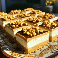 - 1 1/2 cups graham cracker crumbs - 1/2 cup unsalted butter, melted - 2 cups cream cheese, softened - 1 cup creamy peanut butter - 3/4 cup powdered sugar - 1 teaspoon vanilla extract - 1 cup heavy whipping cream - 1/4 cup chopped peanuts (for topping) - Chocolate syrup (for drizzling, optional) To create these no-bake peanut butter cheesecake bars, you need simple ingredients. Each one plays a key role in the taste and texture. Graham cracker crumbs form the crust. They give a sweet and crunchy base. The melted unsalted butter binds the crumbs, making it firm. For the filling, use softened cream cheese and creamy peanut butter. These two create a rich and smooth blend. Powedered sugar adds sweetness, while vanilla extract enhances flavor. Heavy whipping cream is crucial. You whip it until stiff peaks form, which makes the filling light and airy. For the topping, sprinkle chopped peanuts for crunch. If you love chocolate, drizzle some syrup on top for extra flavor. Gather these ingredients to make a delicious treat that everyone will love! - In a medium bowl, combine 1 1/2 cups of graham cracker crumbs and 1/2 cup of melted unsalted butter. - Mix until the crumbs are coated well. - Next, press this mixture firmly into the bottom of an 8x8-inch baking dish. Make sure it is even. - In a large mixing bowl, beat together 2 cups of softened cream cheese and 1 cup of creamy peanut butter. - Mix until it becomes smooth and creamy. - Gradually add in 3/4 cup of powdered sugar and 1 teaspoon of vanilla extract. Continue mixing until everything is well combined. - In a separate bowl, whip 1 cup of heavy whipping cream until stiff peaks form. - Gently fold the whipped cream into the peanut butter mixture. Be careful not to deflate it. - Spread this filling evenly over the graham cracker crust in the baking dish. - Smooth the top with a spatula and sprinkle 1/4 cup of chopped peanuts over the filling. - Cover with plastic wrap and refrigerate for at least 4 hours, or until set. Using room temperature ingredients is key for a smooth filling. Cold cream cheese can create lumps. Let it sit out for about 30 minutes before mixing. This helps it blend well with the peanut butter. When you whip the heavy cream, you want it to form stiff peaks. This makes your cheesecake light and fluffy. After whipping, gently fold the cream into the peanut butter mixture. Use a spatula and be careful. You don’t want to mix too hard or the whipped cream will deflate. For a lovely presentation, serve your cheesecake bars on a decorative platter. You can add a garnish to each bar. A whole peanut or a dollop of whipped cream works great. It makes each piece look special. If you host a party, cut the bars into small squares. This way, guests can enjoy a bite-sized treat. Drizzle some chocolate syrup over the top for added flair. It also gives a nice contrast to the creamy peanut butter flavor. {{image_2}} You can make your no-bake peanut butter cheesecake bars even more exciting. One easy way is to add chocolate or caramel swirls. Just melt some chocolate or caramel and gently swirl it into the peanut butter filling. This gives a sweet twist and looks beautiful. Another fun option is to use different nut butters. Instead of creamy peanut butter, try almond or cashew butter. Each nut butter adds its own unique flavor. You can mix and match to find your favorite. If you need gluten-free options, you can easily adjust the crust. Use gluten-free graham cracker crumbs or crushed nuts. This way, everyone can enjoy these tasty bars. For dairy-free alternatives, swap out cream cheese and whipped cream with plant-based versions. Look for coconut cream or cashew cream cheese. These options still give you a creamy texture without the dairy. Making these changes helps you cater to different diets. It keeps the delicious taste while being mindful of your guests' needs. To keep your cheesecake bars fresh, refrigerate them right away. Use an airtight container to prevent drying. You can also cover the dish with plastic wrap. This protects the bars from odors in the fridge. Store them for up to 5 days. You can freeze these cheesecake bars for later. Cut them into squares and wrap each piece in plastic wrap. Then, place them in a freezer-safe bag. This keeps them fresh for up to three months. When you're ready to enjoy, thaw them in the fridge overnight. Avoid thawing at room temperature to keep the texture smooth. Yes, you can make these no-bake peanut butter cheesecake bars ahead of time. This recipe is perfect for planning. You can prepare the bars a day or two before your event. Just store them in the fridge. They will taste even better as the flavors blend. If you can't find graham cracker crumbs, don't worry! You can use crushed cookies, like Oreos or digestive biscuits. For gluten-free options, try almond flour or gluten-free cookie crumbs. These substitutes work well and still taste great! To check if your cheesecake bars are ready, gently touch the top. It should feel firm and not wobble. You can also look for a slight shine on the surface. If it looks smooth and set, it is ready to slice and serve! This blog post shared an easy and tasty peanut butter cheesecake recipe. We went over the ingredients, step-by-step instructions, and tips for the best texture. You learned how to present this dessert to impress your guests. Remember, you can also customize it to fit different diets or flavors. In the end, you hold the key to making this dessert your own. Enjoy the process and share the delicious results with others. Your kitchen adventure starts now!