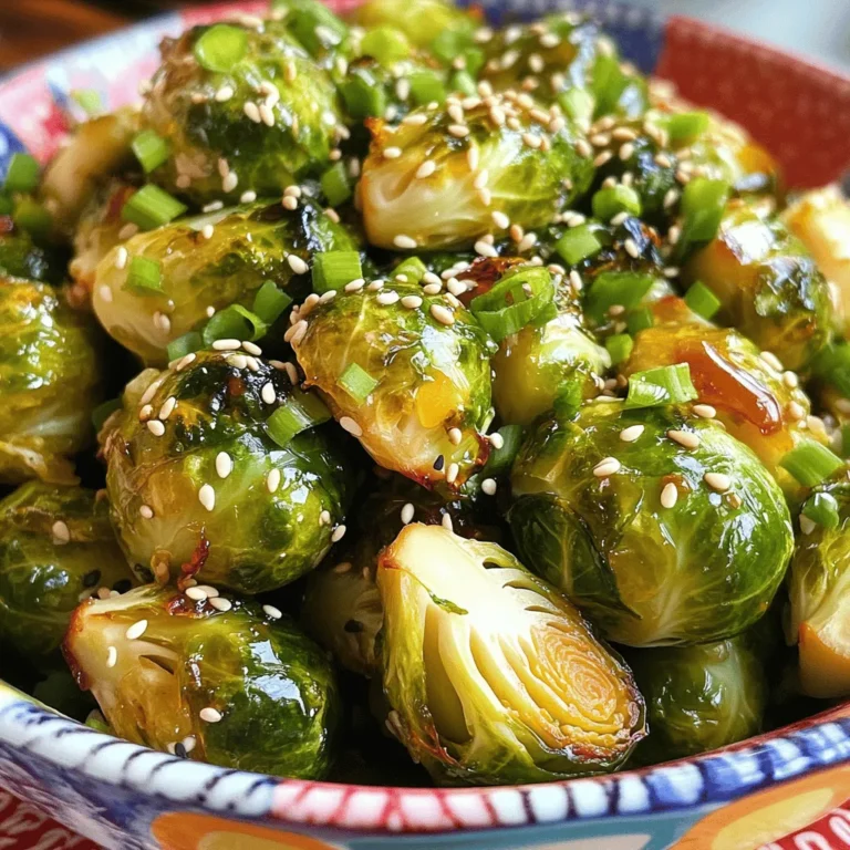 - 1 pound Brussels sprouts, trimmed and halved - 3 tablespoons honey - 2 tablespoons soy sauce - 2 cloves garlic, minced - 1 tablespoon olive oil - 1/2 teaspoon red pepper flakes - Sesame seeds for garnish - Chopped green onions for garnish - Salt - Pepper When making honey garlic Brussels sprouts, you need fresh Brussels sprouts. Choose ones that are firm and bright green. The sweetness from honey balances the saltiness of soy sauce, making a great flavor. Minced garlic adds a nice kick. Olive oil helps everything stick and adds richness. For a bit of heat, add red pepper flakes. This is optional, but I think it’s a fun touch. Sesame seeds and green onions are great for garnishing. They add color and a nice crunch. Don’t forget salt and pepper! They are key to making your dish tasty. Adjust these to suit your taste. Now that you know what you need, you are ready to make a tasty dish. - Preheat the air fryer to 375°F (190°C) for about 5 minutes. - In a large bowl, mix 3 tablespoons of honey, 2 tablespoons of soy sauce, and 2 minced garlic cloves. Add 1 tablespoon of olive oil, 1/2 teaspoon of red pepper flakes, salt, and pepper. Whisk until smooth. - Add the halved Brussels sprouts to the bowl. Toss them well in the honey garlic mixture until they are coated evenly. - Place the Brussels sprouts in the air fryer basket in a single layer. This helps them cook evenly. - Air fry the Brussels sprouts for 12-15 minutes. Shake the basket halfway through to ensure they crisp up nicely. - Once they are golden brown, take them out and transfer to a serving dish. - Garnish with sesame seeds and chopped green onions for a colorful finish. For extra flair, drizzle with more honey before serving. To get that perfect crispy texture, lay the sprouts flat in a single layer. This step is key! If they are too crowded, they will steam instead of fry. Shake the basket halfway through cooking; this helps them crisp up evenly. The more air they get, the better! You can add a twist to your honey garlic mix. Try adding some ginger for warmth or lime juice for a zesty kick. If you want more sweetness, add an extra tablespoon of honey. Taste as you go! Adjusting sweetness can change the dish to match your mood. You can prep Brussels sprouts in advance for an easy meal. Toss them in the honey garlic sauce and store in the fridge for up to a day. When you're ready, just air fry them straight from the fridge. This saves time and makes it super easy to enjoy a tasty side dish! {{image_2}} You can add chicken or tofu for more protein. If you choose chicken, cut it into small pieces. Mix it in the honey garlic sauce with the Brussels sprouts. Cook everything together in the air fryer. Chicken adds a savory taste, while tofu gives a soft texture. Both options make your meal heartier. Try adding other veggies like carrots or bell peppers. They add color and taste. Cut them into small chunks, just like the Brussels sprouts. Toss them in the same honey garlic mixture. This adds a nice crunch and a fresh flavor to your dish. You can also mix in some mushrooms for a unique taste. Experiment with different sauces to change the flavor. You might try teriyaki sauce or balsamic glaze. These sauces can bring a new twist to your Brussels sprouts. Just mix them into your honey garlic sauce. This way, you can create a dish that suits your taste buds perfectly. Store your leftover honey garlic Brussels sprouts in an airtight container. This keeps them fresh. Make sure to cool them down first. They can last up to three days. If they start to smell or look odd, it's best to toss them out. To reheat, use your air fryer or oven. Set your air fryer to 375°F (190°C). Heat for about 5 to 7 minutes. This helps keep them crispy. You can also use the microwave, but they may not be as crunchy. If you do, heat in short bursts, checking often. Yes, you can freeze Brussels sprouts. However, it's best to freeze them before cooking. Trim and halve them, then blanch in boiling water for 2-3 minutes. After cooling, place in a freezer bag. When ready, thaw and cook as normal. Cooked Brussels sprouts can lose their texture when frozen, so plan ahead! You should air fry Brussels sprouts for about 12 to 15 minutes. This time gives you a nice, crispy texture. Make sure to shake the basket halfway through cooking. This step helps the sprouts cook evenly. If you like them extra crispy, add a minute or two. Yes, you can use frozen Brussels sprouts. They are convenient and save time. However, frozen sprouts may not get as crisp as fresh ones. You may need to increase the cooking time. Thaw them first for better results. Honey garlic Brussels sprouts pair well with many dishes. They go great with grilled chicken or salmon. You can also serve them with rice or quinoa for a hearty meal. Adding a fresh salad can balance the flavors. Enjoy your meal with a side of roasted potatoes or garlic bread for extra comfort. In this post, we explored how to make delicious honey garlic Brussels sprouts. We covered main and optional ingredients, seasoning tips, and step-by-step instructions. I shared tricks for crispy texture and flavor variations, plus storage info and reheating tips. You can enjoy this dish solo or as a fun side. Experimenting with protein or other veggies can take it to new heights. Now, dive into the kitchen and enjoy making your own tasty creation!