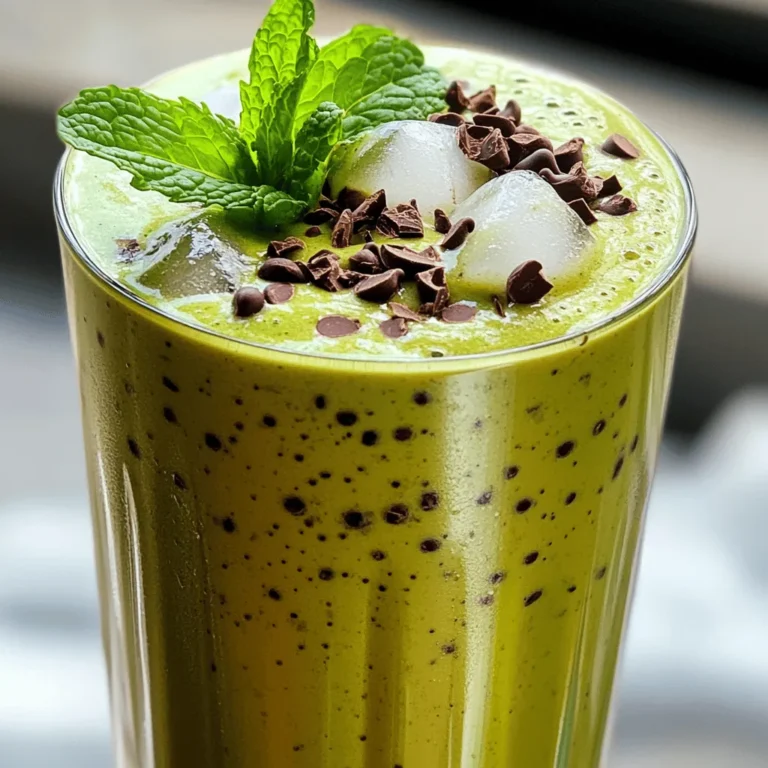 - 1 cup almond milk (or milk of choice) - 1 scoop chocolate protein powder - 1 ripe banana, frozen - 1/2 teaspoon peppermint extract - 1 tablespoon cacao nibs (or chocolate chips) - Handful of fresh mint leaves - 1 tablespoon honey or maple syrup (optional) - Ice cubes (optional) You can switch up the ingredients to fit your taste. If you want a creamier shake, use whole milk or coconut milk. For a lower-calorie option, choose unsweetened almond milk. If you don’t have cacao nibs, mini chocolate chips work well too. You can also skip the sweetener if the banana is sweet enough for you. Want extra nutrition? Try adding spinach or kale for a green boost. Feel free to mix in your favorite nut butter for added creaminess and protein. This shake packs a punch! Here’s what you’ll get in each serving: - Calories: about 300 - Protein: 25 grams - Carbs: 40 grams - Fat: 7 grams - Fiber: 5 grams - Sugar: 18 grams This shake is a great way to fuel your day. It combines protein from the powder and banana, plus healthy fats from cacao nibs. Enjoy this tasty treat as a post-workout boost or a quick breakfast! To make your Mint Chocolate Chip Protein Shake, gather all your ingredients first. You will need almond milk, chocolate protein powder, a frozen banana, peppermint extract, cacao nibs, fresh mint leaves, honey or maple syrup, and ice cubes. Having everything ready helps the process go smoothly. 1. Start by adding 1 cup of almond milk to your blender. 2. Next, add 1 scoop of chocolate protein powder. 3. Toss in your frozen banana. This gives the shake a creamy texture. 4. Add 1/2 teaspoon of peppermint extract for that fresh mint flavor. 5. If you want it sweeter, include 1 tablespoon of honey or maple syrup. 6. Now, add a handful of fresh mint leaves. 7. Blend everything on high until it's smooth and creamy. 8. If you like a thicker shake, add some ice cubes and blend again. 9. Lastly, gently fold in 1 tablespoon of cacao nibs or chocolate chips. This adds a nice crunch. Pour your shake into a tall glass. For a pretty touch, garnish it with a mint leaf on top. This makes it look fresh and inviting. Enjoy your shake right away to get the best flavor! To get the right thickness, start with a frozen banana. It makes the shake creamy. You can add ice cubes if you want it even thicker. Blend until smooth. If it’s too thick, add a splash of almond milk. Blend again. Want more flavor? Try adding a scoop of nut butter. Almond or peanut butter works great. You can also mix in a handful of spinach for added nutrients. It won’t change the taste much. If you like it sweeter, add more honey or maple syrup. If you have extra shake, store it in the fridge. Use a sealed container to keep it fresh. The shake tastes best within 24 hours. If you freeze it, it can last longer. When you’re ready to drink, thaw in the fridge overnight. Blend again to restore the texture. {{image_2}} You can easily make this shake dairy-free and vegan. Just use almond milk or coconut milk. Both create a rich, creamy base. Choose a plant-based protein powder too. Look for options made from pea or brown rice. These choices are tasty and full of protein. Want to boost nutrition? Add fruits or veggies to your shake! Spinach is a fantastic choice. It blends well and adds vitamins without changing the taste. You can also toss in a handful of berries. They add a nice sweetness and color. Try using a ripe avocado for creaminess and healthy fats. Frozen fruits keep your shake cold and thick. Not a fan of chocolate? No problem! You can switch to vanilla or even strawberry protein powder. Each flavor brings a new twist to your shake. For a mocha taste, use coffee-flavored protein powder. Mix it up and find your favorite flavor combo. The options are endless! If you have leftover mint chocolate chip protein shake, store it in an airtight container. This keeps it fresh and prevents any strong odors from the fridge. Use a glass jar or a plastic bottle with a tight lid. Make sure to drink it within 24 hours for the best taste and nutrients. You can freeze the shake for later use. Pour it into ice cube trays or freezer-safe containers. If you freeze it in cubes, you can blend a few later for a quick treat. Just remember, it can change in texture when frozen. It may be less creamy, but still tasty! To enjoy your frozen shake, take it out of the freezer. Leave it in the fridge for a few hours or overnight to thaw. If you need it faster, you can also run the container under warm water for a few minutes. Once thawed, blend it again for a smooth texture. Yes, you can use any milk you like. Soy, oat, or coconut milk work well. Each type adds a unique taste. Try almond milk for a nutty flavor. Or use whole milk for creaminess. To reduce sweetness, skip the honey or maple syrup. You can also use less banana. A ripe banana adds natural sweetness, but you can adjust it. Using unsweetened chocolate protein powder helps too. Yes, you can make this shake ahead of time. Just blend all the ingredients and store it in the fridge. It stays fresh for about a day. Shake it well before drinking, as it may separate. Protein shakes offer many health benefits. They help build muscle and repair tissues. They can keep you full longer, aiding weight loss. The shake also includes vitamins from mint and banana. Plus, cacao nibs add antioxidants for heart health. This blog post covered everything you need for your protein shake. We explored ingredients, from the core list to fun alternatives. I shared how to prepare your shake, blend it well, and serve it nicely. With tips for perfect consistency and tasty flavors, you'll impress anyone. We also discussed variations, so you can make it your own. Plus, I detailed storage methods to keep your shake fresh. Remember, making a great protein shake is simple and rewarding. Enjoy your shake journey, and feel free to experiment!
