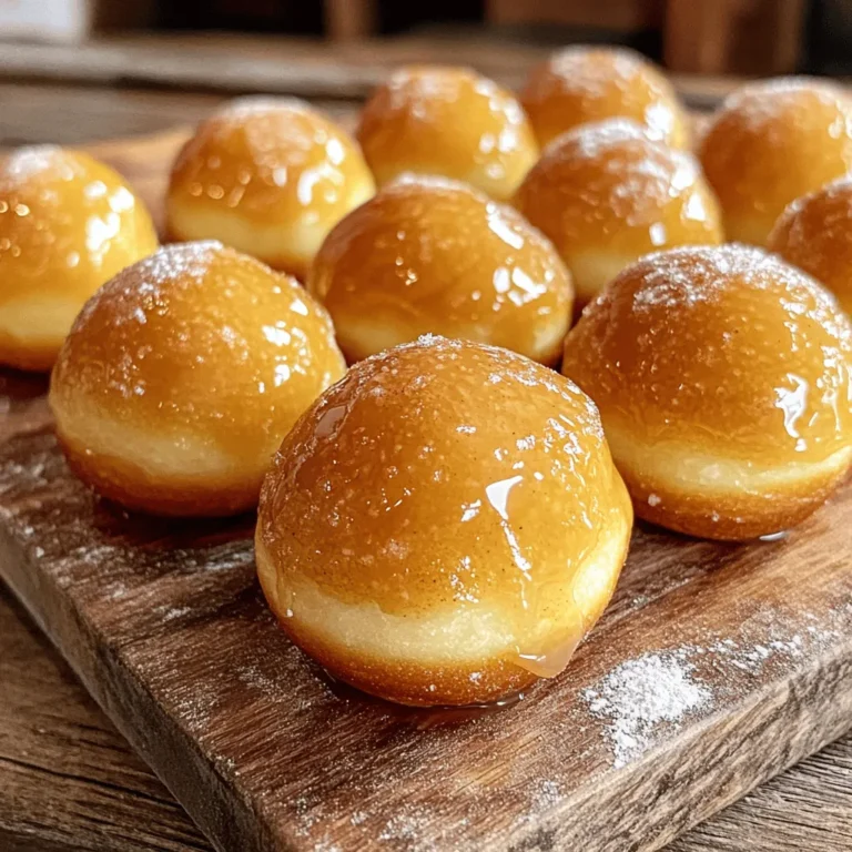 - 1 1/2 cups all-purpose flour - 1/2 cup granulated sugar - 2 teaspoons baking powder - 1/2 teaspoon baking soda - 1/4 teaspoon salt - 1/2 teaspoon ground cinnamon - 1/2 cup buttermilk - 1 large egg - 4 tablespoons unsalted butter, melted - 1 teaspoon vanilla extract - Oil for frying - 1 cup powdered sugar - 2-3 tablespoons pure maple syrup - 1-2 tablespoons milk (as needed for consistency) Making maple glazed donut holes is easy and fun. You start with simple ingredients that you likely have at home. The key to soft and fluffy donut holes is a mix of dry and wet ingredients. I love the balance of flavors in this recipe. Ground cinnamon adds warmth, while buttermilk gives a nice tang. The maple glaze is what makes these donut holes shine. Using pure maple syrup is best. It gives a rich flavor that can’t be beaten. You can adjust the glaze's thickness by adding milk. This lets you create a coating that sticks well to each donut hole. The list of ingredients is not long, and that’s the beauty of it. You can whip these up in no time. Plus, they look great on a plate, making them a perfect treat for any occasion. - Combine dry ingredients: Start by taking a large bowl. Add 1 1/2 cups of all-purpose flour, 1/2 cup of granulated sugar, 2 teaspoons of baking powder, 1/2 teaspoon of baking soda, 1/4 teaspoon of salt, and 1/2 teaspoon of ground cinnamon. Whisk these together until they mix well. - Mix wet ingredients separately: In another bowl, whisk together 1/2 cup of buttermilk, 1 large egg, 4 tablespoons of melted unsalted butter, and 1 teaspoon of vanilla extract. Make sure everything is combined nicely. - Forming the dough balls: Now, take the wet mixture and pour it into the dry mix. Stir until just combined. It’s okay to have some lumps. Use your hands to form small balls of dough, about 1 inch wide. Place them on a floured surface, leaving space between each. - Heating oil and frying the donut holes: Get a deep pot or skillet and heat oil to about 350°F (175°C). Make sure there’s enough oil for the donut holes to float. Carefully drop the dough balls into the hot oil, frying in batches. Cook for about 3-4 minutes, turning them for even browning. Once they are golden brown, use a slotted spoon to take them out. Place them on a plate lined with paper towels to drain excess oil. - Making the maple glaze: While the donut holes cool slightly, grab a small bowl. Whisk together 1 cup of powdered sugar, 2-3 tablespoons of pure maple syrup, and 1-2 tablespoons of milk. Mix until the glaze is smooth and the right consistency. - Coating the fried donut holes: When the donut holes are warm but not hot, dip them into the maple glaze. Turn them to coat evenly. Place the glazed donut holes on a cooling rack to let the glaze set. Enjoy your sweet treat! To make the best donut holes, avoid overmixing the batter. When you combine the wet and dry ingredients, mix just until you see no dry flour. Some lumps are just fine. Overmixing makes the donuts tough, not light and fluffy. Next, ensure the oil is hot enough for frying. Aim for 350°F (175°C). If the oil is too cool, the donut holes will soak up grease and become heavy. If it’s too hot, they will burn on the outside while staying raw inside. Use a thermometer for the best results. Making the glaze smooth is key for that perfect finish. Start with powdered sugar and whisk in maple syrup and milk. Adjust the milk as needed to reach the right consistency. It should be thick but pourable. For even coating, dip each donut hole while they are still warm. This helps the glaze stick better. After dipping, place them on a cooling rack. This way, any extra glaze can drip off, leaving a nice layer on each donut. Here are some essential tools you will need: - Large mixing bowls - Whisk for mixing - Slotted spoon for frying - Deep pot or skillet for frying - Cooking thermometer for oil temperature - Cooling rack for glazed donut holes Having the right equipment makes the process easier and more fun. Enjoy your cooking! {{image_2}} You can change the taste of your donut holes with just a few tweaks. Adding spices like nutmeg or ginger gives them a warm kick. You can also mix in extracts like almond or coconut for extra flavor. Want some crunch? Try folding in chocolate chips or nuts. Almonds or walnuts work great! If you want a healthier treat, swap out all-purpose flour for whole wheat flour. This makes the donut holes a bit denser but adds fiber. You can also bake the donut holes instead of frying them. Just shape them and place them in a preheated oven at 350°F (175°C) for around 10-12 minutes. You can have fun with seasonal flavors too! For fall, try a pumpkin spice version by adding pumpkin puree and pumpkin pie spice to the dough. You can also top the glazed donut holes with crushed candy canes for a festive twist during the holidays. Seasonal toppings make these treats even more special! Store your maple glazed donut holes at room temperature. Place them in an airtight container. This keeps them soft and fresh for about two days. Do not refrigerate them, as cold air can dry them out. If you want them to last longer, freezing is a great option. To reheat donut holes, use an oven or an air fryer. Preheat your oven to 350°F (175°C). Place the donut holes on a baking sheet. Heat them for about 5-7 minutes. This keeps them warm and crispy. Avoid using a microwave, as it makes them chewy instead of soft. To freeze donut holes, let them cool completely. Place them in a single layer on a baking sheet. Freeze them for about two hours. Once frozen, transfer them to a freezer bag. Remove as much air as you can before sealing. To thaw, take them out and let them sit at room temperature for about 30 minutes. You can also reheat them after thawing for extra warmth. Maple glazed donut holes taste best fresh. However, they can last for about 2 days at room temperature. Store them in an airtight container to keep them soft. If you want to keep them longer, you can freeze them for up to a month. Just remember to thaw them before serving. Yes, you can make the dough ahead of time. Prepare the dough and shape it into balls. Then, place them on a baking sheet lined with parchment paper. Cover the sheet with plastic wrap and store it in the fridge for up to 24 hours. When you're ready to fry, just bring the dough to room temperature before cooking. For the glaze, use pure maple syrup. Look for grade A or grade B syrup. Grade A is light and mild, while grade B is darker and richer. Both add great flavor, so choose based on your taste. Avoid imitation syrup, as it lacks the unique flavor we love in maple glazed donut holes. Making donut holes at home is fun and easy. You learned about simple ingredients, step-by-step cooking, and ways to store them. Remember to avoid overmixing for the best texture. Experiment with flavors and toppings to make them your own. These tasty treats can bring joy to any day. Enjoy your homemade donut holes and share with friends and family!