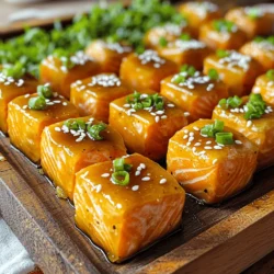 - 1 lb salmon fillet, skinless and boneless, cut into 1-inch cubes - 1/4 cup pure maple syrup - 2 tablespoons soy sauce (or tamari for gluten-free) - 1 tablespoon Dijon mustard - 1 tablespoon olive oil - 2 cloves garlic, minced - 1 teaspoon fresh ginger, grated - Sesame seeds, for garnish - Chopped green onions, for garnish The main ingredients are the stars of this dish. Salmon fillet is rich in flavor and healthy too. Maple syrup adds a sweet touch, while soy sauce gives a savory kick. Together, they create a perfect balance. For the additional ingredients, Dijon mustard adds zest. Olive oil keeps the salmon moist. Garlic and ginger bring a warm, aromatic flavor. These ingredients blend well to enhance the salmon bites. Finally, garnishes like sesame seeds and chopped green onions add a crunchy texture and fresh taste. They make the dish look colorful too. This combination of ingredients makes the maple glazed salmon bites a delightful treat. First, you need to make the marinade. In a medium bowl, add: - 1/4 cup pure maple syrup - 2 tablespoons soy sauce - 1 tablespoon Dijon mustard - 1 tablespoon olive oil - 2 cloves garlic, minced - 1 teaspoon fresh ginger, grated Whisk these ingredients together. Mix until they blend well. This will create a sweet and savory flavor for your salmon. Next, add 1 pound of salmon cut into 1-inch cubes to the bowl. Toss gently to coat the salmon in the marinade. Once coated, cover the bowl and let it sit in the fridge for at least 30 minutes. This helps the salmon absorb all the flavors. While the salmon marinates, preheat your grill or a non-stick skillet over medium heat. If using a grill, lightly oil the grates to prevent sticking. After 30 minutes, take the salmon out of the fridge. Remove the salmon from the marinade, but save the marinade for later. Place the salmon cubes on the grill or skillet. Cook them for 2-3 minutes on each side. You want them to be fully cooked and have nice grill marks. Once the salmon bites are done cooking, it’s time to thicken the marinade. In a small saucepan, pour the reserved marinade and bring it to a gentle boil over medium heat. Let it simmer for about 3-5 minutes. Stir occasionally until it thickens slightly. After thickening, drizzle the sauce over the cooked salmon bites. Season with salt and pepper to taste. To make the dish pop, transfer the salmon bites to a serving platter. Garnish with sesame seeds and chopped green onions. This adds a nice crunch and fresh look to your meal. Enjoy! To get the best flavor, marinate the salmon for at least 30 minutes. This lets the salmon soak up the marinade. If you want a stronger flavor, try marinating for up to 2 hours. You can also mix it up with different ingredients. Try using honey instead of maple syrup for a different sweet taste. You could also use tamari instead of soy sauce for a gluten-free option. You can choose to grill or cook your salmon bites in a skillet. Grilling gives a nice smoky flavor. If you use a skillet, make sure it’s non-stick and lightly oil it. This helps the salmon cook evenly. To keep the salmon moist, don’t cook it too long. Aim for 2-3 minutes on each side. The salmon should be firm but still tender. These salmon bites pair well with many sides. Serve them with steamed rice or a fresh salad. Roasted veggies also make a great match. For a lovely look, stack the salmon bites on a platter. Sprinkle sesame seeds and green onions on top for color. This adds a nice crunch and flavor that everyone will love. {{image_2}} To make your maple glazed salmon bites even better, you can adjust the flavors. Adding spice to the marinade gives a fun twist. For heat, mix in cayenne pepper or crushed red pepper flakes. If you want a smoky taste, add smoked paprika. You can also use different types of fish. While salmon is great, try using trout or halibut. Both have a nice flavor and work well with the maple glaze. Baking the salmon bites is another easy way to cook them. Preheat your oven to 400°F (200°C). Place the marinated salmon on a lined baking sheet. Bake for about 12-15 minutes. This method keeps the fish juicy and reduces mess. If you have an air fryer, you can use it too. Set your air fryer to 400°F (200°C). Arrange the salmon bites in a single layer. Cook for about 8-10 minutes. This method gives a nice crisp outside. If you need gluten-free options, use tamari instead of soy sauce. It has a similar taste and works great in this recipe. You can also swap out the soy sauce for coconut aminos. This gives a milder flavor. For low-sodium options, reduce the amount of soy sauce in the marinade. You can also add more maple syrup to balance the taste. This keeps your dish flavorful while cutting back on salt. To store your maple glazed salmon bites, place them in an airtight container. Make sure the container is clean and dry. This keeps the bites fresh and tasty. You can store them in the fridge for up to three days. If you plan to eat them later, try not to let them sit out for too long. If you want to keep your salmon bites longer, freezing is a great option. First, allow the cooked bites to cool completely. Then, place them in a single layer on a baking sheet. Freeze them for about an hour. After that, transfer the bites to a freezer-safe bag. This way, they won’t stick together. You can freeze salmon bites for up to three months. To thaw frozen salmon bites, place them in the fridge overnight. This helps them defrost slowly and safely. If you’re in a hurry, you can use the microwave. Just be careful, as microwaving can cook the salmon unevenly. When it’s time to enjoy your salmon bites again, reheating them properly is key. The best way is to use an oven. Preheat it to 350°F (175°C). Place the salmon on a baking sheet and heat for about 10 minutes. This keeps them moist and tasty. You can also use a skillet. Heat it over medium heat and add a little olive oil. Cook the salmon bites for about 3-4 minutes, turning them gently. Avoid overcooking, as this can dry them out. Keep an eye on them to ensure they stay juicy and delicious. The best time to marinate salmon is at least 30 minutes. This gives the salmon time to soak up the flavors. If you have more time, you can marinate it for up to 2 hours. Just don’t go over 2 hours, or the texture might change. Yes, you can use frozen salmon! Just make sure to thaw it completely first. To do this, leave it in the fridge overnight or run it under cold water. Once thawed, pat it dry with paper towels before marinating. This helps the marinade stick better. If you need a swap for soy sauce, try tamari. It is gluten-free and tastes great. Other options include coconut aminos or homemade soy sauce substitutes that use broth and vinegar. These work well and keep the dish tasty. This article covered how to make tasty salmon bites using simple ingredients. We explored the marinade, cooking tips, and tasty garnishes. I shared various cooking methods and dietary options to fit your needs. Remember, perfecting this dish takes practice, so don’t hesitate to try new flavors and techniques. With these steps, you can enjoy delightful salmon bites anytime. Explore, experiment, and savor every bite!