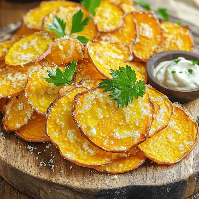 - 2 large sweet potatoes, thinly sliced - 3 tablespoons olive oil - 2 tablespoons grated Parmesan cheese - 2 cloves garlic, minced - 1 teaspoon smoked paprika - 1 teaspoon salt - ½ teaspoon black pepper - Fresh parsley, finely chopped (for garnish) To make these tasty chips, gather the above ingredients. Sweet potatoes are the star here. Their natural sweetness shines through. Olive oil helps the chips crisp up nicely. Parmesan cheese adds a rich, cheesy flavor. Garlic gives a bold kick. The spices balance the sweet and savory elements. If you lack sweet potatoes, try regular potatoes or beets. For olive oil, avocado oil works well too. If you want a dairy-free option, use nutritional yeast instead of Parmesan. Garlic powder can replace fresh garlic if needed. Smoked paprika can be replaced with regular paprika for less smokiness. - 3 tablespoons = 45 milliliters - 2 tablespoons = 30 milliliters - 1 teaspoon = 5 milliliters - ½ teaspoon = 2.5 milliliters Knowing these conversions helps you scale the recipe. If you want to make more chips, increase each ingredient based on these measurements. Adjust as needed to fit your taste! First, set your air fryer to 375°F (190°C). Let it heat for about 5 minutes. This step helps the chips cook evenly and get crispy. Next, take two large sweet potatoes. Slice them thinly using a sharp knife or a mandoline. Aim for even slices to ensure they cook the same. Place the slices in a large bowl. Drizzle in 3 tablespoons of olive oil. Toss the slices to coat them well. Now, add 2 cloves of minced garlic, 2 tablespoons of grated Parmesan cheese, 1 teaspoon of smoked paprika, 1 teaspoon of salt, and ½ teaspoon of black pepper. Mix everything together until the sweet potato slices are covered in the tasty mix. Take the sweet potato slices and arrange them in a single layer in the air fryer basket. Make sure they do not overlap. This helps them become crispy as they cook. Air fry the chips for about 12 to 15 minutes. Shake the basket halfway through to help them brown evenly. Watch the chips closely during the last few minutes. They can burn quickly if left unattended. When they turn golden brown and crispy, take them out. Place the chips on a plate lined with paper towels to soak up any extra oil. For a final touch, sprinkle freshly chopped parsley on top. This adds color and flavor to your delicious chips! To get your sweet potato chips crispy, follow these steps: - Slice your sweet potatoes thinly. Aim for about 1/8 inch. - Toss the slices in olive oil well. This helps them crisp up. - Avoid overcrowding the air fryer basket. Cook in batches if needed. - Shake the basket halfway through cooking. This ensures even crispiness. - Watch the chips closely in the last few minutes. They can burn quickly. To amp up the flavor, try these tips: - Add more garlic if you love it. Just remember, fresh garlic packs a punch. - Sprinkle extra Parmesan cheese on top after cooking. It melts nicely. - Experiment with spices, like cayenne pepper for heat or Italian herbs for flavor. - Serve with dips like garlic aioli or spicy ketchup for extra zest. If your chips are not turning out right, consider these solutions: - Chips are soggy? They may be too thick or overcrowded. Slice thinner or cook less at a time. - Chips are burnt? Reduce the cooking time or lower the temperature slightly. - Lack of flavor? Ensure you coat the slices evenly with the seasoning mix. - Chips are not browning? Check that your air fryer is preheated. This helps with browning. {{image_2}} You can switch up the flavors for your chips. Try adding cayenne for heat or onion powder for depth. You could also use Italian seasoning for a fresh twist. If you love cheese, sprinkle extra Parmesan or use a blend of cheeses. For a sweet touch, add a dash of cinnamon. The options are endless, and you can mix and match to find your favorite. While sweet potatoes shine in this recipe, other potatoes can work too. Regular white or red potatoes make great chips. Yukon gold potatoes add a creamy texture. You can even use purple potatoes for a colorful twist. Just slice them thin and follow the same steps. Each type will bring a new flavor and texture experience. When serving your chips, presentation matters. Lay them out in a big bowl or platter. Pair them with dips for extra fun. Garlic aioli is a fantastic choice. You can also use ranch, salsa, or hummus. A nice herb dip will add freshness. Make it interactive by letting guests choose their dip. The right dip can really bring your chips to life! To keep your leftover chips fresh, place them in an airtight container. Let them cool down first. Store them at room temperature for up to two days. If you want to keep them longer, consider refrigerating them. However, they may lose some crispiness in the fridge. To reheat your sweet potato chips, use the air fryer. Set it to 350°F (175°C). Heat the chips for about 3-5 minutes. This will help restore their crispiness. You can also use an oven if you prefer. Just spread them on a baking sheet and heat for 5-7 minutes. If you want to freeze your sweet potato chips, cool them completely first. Place them in a single layer on a baking sheet and freeze for 1-2 hours. Once frozen, transfer them to a freezer bag. They can stay frozen for up to three months. When ready to eat, cook them straight from the freezer in the air fryer for a quick snack. Yes, you can make these chips in a conventional oven. Preheat your oven to 400°F (200°C). Place the sweet potato slices on a baking sheet. Make sure they are in a single layer. Bake for about 20-25 minutes. Flip them halfway through for even cooking. Keep an eye on them to avoid burning. To prevent browning, soak the sweet potato slices in cold water. Let them soak for about 30 minutes. This removes excess starch. After soaking, drain and pat them dry with a paper towel. You can also toss them with a little lemon juice. This helps keep the bright color. Many sauces pair well with these chips. Garlic aioli is a great choice. A creamy ranch dressing also works nicely. For a spicy kick, try sriracha mayo. You can even use a yogurt dip with herbs for freshness. Get creative and find your favorite! Yes, these chips can be a healthy snack. Sweet potatoes are rich in vitamins and fiber. They are lower in calories than regular chips. Using olive oil adds healthy fats. However, remember to enjoy them in moderation. Pair them with healthy dips for a balanced snack. In this post, we covered how to make crispy sweet potato chips. We discussed the key ingredients, possible substitutes, and even measured conversions for ease. I shared a step-by-step guide to cooking and offered tips for perfecting crispiness. We explored flavor variations and storage methods. Remember, making chips at home can be fun and delicious. You can try different potatoes and dips. Enjoy your cooking adventure, and remember to share your tasty results!