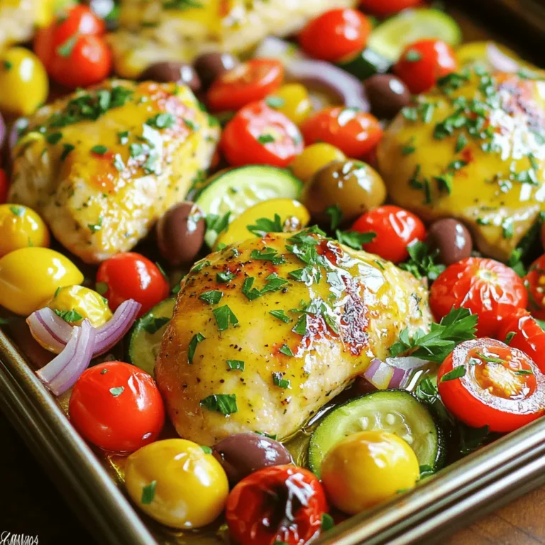 - 4 boneless, skinless chicken breasts - 2 cups cherry tomatoes, halved - 1 red bell pepper, sliced - 1 zucchini, sliced - 1 red onion, chopped - ¼ cup Kalamata olives, pitted and halved - 3 tablespoons olive oil - 2 teaspoons dried oregano - 1 teaspoon garlic powder - Salt and pepper to taste - Juice of 1 lemon - Fresh parsley, chopped (for garnish) When you gather your ingredients, keep in mind the amounts. You need four chicken breasts. Each breast should be about six ounces. The cherry tomatoes add sweetness and color. Use two cups, halved. The red bell pepper gives crunch and flavor. Slice one pepper. Zucchini adds freshness. Slice one zucchini as well. The red onion adds a nice bite. Chop one onion. The Kalamata olives give a briny touch. You want a quarter cup of these. For flavor, you will use three tablespoons of olive oil and two teaspoons of dried oregano. Lastly, one teaspoon of garlic powder brings depth. Adjust salt and pepper to your taste. I love using fresh herbs when cooking. They add bright flavor. However, dried herbs work well too. For this recipe, dried oregano is perfect. It’s easy and still packs a punch. If you have fresh oregano, use it! You can double the amount. Fresh herbs give a garden taste. Always wash fresh herbs before using them. This will remove any dirt or bugs. Use them to sprinkle on top after cooking. This step adds color and flavor. Start by mixing the marinade. In a small bowl, combine three tablespoons of olive oil, the juice of one lemon, two teaspoons of dried oregano, and one teaspoon of garlic powder. Add salt and pepper to taste. Stir until it blends well. This marinade brings out bright flavors in your dish. Next, place the four chicken breasts on a baking sheet lined with parchment paper. Pour half of the marinade over the chicken. Make sure each piece is coated well. Let the chicken sit while you prepare the veggies. This step makes the chicken tender and tasty. In a large bowl, gather the veggies. Use two cups of halved cherry tomatoes, one sliced red bell pepper, one sliced zucchini, and one chopped red onion. Add a quarter cup of pitted and halved Kalamata olives. Drizzle the remaining marinade over the vegetables. Toss them gently to coat evenly. This mix adds color and nutrition to your meal. Now, spread the vegetables around the chicken on the baking sheet. Preheat your oven to 400°F (200°C). Bake the dish for 25 to 30 minutes. The chicken should reach an internal temperature of 165°F (75°C), and the veggies should be tender. Once done, remove it from the oven and let it rest for five minutes. This resting time helps the flavors settle. Garnish with fresh parsley, and enjoy your dish! Cooking chicken and veggies together saves time. Bake at 400°F for 25-30 minutes. The chicken should reach 165°F to be safe. Use a meat thermometer for accuracy. If you cut the chicken into smaller pieces, it cooks faster. Keep an eye on the veggies; they should be tender but not mushy. To boost flavor, add fresh lemon zest to the marinade. You can also try fresh herbs like thyme or rosemary. A pinch of red pepper flakes adds a bit of heat. If you love garlic, use fresh minced garlic instead of garlic powder. This adds a wonderful aroma and taste. Feel free to swap in your favorite veggies. Broccoli, carrots, or asparagus work great. Just cut them into similar sizes for even cooking. You can also use frozen vegetables if fresh ones are not available. They can save time and still taste good. Just be sure to thaw them first before adding to the pan. {{image_2}} Sheet-pan Greek chicken pairs great with simple sides. Here are my top picks: - Rice: A fluffy white or brown rice is a great base. - Pasta: Toss some cooked pasta with olive oil and herbs. - Pita Bread: Warm pita adds a nice touch and soaks up flavors. - Greek Salad: Fresh tomatoes, cucumber, and feta make a bright side. These sides add color and flavor to your meal. Drink choices can enhance your meal. Here are some ideas: - White Wine: A crisp Sauvignon Blanc goes well with chicken. - Rosé: A chilled rosé offers a fruity and refreshing sip. - Sparkling Water: Add lemon wedges for a zesty twist. - Iced Tea: Unsweetened tea with mint is a nice non-alcoholic option. These drinks balance the dish's richness and flavors. A good garnish makes the meal look special. Consider these options: - Fresh Parsley: Sprinkle more chopped parsley for color. - Lemon Wedges: Serve lemon wedges for extra zest. - Feta Crumbles: Add feta for a salty, creamy touch. - Olives: Whole Kalamata olives can add a nice pop. These garnishes improve both taste and presentation. Enjoy! After you cook your Sheet-Pan Greek Chicken and Veggies, let it cool. Then, store it in an airtight container. This way, it stays fresh in the fridge for up to three days. Make sure to keep the chicken and veggies together for the best flavor. To freeze, first cool the dish completely. Then, place it in a freezer-safe container. It can last for about three months in the freezer. When you're ready to eat, thaw it overnight in the fridge before reheating. To reheat, use your oven for the best results. Preheat it to 350°F (175°C). Place the chicken and veggies on a baking sheet. Heat for about 15 to 20 minutes or until they are warm. You can also use a microwave, but the oven keeps everything crisp. Enjoy your tasty meal again! Yes, you can use different proteins. You could try turkey, pork, or tofu. Each option will give a unique taste. Adjust the cooking time based on the protein you choose. You can mix and match your favorite veggies. Broccoli, asparagus, or even carrots work well. Just make sure to cut them into similar sizes for even cooking. You can easily scale the recipe. Simply use more or less chicken and veggies. Keep the marinade ratios the same to maintain the flavor. Yes, you can prep this dish ahead of time. Marinate the chicken and chop the veggies, then store in the fridge. Bake it fresh when you’re ready to eat. The best way is to use a meat thermometer. Chicken should reach an internal temperature of 165°F (75°C). If you don't have one, cut into the thickest part. The meat should be white, not pink. This blog post covered the key ingredients and step-by-step instructions for a flavorful dish. We explored tips to enhance your meal and serving suggestions that pair well. Finally, we discussed storage options to keep your food fresh. Cooking can be fun and easy with the right guidance. Use these tips to create delicious meals you enjoy. Happy cooking!