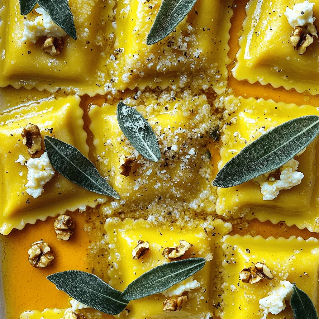 - 2 cups all-purpose flour - 3 large eggs - 1 cup canned pumpkin puree - 1/2 cup ricotta cheese - 1/4 cup grated Parmesan cheese - 1 teaspoon salt - 1 teaspoon ground nutmeg - 1/2 teaspoon black pepper - 1/2 cup unsalted butter - 10 fresh sage leaves To create the perfect Pumpkin Sage Brown Butter Ravioli, you'll start with a few key ingredients. The base of your dough is the flour. It gives the pasta its structure. Eggs help bind it, adding richness. The pumpkin puree brings a sweet, earthy flavor. Ricotta cheese adds creaminess, while Parmesan gives a nice salty kick. Seasonings like salt, nutmeg, and black pepper enhance the overall taste. - Chopped walnuts - Extra Parmesan for serving For a little extra flair, consider garnishing your ravioli with chopped walnuts. They add a lovely crunch and nutty taste. Extra Parmesan cheese works great too. It brings a savory finish. These garnishes will elevate your dish and impress your guests. - Creating the Flour Well Start by measuring 2 cups of all-purpose flour. Place it on a clean surface. Form a mound and create a well in the center. This well will hold your eggs. - Mixing and Kneading the Dough Crack 2 large eggs into the well. Add 1 teaspoon of salt. Use a fork to mix the flour into the eggs. Keep mixing until you see a shaggy dough. Now, knead the dough on a floured surface for about 8 to 10 minutes. It should be smooth and elastic. Wrap it in plastic wrap and let it rest for 30 minutes. - Mixing Pumpkin and Cheese Ingredients In a bowl, combine 1 cup of canned pumpkin puree with 1/2 cup of ricotta cheese and 1/4 cup of grated Parmesan cheese. Add 1 teaspoon of ground nutmeg and 1/2 teaspoon of black pepper. Mix well until everything is blended. - Adjusting Seasonings Taste your filling. If it needs more flavor, adjust the salt or nutmeg as you like. Good seasoning makes all the difference. - Dividing and Rolling the Dough Divide the rested dough into four equal pieces. Keep the pieces you are not using covered. Roll out each piece thinly using a pasta machine or a rolling pin. Dust with flour to prevent sticking. - Filling and Sealing the Ravioli Take one sheet of pasta and place a teaspoon of filling every 2 inches apart. Lightly brush water around each filling mound. Place another sheet of pasta on top. Press down around the filling to seal. Use a knife or pasta cutter to cut into squares. Repeat this until all the dough and filling are used. - Boiling Method Bring a large pot of salted water to a gentle boil. Carefully add the ravioli to the water in batches. Do not overcrowd them. - Checking Doneness Cook the ravioli for 4 to 5 minutes. They are done when they float to the top. Use a slotted spoon to remove them and drain. - Melting Butter and Cooking Sage In a skillet, melt 1/2 cup of unsalted butter over medium heat. Once melted, add 10 fresh sage leaves. Cook until the butter turns a light golden brown and the sage becomes crispy. - Achieving the Perfect Brown Color Stir the butter gently to avoid burning. You want a rich, nutty aroma. This step adds great flavor. - Tossing Ravioli in Sauce Transfer the cooked ravioli to the skillet with the brown butter sauce. Gently toss them to coat all the ravioli in the sauce. - Plating Suggestions Plate the ravioli carefully. Garnish with extra grated Parmesan cheese and chopped walnuts if you like. Serve warm and enjoy every bite! - Kneading Tips Kneading is key to great dough. Use your palms to push down and fold the dough. Do this for about 8 to 10 minutes. The dough should feel smooth and elastic. If it feels too sticky, add a bit more flour. If too dry, wet your hands and knead again. - Resting Time Importance Let your dough rest for 30 minutes. This allows the gluten to relax. A relaxed dough is easier to roll out thin. Wrap it in plastic wrap to keep it moist. - Sealing Ravioli Properly To avoid leaks, seal your ravioli well. After placing the filling, brush water around it. This helps stick the layers together. Press firmly to remove air pockets. A tight seal keeps the filling inside while cooking. - Overcooking Ravioli Cook your ravioli just until they float. This usually takes about 4 to 5 minutes. Overcooking makes them mushy and sad. Use a slotted spoon to lift them out gently. - Alternative Seasonings You can try different spices for more flavor. Consider adding a pinch of cayenne for heat. A dash of cinnamon can add warmth. Experiment with flavors that you love. - Adding Ingredients to the Sauce Want to make your brown butter sauce richer? Add minced garlic or shallots while cooking the butter. This adds depth to the sauce. You could also toss in some toasted nuts for crunch. {{image_2}} You can change the filling for your ravioli to keep things fresh. Adding spinach or cheese can add more flavor and nutrition. Spinach pairs well with pumpkin and brings a nice green color. Cheese like goat cheese or feta adds creaminess, making each bite rich. Mixing in other seasonal vegetables like roasted butternut squash or mushrooms can create unique tastes. Experimenting with different veggies keeps the dish exciting and fun. While sage brown butter is a classic, you can try different sauces too. A sage brown butter with garlic gives a deeper flavor. The garlic adds warmth and a hint of sweetness that complements the pumpkin well. For a creamier option, use Alfredo sauce. It creates a rich and smooth dish. Tomato sauces can also work. They add a bright acidity that balances the ravioli's sweetness. If you need gluten-free ravioli, there are easy swaps for flour. Almond flour or a gluten-free blend works well for the dough. These flours can give a tasty and different texture. Adjusting cooking techniques may help too. Cook the ravioli gently in boiling water and watch them closely. They might cook faster than regular pasta. Enjoy these variations to fit your needs and tastes! - Refrigeration Tips: Store fresh ravioli in an airtight container. Keep them in the fridge. Use them within 2 days for the best taste. If you notice moisture, pat them dry with a paper towel. This helps keep them fresh. - Freezing For Later Use: To freeze, place ravioli in a single layer on a baking sheet. Make sure they do not touch. Freeze them for about 1-2 hours until firm. Then, transfer them to a freezer bag. They can last up to 3 months. Label the bag with the date for easy tracking. - Best Methods for Reheating: The stove is the best way to reheat cooked ravioli. Heat a little water in a pan. Slowly add the ravioli and cover. Heat for about 3-5 minutes. This warms them without making them mushy. You can also use a microwave, but be careful not to overcook. - Maintaining Texture and Flavor: When reheating, add a little brown butter sauce to keep the flavor. The sauce adds moisture and enhances taste. Stir gently to avoid breaking the ravioli. - Identifying Freshness: Fresh ravioli should smell pleasant and have a firm texture. If they feel slimy or smell off, it is best to toss them. Look for any signs of freezer burn if frozen. - How Long to Keep: Fresh ravioli in the fridge should be used within 2 days. Frozen ravioli can last for 3 months. Always check for changes in color or smell before using. To make ravioli from scratch, follow these basic steps: - Make the pasta dough: Mix flour and eggs in a bowl. Knead the dough until smooth. - Prepare the filling: Combine pumpkin puree, ricotta, Parmesan, nutmeg, and pepper in a bowl. - Roll the pasta: Divide the dough and roll it out thinly, dusting with flour. - Form the ravioli: Place filling on the dough, seal edges, and cut into squares. - Cook the ravioli: Boil in salted water until they float, about 4-5 minutes. Yes, you can easily use store-bought pasta for this recipe. It saves time and effort. Look for fresh or frozen pasta sheets. They work well with the filling. Just remember to adjust the cooking time according to package instructions. If you need a substitute for ricotta cheese, consider these options: - Cottage cheese: Blend it to a smoother texture. - Cream cheese: Use it for a richer flavor. - Silken tofu: Great for a dairy-free option; blend until smooth. Yes, you can easily make a vegetarian version. Use the same pumpkin filling. For a twist, mix in some sautéed spinach or mushrooms. This adds more flavor and texture. You can also replace any meat-based sauces with a light olive oil or tomato sauce. In this post, you learned how to make delicious pumpkin sage ravioli from scratch. We covered choosing key ingredients, crafting the perfect dough, and creating a rich brown butter sauce. I shared tips to avoid common mistakes and suggested variations to fit your taste. Don't forget, homemade ravioli can store and reheat well. Experiment with flavors and enjoy this cozy dish anytime! Making pasta is easy and fun, and I hope you dive into this tasty adventure.