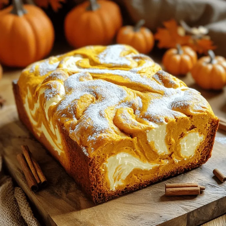 - 2 cups all-purpose flour - 1 cup pumpkin puree - 1/2 cup granulated sugar - 1/2 cup brown sugar, packed - 1/2 cup vegetable oil - 2 large eggs - 1 teaspoon vanilla extract - 1 teaspoon baking powder - 1/2 teaspoon baking soda - 1 teaspoon pumpkin pie spice - 1/2 teaspoon salt - 1/2 cup cream cheese, softened - 1/4 cup powdered sugar - 1 tablespoon milk This recipe is simple and fun. Each ingredient plays a key role. The all-purpose flour gives the bread structure. Pumpkin puree adds moisture and flavor. Granulated and brown sugars bring sweetness and depth. Vegetable oil keeps it soft and tender. Eggs help bind everything together. Vanilla extract adds a nice touch of warmth. Baking powder and baking soda help the bread rise. Pumpkin pie spice gives that cozy fall flavor. Salt enhances all the other tastes. For the cream cheese swirl, softened cream cheese adds richness. Powdered sugar sweetens it just right. A bit of milk makes it smooth to spread. Together, they create a creamy, dreamy layer in your bread. Gather these ingredients, and you’re ready to make some delicious pumpkin spice cream cheese swirl bread! 1. Preheat your oven to 350°F (175°C). Grease a 9x5-inch loaf pan. Set it aside. 2. In a large bowl, mix the pumpkin puree, granulated sugar, brown sugar, vegetable oil, eggs, and vanilla. Stir until smooth. 3. In another bowl, whisk the flour, baking powder, baking soda, pumpkin pie spice, and salt. 4. Gradually add the dry mix to the wet mix. Stir gently until no dry flour remains. 1. In a separate bowl, beat the softened cream cheese with powdered sugar and milk. Mix until creamy and smooth. 1. Pour half of the pumpkin batter into the loaf pan. Use a spatula to spread it evenly. 2. Spoon dollops of the cream cheese mix over the pumpkin batter. Then, cover with the rest of the pumpkin batter. 3. Use a knife or toothpick to swirl the cream cheese mix into the pumpkin batter. Create a nice marbled effect. 4. Bake in the oven for 55-60 minutes. Check doneness with a toothpick in the center. It should come out clean. 5. Let the bread cool in the pan for 10 minutes. Then, transfer it to a wire rack to cool completely. - Checking for doneness with a toothpick: Insert a toothpick into the center of the bread. If it comes out clean, your bread is done. If it has batter on it, bake for a few more minutes. This simple test helps you avoid undercooking. - Adjusting baking time for different ovens: Every oven is unique. If your oven runs hot or cold, check the bread early. Start checking at 50 minutes to avoid overbaking. You want the perfect texture, not dry. - Presentation ideas for serving: Once the bread cools, slice it carefully. Dust it with powdered sugar for a sweet touch. A drizzle of cream cheese glaze adds a nice flair. Use a decorative plate to make it pop. - Pairing with beverages: This bread pairs well with warm spiced tea or coffee. The flavors enhance each other, making your snack time special. For a twist, try it with a glass of apple cider. - Keeping pumpkin puree fresh: Store leftover pumpkin puree in an airtight container. It stays good in the fridge for up to a week. You can also freeze it in small portions for later use. - Storing leftover bread: Wrap the bread tightly in plastic wrap. This keeps it moist and fresh for about three days at room temperature. For longer storage, slice and freeze it. Just thaw before enjoying. {{image_2}} You can easily make this bread your own! Adding nuts or chocolate chips can boost the flavor. Chopped walnuts or pecans add a nice crunch. If you love chocolate, mix in some mini chocolate chips. They melt and create sweet pockets in the bread. You can also play with spices. Instead of pumpkin pie spice, try cinnamon, nutmeg, or ginger. Each spice gives the bread a different taste. A dash of allspice can add warmth, while cardamom brings a unique twist. If you need gluten-free options, swap the all-purpose flour for a gluten-free blend. Many blends work well in baking. Make sure it has xanthan gum for better texture. For a vegan version, replace the eggs with flax eggs. Mix one tablespoon of flaxseed meal with three tablespoons of water for each egg. Use a plant-based oil and substitute cream cheese with a vegan version. There are many good options available. These changes help everyone enjoy this tasty bread! To keep your pumpkin spice cream cheese swirl bread fresh, store it at room temperature. Wrap the cooled bread in plastic wrap or foil. This keeps the bread soft and moist. You can also place it in an airtight container. It will stay fresh for about 3 to 4 days. If you want to save some for later, freezing is a great option. Slice the bread first, so you can take out just what you need. Wrap each slice in plastic wrap, then place them in a freezer bag. Be sure to remove as much air as possible. The bread can last up to three months in the freezer. To enjoy your frozen bread, thaw it overnight in the fridge. For the best taste, warm it up in the oven or microwave. This brings back its fresh-baked flavor and soft texture. Can I use homemade pumpkin puree? Yes, you can use homemade pumpkin puree. Just make sure it is smooth and thick. Store-bought puree is also fine. Both options work well in this recipe. How can I make this recipe dairy-free? To make this bread dairy-free, you can swap cream cheese for a dairy-free cream cheese. Use a non-dairy milk as well. This keeps the bread fluffy and moist without dairy. What is the best way to reheat leftover bread? To reheat leftover bread, wrap it in foil. Place it in a preheated oven at 350°F (175°C) for about 10-15 minutes. This keeps the bread soft and warm. You can also microwave it for 15-20 seconds, but the oven gives better results. What to make with leftover cream cheese? You can use leftover cream cheese in many ways! Spread it on bagels, mix it into dips, or use it in cheesecake. It adds creaminess and flavor to many dishes. How to tell if my bread has gone bad? Check for mold or an off smell. If the bread feels dry or hard, it may be stale. However, if it looks and smells fine, it is likely still good to eat. This blog post covered how to make delicious Pumpkin Spice Cream Cheese Swirl Bread. You learned about the key ingredients, step-by-step instructions, and helpful tips for baking. I shared ideas for variations and storage options to keep your bread fresh. Baking this bread offers warmth and flavor, making it a great treat. Enjoy the process and have fun sharing it with friends and family!