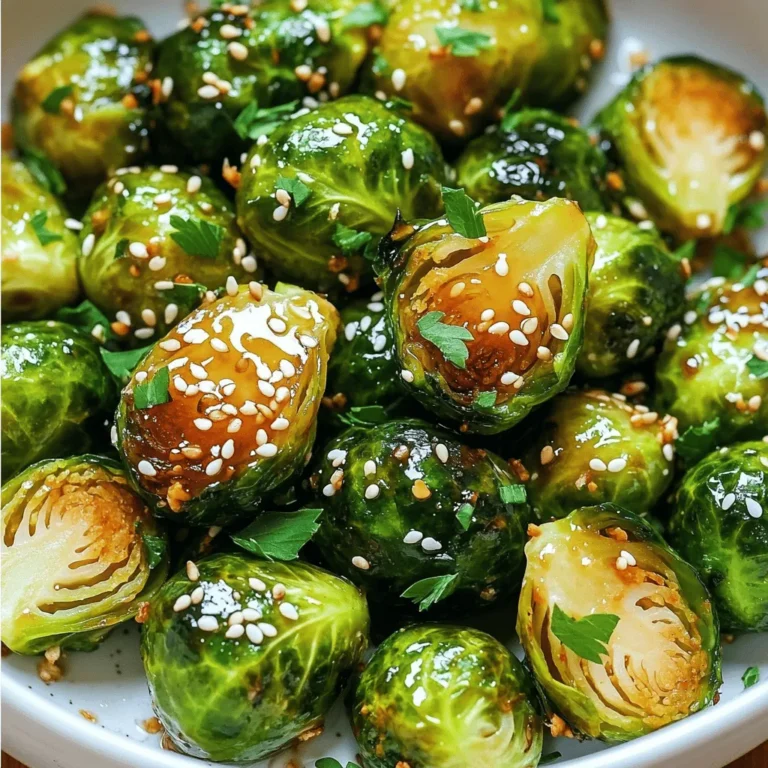 To make Air Fryer Honey Garlic Brussels Sprouts, gather these simple ingredients: - 1 pound Brussels sprouts, trimmed and halved - 2 tablespoons olive oil - 3 tablespoons honey - 2 cloves garlic, minced - 1 teaspoon soy sauce - 1/2 teaspoon black pepper - 1/4 teaspoon salt - 1 tablespoon sesame seeds (optional, for garnish) - Fresh parsley, chopped (for garnish) These fresh Brussels sprouts bring a crunchy texture. The honey adds sweetness, while the garlic gives a nice punch. Olive oil helps everything cook evenly. The soy sauce adds a salty flavor that balances the dish. Don't forget the sesame seeds and parsley for a pretty finish! To start, you must preheat your air fryer. Set it to 375°F (190°C) for about 3-5 minutes. This step helps to ensure your Brussels sprouts cook evenly. A hot fryer gives you that perfect crispiness you want. Next, you will prepare the Brussels sprouts. Take 1 pound of Brussels sprouts, trim off the ends, and cut them in half. In a large bowl, mix the halved sprouts with 2 tablespoons of olive oil, 3 tablespoons of honey, 2 minced garlic cloves, 1 teaspoon of soy sauce, 1/2 teaspoon of black pepper, and 1/4 teaspoon of salt. Toss everything well. Make sure all the sprouts are coated in the tasty mix. Now, it's time to cook! Place the seasoned Brussels sprouts in the air fryer basket. Arrange them in a single layer. If your air fryer is small, you may need to cook them in batches. Air fry for 15-18 minutes. Shake the basket halfway through. This helps to ensure even cooking. You know they are done when they are crispy and golden brown. - Tips for checking doneness: You can check if they are done by poking a sprout with a fork. If it feels tender, they are ready. - Ensuring even cooking: Remember to shake the basket during cooking. This action helps all the sprouts get that lovely crunch. To make great honey garlic Brussels sprouts, choose fresh ones. Look for tight, bright green sprouts. Trim the ends and cut them in half for even cooking. Toss them well in the bowl to coat every piece. This ensures each sprout gets the tasty honey garlic mix. For crispy Brussels sprouts, avoid overcrowding the air fryer basket. If needed, cook in batches. This helps hot air flow around each sprout. Shake the basket halfway through cooking. This step helps them crisp up on all sides. Aim for a golden brown color; that’s the sweet spot for perfect texture. One common mistake is not preheating the air fryer. Always preheat it for 3-5 minutes. This step helps start the cooking process right. Also, be careful with the honey. Too much can make them sticky and soggy. Use the right amount to keep them sweet but crispy. Finally, pay attention to cooking time. Overcooking can lead to burnt sprouts. Check them around the 15-minute mark to avoid this. {{image_2}} If you love spice, you can easily amp up the flavor. Add red pepper flakes or sriracha to the mix. Start with one teaspoon of red pepper flakes and adjust to your taste. This gives the honey garlic Brussels sprouts a nice kick. Combine the heat with sweetness for a great balance. You will love the bold flavor in every bite! Brussels sprouts are great, but you can mix in other veggies too! Try adding carrots, bell peppers, or cauliflower. Just cut them to a similar size for even cooking. Toss them in the same honey garlic mixture. This adds color and flavor to your dish. Plus, it makes your meal even more nutritious. Get creative with your veggie choices! Want to make this dish vegan? It’s easy! Replace honey with maple syrup or agave. Both options add sweetness without any animal products. Use tamari instead of soy sauce for a gluten-free version. These swaps keep the flavor while meeting your dietary needs. Enjoy a delicious vegan meal that everyone will love! Store any leftover Brussels sprouts in an airtight container. Keep them in the fridge. They will last for about three days. Make sure they cool down before you put them in the container. This helps avoid extra moisture, which can make them soggy. To reheat, use your air fryer again. Set it to 350°F (175°C). Heat for about 5-7 minutes. This brings back the crispiness. You can also microwave them, but they may not be as crispy. If you use the microwave, heat in short bursts. Check often to avoid overcooking. You can freeze Brussels sprouts for later use. First, blanch them in boiling water for two minutes. Then, cool them in ice water. Drain and pat dry. Place them in freezer bags, removing as much air as possible. They can last up to three months in the freezer. When ready to use, air fry them directly from frozen. You can roast Brussels sprouts in an oven. Start by preheating your oven to 400°F (204°C). Mix the halved Brussels sprouts with olive oil, honey, minced garlic, soy sauce, black pepper, and salt in a bowl. Spread them on a baking sheet in a single layer. Bake for about 20-25 minutes, turning halfway through. This method gives you a nice crispy texture, too. Yes, you can use frozen Brussels sprouts. Just make sure to thaw and dry them well before cooking. Frozen sprouts may not be as crispy, but they will still taste great. Adjust your cooking time to ensure they heat through. Check for tenderness and crispness as they cook. Honey garlic Brussels sprouts pair well with many dishes. Try them with grilled chicken, salmon, or tofu for a balanced meal. They also work wonderfully as a side for rice or quinoa. - Nutritional information per serving: Each serving has about 150 calories, mostly from healthy fats and carbs. You'll get fiber, vitamins, and minerals, too. - Adjusting flavor preferences: If you like it sweeter, add more honey. For more kick, try adding red pepper flakes. You can also play with the soy sauce amount for saltiness. In this blog post, we explored making honey garlic Brussels sprouts using an air fryer. I provided a list of simple ingredients and step-by-step cooking instructions. We also covered tips for achieving perfect crispiness and variations to try. Finally, I shared how to store leftovers and answered common questions. These sprouts are a tasty choice for any meal. I hope you enjoy making them as much as I do!