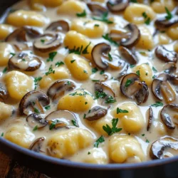 For this creamy mushroom gnocchi, you will need: - 1 pound (450g) potato gnocchi - 2 tablespoons olive oil - 1 medium onion, finely chopped - 3 cloves garlic, minced - 8 ounces (225g) cremini mushrooms, sliced - 1 cup vegetable broth - 1 cup heavy cream (or coconut cream for dairy-free) - 1 teaspoon dried thyme - 1/2 teaspoon salt - 1/4 teaspoon black pepper - 1/2 cup grated Parmesan cheese (or nutritional yeast for dairy-free) - Fresh parsley, chopped (for garnish) You can make this dish your own by adding: - Spinach for extra greens - Sun-dried tomatoes for a tangy kick - Red pepper flakes for heat - Peas for sweetness - Other mushrooms like shiitake or button This dish serves four and provides: - Calories: 450 per serving - Protein: 12g - Fat: 28g - Carbohydrates: 40g - Fiber: 2g This creamy mushroom gnocchi is comforting and easy to make. You can enjoy it during the week without much fuss. First, gather all your ingredients. You need potato gnocchi, onion, garlic, cremini mushrooms, vegetable broth, heavy cream, dried thyme, salt, black pepper, and Parmesan cheese. Fresh parsley will add a nice touch. Make sure to chop the onion and garlic finely. Slice the mushrooms too. This makes cooking quick and easy. 1. Heat the oil: Start by heating the olive oil in a large pot over medium heat. 2. Sauté the onion: Add the chopped onion. Cook it for 3-4 minutes until it looks clear. 3. Add garlic and mushrooms: Stir in the minced garlic and sliced mushrooms. Cook for another 5-7 minutes. The mushrooms should soften and shrink. 4. Pour in broth: Add the vegetable broth to the pot. Bring this mixture to a gentle simmer. 5. Add gnocchi: Toss the gnocchi directly into the pot. Stir gently for a good mix. 6. Cook the gnocchi: Lower the heat and cover the pot. Cook for 3-5 minutes. The gnocchi will rise when they are done. 7. Mix in the cream: Stir in the heavy cream, dried thyme, salt, and black pepper. Mix well to blend the flavors. 8. Add cheese: Gradually add the Parmesan cheese. Stir until it melts and makes the dish creamy. 9. Simmer again: Taste and adjust seasoning if needed. Let it simmer for 2 more minutes. 10. Garnish and serve: Remove from heat. Sprinkle fresh parsley on top and serve. *Here, include images or links to video tutorials for each step. This helps you visualize the process and helps ensure your dish looks perfect.* To boost the taste of your One Pot Creamy Mushroom Gnocchi, use fresh herbs. Adding fresh thyme or rosemary can elevate the flavors. You can also sprinkle some lemon juice before serving. This adds a bright note. For a hint of spice, try red pepper flakes. They give a nice kick without overpowering the dish. One common mistake is cooking the gnocchi too long. You want them soft but firm. If they get mushy, it ruins the dish. Another mistake is not sautéing the mushrooms enough. You need to cook them until they are golden. This brings out their rich flavor. Lastly, don’t skip the cheese. It adds creaminess and depth. To achieve the best creaminess, add the cream slowly. Stir it in gently as you mix. This helps it blend well with other ingredients. If you want a lighter dish, use coconut cream instead. It still gives a rich texture. Also, make sure to use freshly grated cheese. Pre-grated cheese can have additives that affect creaminess. {{image_2}} You can easily adapt this recipe to fit dietary needs. To make it vegan, simply use coconut cream instead of heavy cream. For cheese lovers, swap Parmesan with nutritional yeast. This gives a cheesy flavor without dairy. For gluten-free gnocchi, look for brands that use rice flour or other gluten-free grains. Enjoy the same creamy goodness without worry! While this recipe uses cremini mushrooms, you can try others. Button mushrooms are mild and work well. Shiitake mushrooms add a deep flavor. For a unique twist, use oyster mushrooms. Each variety brings its own taste and texture. Mix and match to find your favorite combo! Want to make it heartier? Add protein! If you prefer chicken, cook it in the pot first. Dice it into bite-sized pieces and sauté with onions. For a plant-based option, try tofu. Use firm tofu, and cube it before adding. Sauté it until golden brown for extra flavor. Both options will make your meal more filling and satisfying. After your meal, let the One Pot Creamy Mushroom Gnocchi cool. Use an airtight container for storage. This helps keep the dish fresh. Place it in the fridge if you plan to eat it within three days. Make sure to seal it well to avoid drying out. When it’s time to enjoy the leftovers, you can reheat them on the stove. Pour the gnocchi into a pot over low heat. Add a splash of vegetable broth or cream to keep it creamy. Stir often until it heats through. You can also use a microwave. Place the gnocchi in a microwave-safe dish. Cover it loosely with a lid or a paper towel. Heat in short bursts, stirring in between, until warm. If you want to freeze the gnocchi, it's best to do this before adding the cream and cheese. Cook the gnocchi as directed, then let it cool completely. Place it in freezer-safe bags or containers. Label with a date. You can freeze it for up to three months. When ready to eat, defrost in the fridge overnight. Then, cook it on the stove with cream and cheese as before. Yes, you can use frozen gnocchi. Just add it directly to the pot. You may need to increase the cooking time slightly. Frozen gnocchi cooks well in the sauce. It will still be soft and tasty. You can use coconut cream as a dairy-free option. It adds a nice richness. For a lighter choice, try half-and-half or whole milk. Both will keep the dish creamy, but the taste will change. This dish lasts about 3 to 4 days in the fridge. Store it in an airtight container. Make sure it cools completely before you put it away. Reheat it gently on the stove for the best results. This blog post covered everything you need for a delicious gnocchi dish. We explored the key ingredients, step-by-step cooking methods, and shared tips for perfecting texture and flavor. You learned about dietary variations and how to store your leftovers well. Remember, cooking is about having fun and experimenting. Use the information to create your own tasty versions. Enjoy the journey and impress your friends and family with your skills!
