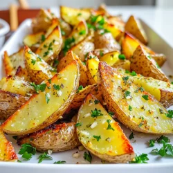 - 4 medium-sized russet potatoes - 3 tablespoons olive oil - 4 cloves garlic, minced To make these tasty potato wedges, start with russet potatoes. They are starchy and crisp up nicely. You will need four medium potatoes. Wash them well and cut them into wedges. Next, we need olive oil. Three tablespoons will do the trick. This oil helps the wedges get crispy. Minced garlic adds a strong, savory flavor. You will need four cloves. - 1 teaspoon dried rosemary - 1 teaspoon dried thyme - 1 teaspoon smoked paprika - Salt and pepper to taste Now, let’s talk about herbs and spices. Dried rosemary gives a nice earthy taste. Use one teaspoon. Dried thyme adds a hint of freshness; again, one teaspoon is enough. Smoked paprika adds a subtle smokiness. You only need one teaspoon for this dish. Finally, don't forget the salt and pepper. They enhance all the flavors. - Fresh parsley, chopped For garnishing, use fresh parsley. Chop it finely to sprinkle on top of the wedges. This adds a pop of color and flavor. It’s a simple touch that makes a big difference. Enjoy your crispy garlic herb potato wedges! First, wash the potatoes well. This removes dirt and makes them clean. Next, cut each potato into wedges. Make sure the wedges are similar in size. This helps them cook evenly and brown nicely. In a large bowl, combine the olive oil, minced garlic, dried rosemary, dried thyme, and smoked paprika. Add salt and pepper to taste. Mix everything well. This creates a tasty marinade that coats the potatoes. Preheat your air fryer to 400°F (200°C) for about 5 minutes. Once it's hot, place the potato wedges in the fryer basket. Keep them in a single layer. If you have many wedges, cook them in batches. Cook for 15-20 minutes. Shake the basket halfway through. This ensures every side gets crispy. When the wedges are golden brown, they are done. Take them out and enjoy the crunch! To get that perfect crisp, do not overcrowd the basket. When you place too many wedges in at once, they will steam instead of fry. It’s better to cook in batches. This way, each wedge gets hot air all around it. Also, remember to shake the basket halfway through cooking. This helps them cook evenly and stay crispy. Want to kick up the flavor? You can add some extra spices. Consider cayenne pepper for heat or onion powder for depth. Mixing fresh herbs with dried herbs can also add more flavor. Fresh rosemary or thyme can brighten the dish. Just chop them finely before adding. These crispy wedges pair well with many dips and sauces. Try them with garlic aioli or a spicy ketchup. They also go great with ranch dressing or barbecue sauce. For side dishes, consider a fresh salad or grilled veggies. These will balance the richness of the wedges. Enjoy experimenting with different flavors! {{image_2}} You can try different types of potatoes for this recipe. While russet potatoes are popular, you can use Yukon Gold or red potatoes. These will give you a slightly different taste and texture. Sweet potatoes are also a great choice. They add a touch of sweetness and are packed with nutrients. Cut them into wedges the same way, and follow the same steps. The result will be a delicious twist on the classic recipe. Feel free to experiment with your herbs! Fresh herbs can add bright flavors. Try using fresh rosemary or thyme in place of dried herbs. You can also mix in fresh basil or cilantro for a unique twist. If you want to spice things up, consider adding crushed red pepper flakes or cumin. These additions make the flavor even more exciting and fun to eat. If you want to make this recipe vegan, it’s easy! Just skip any cheese toppings or dairy-based dips. The recipe is already vegan-friendly with just the potatoes and herbs. For a gluten-free version, ensure your spices are gluten-free. Most herbs and spices are safe, but check the labels to be sure. This way, everyone can enjoy these crispy potato wedges! To keep your potato wedges crispy, store them in an airtight container. Use a container that allows air circulation. This helps maintain their crunch. You can line the container with paper towels to absorb moisture. Keep the wedges in the fridge for up to three days. The best way to reheat these wedges is in the air fryer. Preheat the air fryer to 400°F (200°C). Place the wedges in a single layer and heat for about 5-8 minutes. This will help them regain their crispiness. You can also use an oven for reheating. Preheat the oven to 400°F (200°C) and bake for about 10-15 minutes. A microwave can make them soft, but it's not the best option for crispiness. Yes, you can freeze potato wedges! First, let them cool completely. Then, spread them on a baking sheet in a single layer. Freeze until solid, about 1-2 hours. After that, transfer them to a freezer-safe bag. They can last for up to three months. To thaw, move them to the fridge overnight. Reheat in the air fryer or oven for best results. This will help keep them tasty and crispy! You should cook potato wedges in an air fryer for 15 to 20 minutes. Start by preheating the air fryer to 400°F (200°C) for about 5 minutes. This helps the potatoes cook evenly. Make sure to shake the basket halfway through to get them crispy all around. Yes, you can use other oils if you want. Avocado oil or canola oil are great options. They both have high smoke points and bring a nice flavor to the potatoes. Just stick to oils that are good for high heat. Crispy garlic herb potato wedges pair well with many sides. Here are some ideas: - Grilled chicken or steak - Fresh salads - Dipping sauces like ranch or aioli - Steamed vegetables These sides complement the flavors of the wedges nicely. When cutting potatoes into wedges, here are some helpful tips: - Choose medium-sized russet potatoes for the best texture. - Wash them well to remove dirt. - Cut each potato in half lengthwise, then slice each half into wedges. - Try to keep the wedge sizes uniform. This helps them cook evenly. By following these tips, your potato wedges will turn out great! This blog post walked you through making crispy garlic herb potato wedges. From selecting the right potatoes to adding delicious herbs and spices, each step matters. Remember to preheat your air fryer and check for perfect crispiness. You can tweak the recipe with different potatoes or herbs. Finally, use proper storage for leftovers to keep them tasty. Enjoy your wedges with great dips or as a side dish. Simple, tasty, and fun to make!