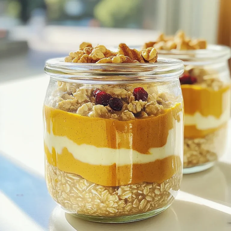 - 1 cup rolled oats - 1 cup unsweetened almond milk (or any milk of choice) - 1/2 cup pumpkin puree (canned or homemade) - 1 scoop vanilla protein powder These main ingredients create a solid base for pumpkin pie overnight oats. Rolled oats are great for fiber and fullness. Almond milk keeps it light and creamy. Pumpkin puree adds rich flavor and nutrients. Vanilla protein powder boosts the protein content. - 1 tablespoon chia seeds - 1 tablespoon maple syrup (optional, for sweetness) - 1 teaspoon pumpkin pie spice - 1/2 teaspoon vanilla extract - Pinch of salt The additional ingredients enhance flavors and add texture. Chia seeds are great for fiber and help thicken the oats. Maple syrup gives a touch of sweetness. Pumpkin pie spice brings that classic fall flavor, while vanilla extract lifts the overall taste. A pinch of salt balances all the flavors. - Chopped nuts (walnuts or pecans) - Dried cranberries - Greek yogurt Toppings add crunch and flavor. Chopped nuts give a nice texture and healthy fats. Dried cranberries add a sweet-tart surprise. Greek yogurt adds creaminess and extra protein. You can mix and match these toppings to suit your taste. - In a medium bowl, combine the rolled oats, almond milk, pumpkin puree, protein powder, chia seeds, maple syrup, pumpkin pie spice, vanilla extract, and a pinch of salt. - Whisk all the ingredients together until smooth and fully mixed. - Divide the mixture evenly into two airtight containers or jars. - Seal the containers and refrigerate overnight. This helps the oats soak up flavors and become soft. - When ready to serve, stir the oats well. - If the mixture feels too thick, add a splash of almond milk to adjust the texture. - Add your choice of toppings just before serving. Chopped nuts, dried cranberries, or Greek yogurt work great for extra flavor and texture. To make great overnight oats, start by soaking them properly. Use rolled oats, as they absorb liquid well. Mix them with your choice of milk, pumpkin puree, and protein powder. Let them soak for at least 4 hours or overnight to get the best flavor. This soaking time softens the oats and lets them get creamy. For the right consistency, check the mixture before serving. If it seems too thick, add a splash of almond milk. This will help you achieve the perfect creamy texture you want. Spices can boost the flavor of your oats. While pumpkin pie spice is a key ingredient, feel free to experiment. Add a pinch of cinnamon or nutmeg for extra warmth. You can also try ginger for a zesty kick. For sweetness, maple syrup is an option. Adjust the amount based on your taste. If you prefer less sweet oats, skip the syrup or use a smaller amount. Always taste before you serve to find your perfect balance. Serving your oats in jars makes them look appealing. Clear jars show off the beautiful layers of oats and toppings. To add a special touch, sprinkle extra pumpkin pie spice on top. For toppings, get creative! Use chopped nuts like walnuts or pecans for crunch. Dried cranberries add a splash of color and sweetness. A dollop of Greek yogurt can make the dish creamy and rich. These little details will make your breakfast not just tasty, but also beautiful! {{image_2}} You can change up the flavor of your overnight oats easily. Here are two fun ideas: - Chocolate protein overnight oats: Swap pumpkin puree for cocoa powder. Use chocolate protein powder instead of vanilla. This makes a rich and tasty breakfast. - Apple cinnamon overnight oats: Replace pumpkin puree with grated apple. Add a teaspoon of cinnamon for warmth. This gives you a cozy fall feeling any time of year. I know many people follow specific diets. Here are some ways to adapt this recipe: - Vegan modifications: Use plant-based protein powder. Choose maple syrup for sweetness. Almond milk is a great base. This keeps the oats fully vegan. - Gluten-free options: Make sure to use certified gluten-free oats. This way, everyone can enjoy them without worry. If you want to change your protein source, consider these options: - Using yogurt or cottage cheese: Stir in Greek yogurt or cottage cheese for creaminess. This adds protein and makes the oats super smooth. - Adding nut butters or seeds: Mix in almond butter, peanut butter, or sunflower seeds. These add flavor and healthy fats. They make your breakfast more filling and tasty. The best way to store your pumpkin pie overnight oats is in the fridge. They stay fresh for up to 3 days. After that, you may notice changes in taste and texture. If the oats smell off or look slimy, it’s time to toss them. You can freeze your overnight oats for longer storage. To freeze, place the mixture in airtight containers. Leave some space at the top for expansion. They can last up to 3 months in the freezer. When you’re ready to eat, move them to the fridge overnight. You can also thaw them in the microwave for a quick option. Making these oats in bulk saves time. You can prepare enough for the whole week. Just divide the oats into single servings. Store each serving in a jar or container. This makes it easy to grab and go in the morning. Overnight oats can last for up to five days in the fridge. To keep them fresh, store them in airtight containers. This helps prevent any odors from other foods. If you notice any changes in smell or texture, it’s best to toss them. Yes, you can make your pumpkin pie overnight oats ahead of time. They are perfect for meal prep. Just mix the ingredients as stated in the recipe. Divide them into containers and refrigerate. You can prepare them up to five days in advance. If you don’t have pumpkin puree, you can use sweet potato puree or mashed banana. Applesauce is another great option for a different flavor. Each substitute will change the taste a bit, but they all work well. To make your overnight oats vegan, use plant-based milk like almond or oat milk. Replace the protein powder with a vegan version. Check the labels for any non-vegan ingredients. The rest of the recipe is naturally plant-based. Enjoy your tasty vegan breakfast! This blog post covered how to make delicious pumpkin pie overnight oats. We discussed key ingredients, preparation steps, and creative variations. You learned tips for the best texture and flavor, plus storage advice for maximum freshness. Overall, these oats are a great breakfast option. They are easy to prepare and packed with nutrition. Enjoy experimenting with flavors and toppings that suit your taste! These overnight oats are sure to be a hit in your morning routine.