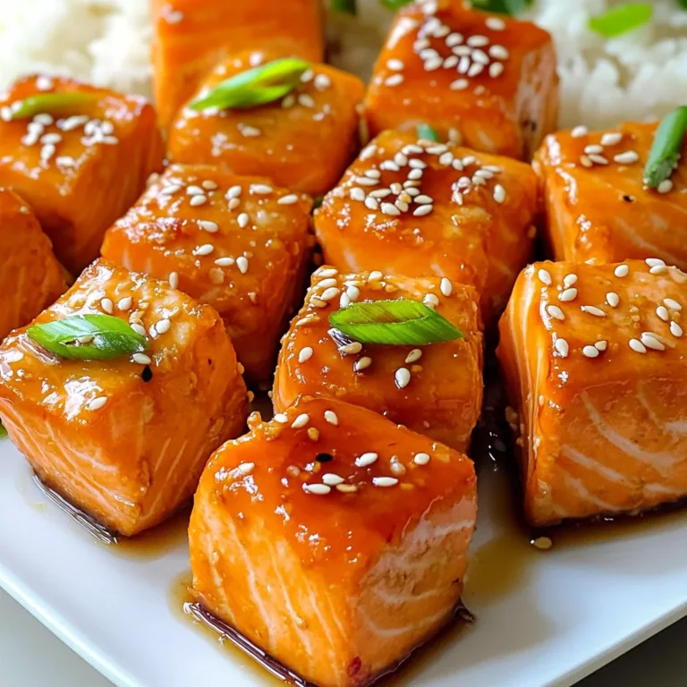 For Air Fryer Teriyaki Salmon Bites, you need: - 1 lb salmon fillet, skin removed and cut into bite-sized cubes - 1/4 cup teriyaki sauce (store-bought or homemade) - 1 tablespoon sesame oil - 1 tablespoon honey - 1 teaspoon grated fresh ginger - 1 garlic clove, minced These main ingredients make the dish flavorful and simple. Salmon is rich in protein and Omega-3s. The teriyaki sauce adds sweetness and depth. Sesame oil brings a nutty flavor, while ginger and garlic give it a nice kick. The marinade is key to great flavor. You mix the teriyaki sauce, sesame oil, honey, ginger, and garlic in a bowl. This blend gives a sweet and savory taste that pairs well with salmon. Letting the salmon soak in this marinade for at least 15 minutes is important. This step helps the flavors soak in well. You can serve your salmon bites in many ways. I love to place them over cooked jasmine rice. The rice soaks up the extra sauce and adds a nice texture. You can also pair them with steamed vegetables for a healthy option. For a fresh touch, add lime wedges. A squeeze of lime brightens the dish and enhances the flavor. To start, gather your marinade ingredients. In a mixing bowl, add: - 1/4 cup teriyaki sauce - 1 tablespoon sesame oil - 1 tablespoon honey - 1 teaspoon grated fresh ginger - 1 minced garlic clove Whisk these together until smooth. This step gives the salmon a tasty and rich flavor. Once your marinade is ready, it’s time to add the salmon. Cut 1 pound of salmon into bite-sized cubes and place them in the bowl. Gently toss the salmon with the marinade. Make sure each piece gets covered. Let it sit for at least 15 minutes. This will soak in all the delicious flavors. Next, preheat your air fryer to 400°F (200°C). This should take about 5 minutes. While it heats, lightly spray the air fryer basket with cooking spray. This helps prevent sticking. Arrange the marinated salmon bites in a single layer in the basket. Make sure not to crowd them. Cook for 8-10 minutes, flipping them halfway through. This ensures even cooking. The salmon should be golden brown and flaky when done. Once finished, carefully remove the salmon bites. Transfer them to a plate and garnish with sesame seeds and sliced green onions. Enjoy your flavorful salmon bites! To boost the taste of your Air Fryer Teriyaki Salmon Bites, consider adding lime juice. This will give your dish a fresh zing. You can also mix in some chili flakes for a bit of heat. If you love crunch, try adding chopped nuts like cashews or peanuts. They add texture and flavor. A sprinkle of scallions or cilantro can also brighten the dish. To ensure your salmon bites cook perfectly, cut the salmon into even-sized cubes. This helps them cook evenly. Preheat your air fryer to 400°F (200°C) for five minutes before cooking. Arrange the salmon in a single layer in the basket. Avoid overcrowding, as this can make them steam instead of crisp. Flip halfway through cooking for that golden brown finish. Aim for 8-10 minutes total cook time to get the best results. When serving your teriyaki salmon bites, make it visually appealing. Use a clean plate and arrange the salmon bites neatly. Drizzle extra teriyaki sauce over the top for extra flavor. Garnish with sesame seeds and sliced green onions for color. For a complete meal, serve with jasmine rice or steamed veggies. Adding lime wedges on the side gives a fresh squeeze just before eating. {{image_2}} You can switch up the flavor by using different sauces. Instead of teriyaki, try soy sauce with a splash of lime. You could also use a sweet chili sauce for a spicy kick. If you like a tangy flavor, a honey mustard mix works great too. Marinades can change the whole dish. Experiment and find what you love. Salmon is fantastic, but other proteins work well too. Try using tuna or shrimp for a change. Both cook quickly in the air fryer and soak up flavors nicely. If you want a non-fish option, chicken breast cubes are also tasty. Just adjust the cooking time to ensure everything cooks evenly. Adding vegetables boosts nutrition and flavor. You can toss in bell peppers or snap peas with the salmon bites. Just cut them small so they cook fast. For a colorful plate, try a mix of carrots, broccoli, and zucchini. They will roast beautifully in the air fryer alongside your salmon. This adds crunch and vibrancy to your meal. To store leftover Air Fryer Teriyaki Salmon Bites, first let them cool. Place them in an airtight container. Keep the container in your fridge. They will last for up to three days. If you want to keep them longer, consider freezing them. For reheating, the air fryer is your best friend. Set it to 350°F (175°C). Cook the salmon bites for 5 minutes. This keeps them crispy and tasty. You can also use a microwave if you’re in a rush. But, the texture may not be the same. To freeze your salmon bites, place them in a freezer-safe bag. Make sure to remove as much air as possible. They can last for up to three months in the freezer. When you’re ready to eat, thaw them in the fridge overnight. Then reheat them in the air fryer for best results. Yes, you can use frozen salmon. Just make sure to thaw it first. You can do this by placing it in the fridge overnight or using the microwave. Once thawed, pat the salmon dry with a paper towel. This helps the marinade stick better. The best way to check salmon is to use a fork. Gently flake the fish. If it flakes easily and is opaque, it’s done. The internal temperature should reach 145°F (63°C). If you have a meat thermometer, use it for accuracy. Making teriyaki sauce is simple. You need: - 1/4 cup soy sauce - 2 tablespoons brown sugar - 1 tablespoon rice vinegar - 1 tablespoon honey - 1 teaspoon grated ginger - 1 clove minced garlic Mix all ingredients in a small saucepan. Heat on low until the sugar dissolves. Let it cool before using. You can serve these bites with: - Cooked jasmine rice - Steamed vegetables - A fresh salad These sides balance the rich flavor of the salmon. You can also add lime wedges for a fresh touch. You learned about making tasty Air Fryer Teriyaki Salmon Bites. We covered ingredients, marinade, and cooking steps. I shared tips for flavor, cooking, and serving. You can also try variations with sauces or veggies. Storing leftovers and reheating ideas help you enjoy this dish later. Experiment and have fun with your meals. You now have the tools to impress anyone at your table. Enjoy creating!