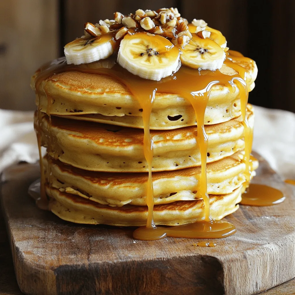 To make my crave-worthy banana caramel pancakes, you need a few simple items. Each ingredient plays a key role in the flavor and texture. Here’s what you’ll need: - 1 cup all-purpose flour - 2 tablespoons sugar - 1 teaspoon baking powder - ½ teaspoon baking soda - ¼ teaspoon salt - 1 cup buttermilk - 1 large egg - 2 ripe bananas, mashed - 2 tablespoons melted butter - 1 teaspoon vanilla extract - ½ cup caramel sauce - Toppings: sliced bananas, chopped nuts Each ingredient is important. The flour gives structure, while the sugar adds sweetness. Baking powder and baking soda help the pancakes rise. Salt balances the flavors. Buttermilk makes the pancakes soft and fluffy. The bananas add natural sweetness and moisture. The melted butter gives richness, and vanilla adds a lovely aroma. Finally, the caramel sauce drizzled on top makes them a true treat. Don't forget your toppings for extra flavor and crunch! 1. Whisk dry ingredients: Start with a large bowl. Add 1 cup of all-purpose flour, 2 tablespoons of sugar, 1 teaspoon of baking powder, ½ teaspoon of baking soda, and ¼ teaspoon of salt. Whisk them together until they blend well. 2. Combine wet ingredients: In another bowl, mix 1 cup of buttermilk, 1 large egg, and 2 ripe bananas that you have mashed. Add in 2 tablespoons of melted butter and 1 teaspoon of vanilla extract. Stir until the mixture is smooth. 3. Mix wet and dry ingredients: Pour the wet mixture into the dry bowl. Stir gently until just combined. It's okay if there are a few lumps; don’t overmix. 1. Preheat skillet: Set your skillet or griddle to medium heat. Lightly grease it with cooking spray or a bit of butter. 2. Pour batter for pancakes: Use a measuring cup to pour about ¼ cup of batter for each pancake onto the skillet. 3. Cooking time and tips for flipping: Cook until bubbles form on the surface, which takes about 2-3 minutes. When ready, flip the pancakes and cook for another 2-3 minutes until they turn golden brown. 1. Stack and serve: Place the pancakes on plates, stacking them high for a fun look. 2. Drizzling caramel sauce: Generously drizzle ½ cup of caramel sauce over the top. This adds a rich flavor. 3. Topping ideas: Finish with sliced bananas and chopped nuts for extra crunch and taste. Enjoy your banana caramel pancakes! - Avoid overmixing: When you mix the wet and dry ingredients, stop when you see lumps. Overmixing makes pancakes tough. You want them light and fluffy. - Adjust heat for cooking: Start with medium heat. If pancakes burn, lower the heat. If they don’t cook, raise it a bit. Finding the right heat is key. - Suggestions for additional spices: Add a sprinkle of cinnamon or nutmeg for a warm touch. A dash of cardamom can also give a unique twist. - Alternatives to caramel: If you don’t have caramel, try maple syrup or honey. They both add sweetness and pair well with bananas. - Best ways to serve: Stack the pancakes high on a rustic wooden board, as it looks inviting. Drizzle extra caramel sauce on top for a special touch. - Garnishing ideas: Use fresh banana slices for color and texture. A sprinkle of chopped nuts adds crunch and flavor. Try using walnuts or pecans for a nice contrast. {{image_2}} Gluten-free options You can make these pancakes gluten-free by using a gluten-free flour blend. Look for a blend that has xanthan gum included. This helps the pancakes hold together better. Dairy-free alternatives For a dairy-free option, swap buttermilk with almond milk or oat milk. You can add a splash of lemon juice to mimic buttermilk's tangy taste. Use coconut oil instead of butter for added richness. Adding chocolate chips Mix in some chocolate chips for a sweet surprise. They melt perfectly into the pancakes, adding a rich flavor. You can use dark, milk, or even white chocolate chips. Incorporating nuts or spices Chop some walnuts or pecans and fold them into the batter. They add a crunchy texture. You can also sprinkle in cinnamon or nutmeg for a warm spice flavor. Ideas for different fruits Change it up by adding different fruits. Blueberries or strawberries work great. You can also try peaches in summer or apples in fall for a new twist. Holiday-themed toppings For holidays, use festive toppings. Try a sprinkle of crushed peppermint for winter. For Thanksgiving, add spiced apples or pecans. In spring, top with fresh berries and a dollop of whipped cream. To store leftover banana caramel pancakes, follow these steps. First, let the pancakes cool down to room temperature. Then, stack them with parchment paper between each pancake to prevent sticking. Place the stack in an airtight container or wrap it tightly in plastic wrap. This method keeps pancakes fresh and tasty in the fridge. You can store them for up to three days. To reheat pancakes, you have two options: the microwave or stovetop. For the microwave, place one or two pancakes on a plate. Heat them for about 20-30 seconds until warm. Check to avoid overheating. For the stovetop, lightly grease a skillet over medium heat. Warm each pancake for about 1-2 minutes on each side. This method keeps them fluffy and delicious. You can freeze banana caramel pancakes for later enjoyment. Stack the cooled pancakes with parchment paper between them. Wrap the stack tightly in plastic wrap and then place it in a freezer bag. This keeps air out and prevents freezer burn. You can freeze pancakes for up to three months. When you're ready to eat, take the pancakes out and thaw them in the fridge overnight. To reheat, use the microwave or stovetop as mentioned earlier. Enjoy your warm, tasty pancakes any day! Can I make these pancakes ahead of time? Yes, you can. Cook the pancakes and store them in the fridge. Reheat them in a toaster or on a skillet. They taste great, even a day later. What can I substitute for buttermilk? You can use milk with a bit of vinegar or lemon juice. Just let it sit for five minutes. This will make a quick buttermilk substitute. How to make homemade caramel sauce? To make caramel sauce, melt sugar in a pan over low heat. Stir until it turns golden brown. Add butter and cream, then mix well. Let it cool before using. Can I use whole wheat flour? Absolutely! Whole wheat flour works well here. It adds a nutty flavor and a bit more fiber. Just note that the pancakes may be denser. How do I know when pancakes are done cooking? Pancakes are ready when bubbles form on the surface. Flip them and cook until they are golden brown. A clean toothpick also means they are done. What are best toppings for banana caramel pancakes? Sliced bananas and chopped nuts are great. You can also add whipped cream or extra caramel sauce. Fresh berries add a nice touch too. How to pair pancakes with beverages? These pancakes pair well with coffee or chai tea. A tall glass of milk works too. For something fruity, try orange juice or a smoothie. This blog post shows how to make banana caramel pancakes. We covered the key ingredients, step-by-step instructions, and helpful tips. You learned about variations, storage info, and frequently asked questions. Use this guide to create delicious pancakes with unique flavors. Remember, pancakes are fun to make and share. Enjoy your cooking journey, and don’t forget the caramel drizzle!