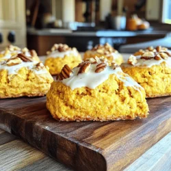 To make pumpkin cream cheese scones, gather these ingredients: - 2 cups all-purpose flour - 1/2 cup granulated sugar - 1 tablespoon baking powder - 1/2 teaspoon baking soda - 1/2 teaspoon salt - 1 teaspoon ground cinnamon - 1/2 teaspoon ground nutmeg - 1/4 teaspoon ground ginger - 1/2 cup unsalted butter, chilled and cubed - 1/2 cup cream cheese, softened - 1/2 cup pumpkin puree - 1 large egg - 1 teaspoon vanilla extract - 1/4 cup heavy cream (for brushing) - Optional: 1/2 cup chopped pecans or walnuts Using fresh ingredients makes a big difference. Choose pure pumpkin puree, not pie filling. It keeps the scones flavorful. Ensure your butter is cold for a flaky texture. Softened cream cheese mixes easily with the pumpkin. Use a kitchen scale for precise measurements if you have one. If you lack some ingredients, don't worry! You can substitute: - All-purpose flour with whole wheat flour for a heartier scone. - Granulated sugar with brown sugar for a deeper flavor. - Cream cheese with mascarpone or Greek yogurt for a lighter scone. - Heavy cream can be swapped with milk for brushing, but the finish won't be as golden. These swaps can help you work with what you have! Enjoy getting creative in the kitchen! To start, gather all your ingredients. You need: - 2 cups all-purpose flour - 1/2 cup granulated sugar - 1 tablespoon baking powder - 1/2 teaspoon baking soda - 1/2 teaspoon salt - 1 teaspoon ground cinnamon - 1/2 teaspoon ground nutmeg - 1/4 teaspoon ground ginger - 1/2 cup unsalted butter, chilled and cubed - 1/2 cup cream cheese, softened - 1/2 cup pumpkin puree - 1 large egg - 1 teaspoon vanilla extract - 1/4 cup heavy cream (for brushing) - Optional: 1/2 cup chopped pecans or walnuts Make sure your butter is cold. Cold butter gives the scones a flaky texture. First, preheat your oven to 400°F (200°C). Line a baking sheet with parchment paper. In a big bowl, whisk the flour, sugar, baking powder, baking soda, salt, cinnamon, nutmeg, and ginger. Mix it well. Next, add the chilled butter to the dry mix. Use a pastry cutter or your fingers to mix until it looks like coarse crumbs. In another bowl, beat the cream cheese, pumpkin puree, egg, and vanilla until smooth. Now, fold this pumpkin mix into the dry ingredients. Use a gentle hand. It’s okay if there are lumps. If you like nuts, add them now. Transfer the dough to a floured surface. Knead it a couple of times to bring it together. Pat the dough into a circle, about 1 inch thick. Cut it into wedges or use a round cutter. Place your scones on the lined baking sheet. Brush the tops with heavy cream. This step gives them a nice golden color. Bake for 15-20 minutes. Check for light browning on the edges. To test if they are done, insert a toothpick. It should come out clean. Once baked, remove them from the oven. Let them cool slightly before moving them to a wire rack. Enjoy your warm, tasty pumpkin cream cheese scones! To get the best texture for your Pumpkin Cream Cheese Scones, keep a few things in mind. First, use cold butter. This helps create flaky layers. When mixing, stop as soon as the dough comes together. A few lumps are fine; they keep the scones light. Lastly, don’t overwork the dough. Just a gentle knead is enough. There are some common mistakes you should avoid. One mistake is using warm butter. This will lead to dense scones, not flaky ones. Another mistake is overmixing. This makes the scones tough. Also, make sure to measure your flour correctly. Too much flour can dry out your scones. Use a kitchen scale for best results. You can easily enhance the flavor and texture of your scones. Adding chopped nuts, like pecans or walnuts, gives a nice crunch. You can also mix in chocolate chips for a sweet twist. For extra spice, try adding a pinch of allspice or cloves. A simple glaze made from powdered sugar and milk can add a sweet touch. {{image_2}} You can enhance your pumpkin cream cheese scones by adding nuts or chocolate chips. Chopped pecans or walnuts work great. They add a nice crunch and nutty flavor. You can mix in half a cup of these nuts right after you fold in the pumpkin mixture. If you love chocolate, try adding chocolate chips instead. Use the same half-cup amount. This little change makes each bite exciting! Feel free to play with flavors to match the season. In fall, you might add a touch of maple syrup for sweetness. This gives your scones a warm, cozy taste. In winter, a pinch of cardamom or allspice can create a festive feel. You can also swap out the pumpkin for mashed sweet potatoes or butternut squash. Both will keep the scones soft and tasty while adding their unique flavors. A glaze can elevate your scones from good to great. After baking, mix powdered sugar with milk or cream for a simple glaze. Drizzle it over the warm scones for a sweet finish. You can add a pinch of cinnamon or nutmeg to the glaze for more flavor. If you want something richer, a cream cheese glaze is perfect. Just beat cream cheese with some powdered sugar and a bit of vanilla. Spread it on each scone for a creamy, dreamy bite! To keep your pumpkin cream cheese scones fresh, store them in an airtight container. They taste best when enjoyed within two days. If you have leftovers, place them at room temperature. Avoid putting them in the fridge, as this can make them dry. You can freeze these scones for up to three months. First, let them cool completely after baking. Then, wrap each scone tightly in plastic wrap. Place the wrapped scones in a freezer bag. Label the bag with the date. When you want to eat one, just remove it from the freezer. To reheat a scone, take it out of the fridge or freezer. If frozen, let it thaw for about 30 minutes. Preheat your oven to 350°F (175°C). Place the scone on a baking sheet and heat for about 10 minutes. This will bring back its warmth and soft texture. You can also microwave it for 15-20 seconds, but this may make it a bit chewy. Enjoy your scones warm for the best experience! Yes, you can make these scones ahead of time. You can prepare the dough and shape the scones. Wrap them tightly in plastic wrap and store them in the fridge. They will stay fresh for up to 24 hours. When you are ready to bake, just brush them with cream and pop them in the oven. You will enjoy fresh-baked scones without all the work in the morning! If you want to skip the cream cheese, you can use Greek yogurt or sour cream. These options give a nice tangy flavor and help keep the scones moist. You can also try mascarpone cheese, which has a smooth texture. Just use the same amount as the cream cheese in the recipe. Each choice brings a unique taste to your scones. To know if your scones are done, look for a light golden color on the edges. You can use a toothpick to check them. Insert the toothpick in the center of a scone. If it comes out clean or with a few crumbs, they are ready. The scones should feel firm but not hard. Let them cool slightly before serving for the best flavor. In this post, we explored the key ingredients and steps to make perfect scones. We covered tips for preparing your dough and baking successfully. You learned about must-know tricks for texture and flavor. Plus, we shared fun variations to try. Remember, practice helps you improve. Use these tips to enjoy making scones your way. Happy baking, and enjoy your delicious creations!