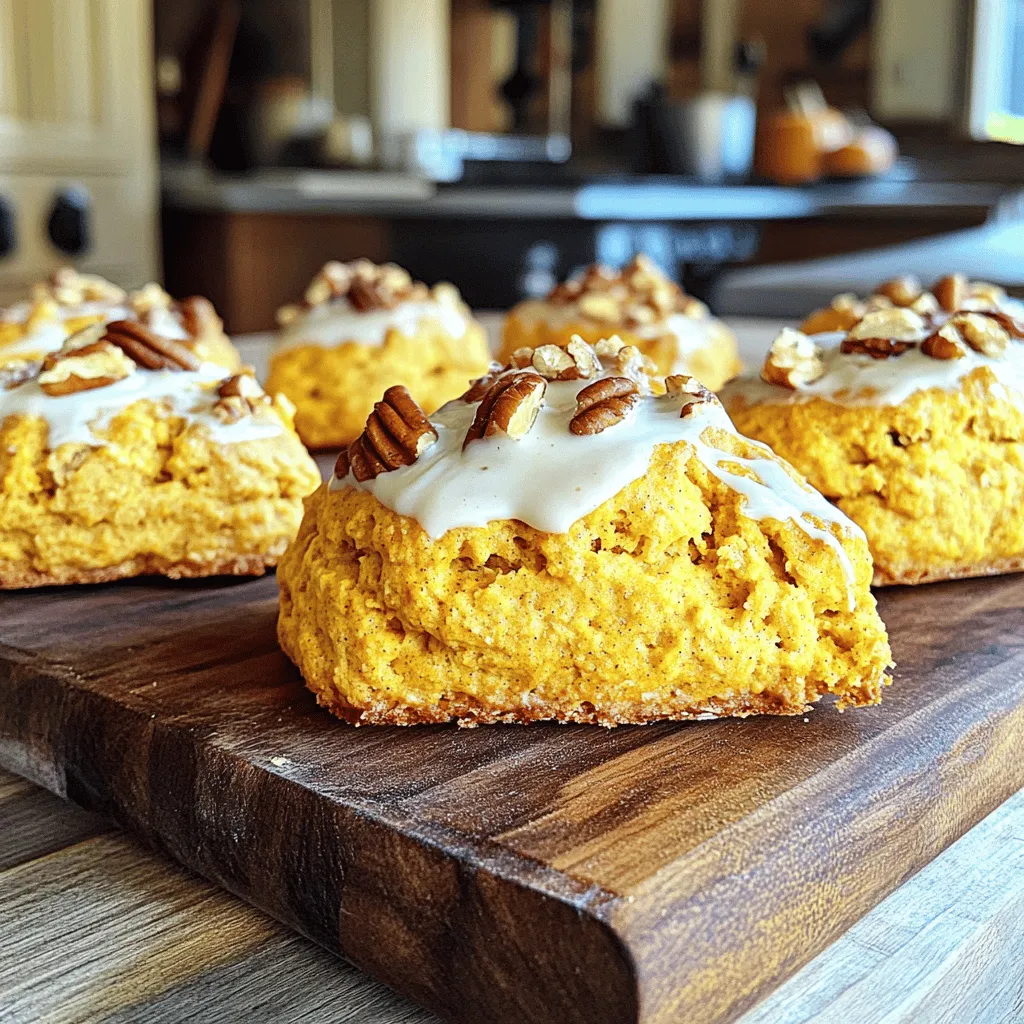 To make pumpkin cream cheese scones, gather these ingredients: - 2 cups all-purpose flour - 1/2 cup granulated sugar - 1 tablespoon baking powder - 1/2 teaspoon baking soda - 1/2 teaspoon salt - 1 teaspoon ground cinnamon - 1/2 teaspoon ground nutmeg - 1/4 teaspoon ground ginger - 1/2 cup unsalted butter, chilled and cubed - 1/2 cup cream cheese, softened - 1/2 cup pumpkin puree - 1 large egg - 1 teaspoon vanilla extract - 1/4 cup heavy cream (for brushing) - Optional: 1/2 cup chopped pecans or walnuts Using fresh ingredients makes a big difference. Choose pure pumpkin puree, not pie filling. It keeps the scones flavorful. Ensure your butter is cold for a flaky texture. Softened cream cheese mixes easily with the pumpkin. Use a kitchen scale for precise measurements if you have one. If you lack some ingredients, don't worry! You can substitute: - All-purpose flour with whole wheat flour for a heartier scone. - Granulated sugar with brown sugar for a deeper flavor. - Cream cheese with mascarpone or Greek yogurt for a lighter scone. - Heavy cream can be swapped with milk for brushing, but the finish won't be as golden. These swaps can help you work with what you have! Enjoy getting creative in the kitchen! To start, gather all your ingredients. You need: - 2 cups all-purpose flour - 1/2 cup granulated sugar - 1 tablespoon baking powder - 1/2 teaspoon baking soda - 1/2 teaspoon salt - 1 teaspoon ground cinnamon - 1/2 teaspoon ground nutmeg - 1/4 teaspoon ground ginger - 1/2 cup unsalted butter, chilled and cubed - 1/2 cup cream cheese, softened - 1/2 cup pumpkin puree - 1 large egg - 1 teaspoon vanilla extract - 1/4 cup heavy cream (for brushing) - Optional: 1/2 cup chopped pecans or walnuts Make sure your butter is cold. Cold butter gives the scones a flaky texture. First, preheat your oven to 400°F (200°C). Line a baking sheet with parchment paper. In a big bowl, whisk the flour, sugar, baking powder, baking soda, salt, cinnamon, nutmeg, and ginger. Mix it well. Next, add the chilled butter to the dry mix. Use a pastry cutter or your fingers to mix until it looks like coarse crumbs. In another bowl, beat the cream cheese, pumpkin puree, egg, and vanilla until smooth. Now, fold this pumpkin mix into the dry ingredients. Use a gentle hand. It’s okay if there are lumps. If you like nuts, add them now. Transfer the dough to a floured surface. Knead it a couple of times to bring it together. Pat the dough into a circle, about 1 inch thick. Cut it into wedges or use a round cutter. Place your scones on the lined baking sheet. Brush the tops with heavy cream. This step gives them a nice golden color. Bake for 15-20 minutes. Check for light browning on the edges. To test if they are done, insert a toothpick. It should come out clean. Once baked, remove them from the oven. Let them cool slightly before moving them to a wire rack. Enjoy your warm, tasty pumpkin cream cheese scones! To get the best texture for your Pumpkin Cream Cheese Scones, keep a few things in mind. First, use cold butter. This helps create flaky layers. When mixing, stop as soon as the dough comes together. A few lumps are fine; they keep the scones light. Lastly, don’t overwork the dough. Just a gentle knead is enough. There are some common mistakes you should avoid. One mistake is using warm butter. This will lead to dense scones, not flaky ones. Another mistake is overmixing. This makes the scones tough. Also, make sure to measure your flour correctly. Too much flour can dry out your scones. Use a kitchen scale for best results. You can easily enhance the flavor and texture of your scones. Adding chopped nuts, like pecans or walnuts, gives a nice crunch. You can also mix in chocolate chips for a sweet twist. For extra spice, try adding a pinch of allspice or cloves. A simple glaze made from powdered sugar and milk can add a sweet touch. {{image_2}} You can enhance your pumpkin cream cheese scones by adding nuts or chocolate chips. Chopped pecans or walnuts work great. They add a nice crunch and nutty flavor. You can mix in half a cup of these nuts right after you fold in the pumpkin mixture. If you love chocolate, try adding chocolate chips instead. Use the same half-cup amount. This little change makes each bite exciting! Feel free to play with flavors to match the season. In fall, you might add a touch of maple syrup for sweetness. This gives your scones a warm, cozy taste. In winter, a pinch of cardamom or allspice can create a festive feel. You can also swap out the pumpkin for mashed sweet potatoes or butternut squash. Both will keep the scones soft and tasty while adding their unique flavors. A glaze can elevate your scones from good to great. After baking, mix powdered sugar with milk or cream for a simple glaze. Drizzle it over the warm scones for a sweet finish. You can add a pinch of cinnamon or nutmeg to the glaze for more flavor. If you want something richer, a cream cheese glaze is perfect. Just beat cream cheese with some powdered sugar and a bit of vanilla. Spread it on each scone for a creamy, dreamy bite! To keep your pumpkin cream cheese scones fresh, store them in an airtight container. They taste best when enjoyed within two days. If you have leftovers, place them at room temperature. Avoid putting them in the fridge, as this can make them dry. You can freeze these scones for up to three months. First, let them cool completely after baking. Then, wrap each scone tightly in plastic wrap. Place the wrapped scones in a freezer bag. Label the bag with the date. When you want to eat one, just remove it from the freezer. To reheat a scone, take it out of the fridge or freezer. If frozen, let it thaw for about 30 minutes. Preheat your oven to 350°F (175°C). Place the scone on a baking sheet and heat for about 10 minutes. This will bring back its warmth and soft texture. You can also microwave it for 15-20 seconds, but this may make it a bit chewy. Enjoy your scones warm for the best experience! Yes, you can make these scones ahead of time. You can prepare the dough and shape the scones. Wrap them tightly in plastic wrap and store them in the fridge. They will stay fresh for up to 24 hours. When you are ready to bake, just brush them with cream and pop them in the oven. You will enjoy fresh-baked scones without all the work in the morning! If you want to skip the cream cheese, you can use Greek yogurt or sour cream. These options give a nice tangy flavor and help keep the scones moist. You can also try mascarpone cheese, which has a smooth texture. Just use the same amount as the cream cheese in the recipe. Each choice brings a unique taste to your scones. To know if your scones are done, look for a light golden color on the edges. You can use a toothpick to check them. Insert the toothpick in the center of a scone. If it comes out clean or with a few crumbs, they are ready. The scones should feel firm but not hard. Let them cool slightly before serving for the best flavor. In this post, we explored the key ingredients and steps to make perfect scones. We covered tips for preparing your dough and baking successfully. You learned about must-know tricks for texture and flavor. Plus, we shared fun variations to try. Remember, practice helps you improve. Use these tips to enjoy making scones your way. Happy baking, and enjoy your delicious creations!