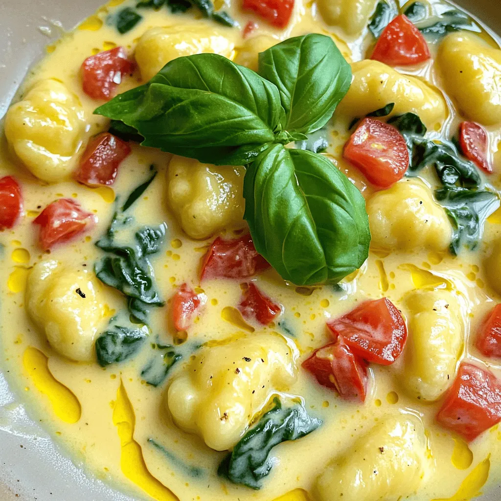 - 1 pound gnocchi (store-bought or homemade) - 2 cups fresh spinach, roughly chopped - 1 can (14 oz) diced tomatoes, drained - 1 cup heavy cream or coconut cream for a lighter option - 1 cup vegetable broth - 1 medium onion, finely chopped - 2 cloves garlic, minced - 1 teaspoon Italian seasoning - ½ teaspoon red pepper flakes (optional) - ½ cup grated Parmesan cheese (or nutritional yeast for a vegan option) - Salt and pepper to taste - 2 tablespoons olive oil - Fresh basil leaves for garnish For gnocchi, I love using De Cecco or Giovanni Rana. They offer great texture. For canned tomatoes, Muir Glen is my favorite for flavor. When it comes to cream, I trust Organic Valley for heavy cream and So Delicious for coconut cream. For cheese, look for Parmigiano-Reggiano for the best taste, or nutritional yeast by Bragg if you prefer vegan. You can swap gnocchi for pasta if needed. Use kale or arugula instead of spinach for a twist. For the cream, almond milk works well, but it won't be as rich. Use chicken broth instead of vegetable broth for a deeper flavor. If you lack Italian seasoning, mix dried oregano, basil, and thyme. Substitute Parmesan with any hard cheese or vegan cheese for a dairy-free option. Start by heating two tablespoons of olive oil in a large pot over medium heat. Once hot, add one finely chopped onion. Sauté it for about 3-4 minutes until it looks clear. This step builds a rich base for your dish. Next, add two minced garlic cloves. Cook them for one more minute. You want to smell the garlic but not burn it. Now, it’s time to add the flavor. Pour in one can of drained diced tomatoes. Cook these for 2-3 minutes. This helps soften them and brings out their taste. Stir them gently as they cook. You want them to break down a bit, mixing with the onion and garlic. Next, pour in one cup of vegetable broth and one cup of heavy cream. If you want a lighter option, you can use coconut cream. Mix everything well. Then, stir in one teaspoon of Italian seasoning. If you like some heat, add half a teaspoon of red pepper flakes. Bring the mixture to a gentle boil. After that, add one pound of gnocchi. Stir to combine and reduce the heat to low. Let it simmer for about 5-7 minutes. The gnocchi will become soft and tender. Once the gnocchi is cooked, stir in two cups of roughly chopped fresh spinach. Cook for another 2-3 minutes. This helps the spinach wilt perfectly and adds a nice color. After that, remove the pot from heat. Stir in half a cup of grated Parmesan cheese. This will make the dish creamy and rich. Lastly, season with salt and pepper to taste. Enjoy your creamy spinach tomato gnocchi! When making creamy spinach tomato gnocchi, start with a hot pot. Heat olive oil over medium heat. Sauté your onion until it turns clear. This step builds a strong base. Then, add minced garlic for aroma. Stir well to prevent burning. When you add tomatoes, let them soften. This helps release their natural sweetness. To make your dish creamy, use heavy cream or coconut cream. Both options work well. Stir these into your pot after adding the broth. This mix creates a rich texture. For extra creaminess, add grated Parmesan cheese at the end. It melts beautifully and enhances flavor. If you want a lighter option, coconut cream is a great choice. Need to save time? Use store-bought gnocchi. It cooks quickly and tastes great. Prep your veggies while the pot heats. Chopping spinach and garlic takes just a few minutes. Keep your ingredients close by. This way, you can add them fast. Cooking everything in one pot cuts down on cleanup too. Enjoy your meal in about 25 minutes! {{image_2}} You can easily make this dish vegan. Swap heavy cream for coconut cream. Use nutritional yeast instead of Parmesan cheese. This gives the dish a cheesy flavor without dairy. You will still enjoy a creamy texture. Fresh spinach and tomatoes stay the same. Want to boost your meal? Add proteins like chickpeas or white beans. Cook them with the tomatoes for extra flavor. You can also try adding cooked chicken or shrimp. These options will make your gnocchi more filling. Just remember to adjust cooking times if needed. Herbs and spices can elevate this dish. Fresh basil adds a bright taste. You can also try thyme or oregano for warmth. If you like heat, add more red pepper flakes. A squeeze of lemon juice brightens the flavors too. Experiment to find your favorite mix! To keep your creamy spinach tomato gnocchi fresh, store it in an airtight container. Let it cool down first. Place it in the fridge for up to three days. Make sure to label the container with the date. This way, you know when to eat it. When you’re ready to eat, reheat it gently. Use a pot on low heat. Add a splash of vegetable broth or cream to help with creaminess. Stir often to prevent sticking. You can also use the microwave. Heat in 30-second intervals, stirring in between. This keeps it warm and delicious. If you want to freeze some gnocchi, it’s easy! First, let it cool completely. Then, place it in a freezer-safe container. You can also use freezer bags. Be sure to remove as much air as possible. Label with the date. It will stay fresh for up to three months. To eat, thaw it in the fridge overnight before reheating. Yes, you can use frozen gnocchi. It makes cooking easy and quick. Just add the frozen gnocchi directly to the pot when you combine the liquids. There is no need to thaw it first. Frozen gnocchi cooks well in the creamy sauce. Just follow the same cooking time as fresh gnocchi, about 5 to 7 minutes. Creamy spinach tomato gnocchi pairs well with many sides. You can serve it with a simple salad. A fresh green salad adds a nice crunch. Garlic bread is another great choice. It soaks up the creamy sauce. You can also add a side of roasted veggies for more flavor and nutrition. To make this dish gluten-free, use gluten-free gnocchi. Many stores sell it now. Check the labels to ensure it is gluten-free. You can also make your own gnocchi using gluten-free flour. Just follow a good recipe. The rest of the ingredients are naturally gluten-free. This blog post covered all the key steps to create a delicious dish. We discussed the essential ingredients and helpful brand choices. I shared easy cooking steps, tips for creamy texture, and time-saving tricks. You learned about fun variations to suit different diets and storage tips for your leftovers. By using these ideas, you can make this recipe your own and enjoy it any day. Happy cooking!