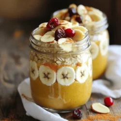 - 1 cup rolled oats - 1/2 cup unsweetened almond milk - 1/2 cup pumpkin puree - 1 scoop vanilla protein powder These main ingredients create a solid base for your overnight oats. Rolled oats provide fiber and keep you full. Almond milk adds a creamy texture without extra calories. Pumpkin puree gives a rich taste and loads of nutrients. Protein powder boosts the protein level, making this dish more filling. - 1 tablespoon maple syrup - Toppings: sliced almonds, dried cranberries, or fresh banana slices You can sweeten your oats with maple syrup if you like a little more sweetness. Adding toppings like sliced almonds or dried cranberries makes your dish more exciting. Fresh banana slices add natural sweetness and creaminess too. Each serving of these oats has about 300 calories. You get around 15 grams of protein and 10 grams of fiber. The oats and pumpkin provide essential vitamins. They help support your immune system, digestion, and heart health. This dish is not only tasty but also good for you! 1. In a mixing bowl, add the rolled oats, almond milk, pumpkin puree, protein powder, chia seeds, maple syrup, pumpkin spice, cinnamon, and a pinch of salt. 2. Stir the mixture well. Make sure everything is combined nicely. 3. Next, divide the mixture into two jars or meal prep containers. Use containers with lids for best results. - Refrigerate the jars overnight or for at least 4 hours. This helps the oats soak up the flavors and liquid. - For the best taste, let them sit for a full night. The longer they sit, the better they taste. - In the morning, stir the oats again. If they seem thick, splash in a little more almond milk. - Top with sliced almonds, dried cranberries, or banana slices. These add nice crunch and sweetness. - Serve in clear jars to show off the pretty layers. A sprinkle of pumpkin spice on top makes it look inviting. How to fix thick oats If your oats turn too thick, you can easily fix this. Just add a splash of almond milk. Stir well until you reach the right texture. This keeps your oats creamy and smooth. Alternative liquid options You can switch almond milk for any milk you like. Try using oat milk, coconut milk, or regular milk. Each option gives your oats a unique taste. Adding spices or sweeteners For extra flavor, add more spices like nutmeg or ginger. A teaspoon of honey or agave syrup also works well if you want it sweeter. Just remember, a little goes a long way! Suggestions for seasonal variations Change things up with seasonal flavors. In winter, try adding peppermint extract. In spring, mix in fresh berries. You can use these ideas to keep your oats fresh and exciting. How to prepare for a busy week To save time, make a big batch on Sunday. Just double the recipe and divide into jars. This way, you have healthy breakfasts ready all week. Storage tips for freshness Keep your jars in the fridge with lids on. They will stay fresh for up to five days. However, add toppings like fruit just before eating. This keeps them crunchy and tasty! {{image_2}} You can mix things up with pumpkin protein oats. One fun idea is to make chocolate pumpkin protein oats. Just add cocoa powder to your base mix. This gives a rich flavor with the health benefits of pumpkin. You can also try adding nut butter to your oats. Almond or peanut butter adds creaminess and protein. A spoonful swirled in before serving makes breakfast feel like a treat. If you need gluten-free options, choose certified gluten-free oats. They taste great and keep the dish safe for those with gluten issues. For dairy-free substitutions, stick with almond milk or any plant-based milk. Coconut milk works well too, adding a nice hint of sweetness. Overnight oats can be served in fun ways. Try layering your oats in a parfait glass. Add yogurt and fresh fruit between the layers. This adds color and texture to your dish. You can also turn your oats into a smoothie. Blend the soaked oats with extra milk and ice. This gives you a creamy, drinkable breakfast that's easy to take on the go. To keep your pumpkin protein overnight oats fresh, store them in airtight containers. This keeps air out and prevents drying. Label your jars with the date you made them. They will stay fresh for up to five days in the fridge. Be sure to check for any off smells or changes in texture before eating. Yes, you can freeze pumpkin protein oats! To do this, place them in freezer-safe containers. Leave some space at the top for expansion. They can last for about three months in the freezer. When you're ready to eat, thaw them overnight in the fridge. You can also use the microwave for quick thawing. Just heat them in short bursts, stirring in between. Using eco-friendly containers is a great way to store your oats. Glass jars work well and are reusable. For portion control, use smaller containers. This helps you grab a quick breakfast on busy mornings. You can also use old yogurt containers or mason jars. They are perfect for storing individual servings. Can I substitute the pumpkin puree? Yes, you can! If you don't have pumpkin puree, try using sweet potato puree or a fruit puree like applesauce. Both add a nice flavor and moisture to your oats. Just make sure the texture stays thick. How to make this recipe vegan? To make this recipe vegan, use plant-based protein powder and almond milk. Skip the maple syrup if you prefer. This keeps it tasty and plant-friendly! Can I use quick oats instead of rolled oats? Yes, you can use quick oats. They will cook faster and make a softer texture. Keep in mind that the oats may absorb liquid differently, so check the consistency. How to modify for different protein powders? You can swap different protein powders based on taste or dietary needs. Just make sure to check the flavor. If you use chocolate protein, consider adding different spices to match. What are the health benefits of protein in breakfast? Protein in breakfast helps keep you full longer. It supports muscle growth and repair. Starting your day with protein boosts your energy and focus too. Why include chia seeds in overnight oats? Chia seeds are great for fiber and omega-3s. They help thicken the oats and add texture. Plus, they can help keep you full and satisfied! You can create delicious pumpkin protein oats using simple ingredients like rolled oats, almond milk, and pumpkin puree. Each step, from mixing to storing, ensures your oats stay fresh and tasty. Remember, you can adjust flavors and try new variations to fit your needs. Meal prepping these oats saves time and keeps breakfast easy. Enjoy the health benefits while fueling your day. These oats make mornings simple, tasty, and nutritious. Try different toppings to add flair. Embrace this easy recipe—I hope you love it!
