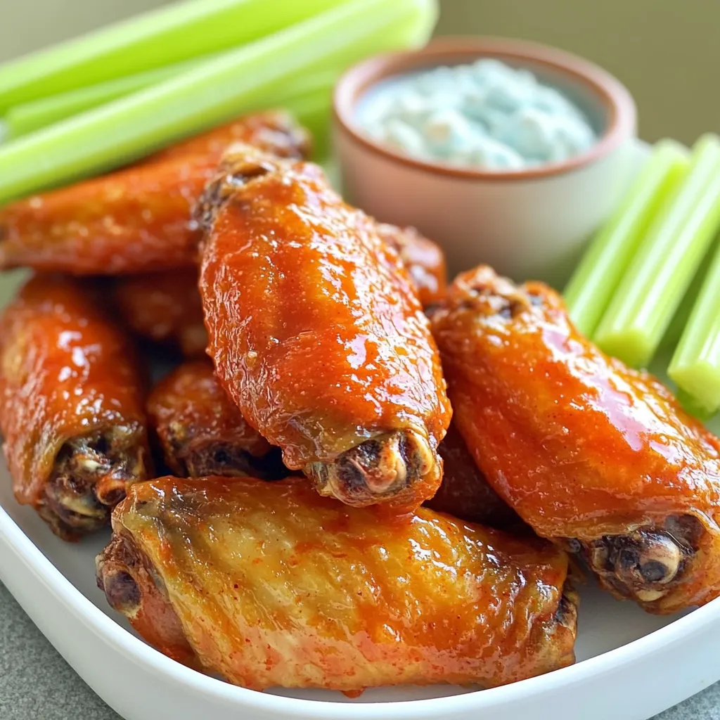 To make Air Fryer Buffalo Chicken Wings, you will need the following ingredients: - 2 pounds chicken wings - 1 teaspoon garlic powder - 1 teaspoon onion powder - 1 teaspoon smoked paprika - 1/2 teaspoon cayenne pepper - 1 teaspoon salt - 1/2 teaspoon black pepper - 1/2 cup hot sauce - 2 tablespoons unsalted butter, melted - Fresh celery sticks and blue cheese dressing for serving These simple ingredients create a powerful flavor. The chicken wings are the star of the dish. They need to be fresh and well-trimmed. The spices bring warmth and depth. Garlic powder and onion powder add savory notes. Smoked paprika gives a nice smokiness. Adjust the cayenne pepper based on your spice level. Salt and black pepper enhance the flavors of the wings. The hot sauce and butter mix creates a classic buffalo sauce. Don’t forget the celery sticks and blue cheese dressing. They balance the heat and add crunch. Gather all these ingredients before you start cooking. This helps keep the process smooth and fun. First, set your air fryer to 400°F (200°C). Preheating takes about 5 minutes. This step is crucial. It helps wings cook evenly and get crispy. Without preheating, wings may turn out soggy. In a large bowl, add the chicken wings. Sprinkle in the garlic powder, onion powder, smoked paprika, cayenne pepper, salt, and black pepper. Mix well. Make sure every wing gets an even coat of the spices. This enhances the flavor and makes each bite tasty. Place the seasoned wings in a single layer in the air fryer basket. Avoid overcrowding. Cook the wings for 25-30 minutes. Halfway through, shake the basket. This ensures they crisp up well on all sides. For extra crispiness, check on them a few minutes early. While the wings cook, mix the hot sauce and melted butter in a small bowl. Once the wings are golden and crispy, take them out. Transfer the wings to a large bowl. Pour the hot sauce mixture over them. Toss gently until all wings are coated. Serve right away with fresh celery sticks and blue cheese dressing. Enjoy the spicy, crispy goodness! - Spacing in the Air Fryer: Give your chicken wings space. This helps hot air flow. If the wings touch, they won't crisp up well. Aim for a single layer in the basket. This makes them cook evenly. - Utilizing Heat Circulation: The air fryer cooks by moving hot air. Shake the basket halfway through cooking. This helps all sides get crispy. You can also rotate the wings if needed for extra crispness. - Customizing Cayenne Pepper: If you like heat, keep the cayenne pepper at half a teaspoon. Want it milder? Use less cayenne. You can even skip it altogether if you prefer no spice. - Alternatives for Spice: For more heat, add a bit of hot sauce to the spice mix. If you want a milder flavor, try adding a pinch of paprika instead. This gives taste without too much heat. - Ideal Side Sauces and Dips: Blue cheese dressing is a classic choice. Ranch dressing also pairs well with spicy wings. Both add a cool contrast to the heat. - Presented Alongside Celery Sticks: Fresh celery sticks are great with wings. They add crunch and freshness. Plus, they help cool down your mouth after a spicy bite. {{image_2}} You can change the flavor of your wings with different sauces. One tasty option is garlic parmesan. For this, mix melted butter with garlic and grated parmesan cheese. Toss your cooked wings in this mix for a creamy, savory taste. Another great choice is honey BBQ. Blend honey with your favorite BBQ sauce. This sweet and smoky mix adds a fun twist to the traditional buffalo flavor. Try these sauces to keep things fresh! You can cook wings in many ways. The air fryer is quick and gives you crispy skin. But you can also bake wings in the oven. Just spread them out on a baking sheet and cook at 425°F for about 40 minutes. This method takes longer but can still give you great results. Grilling is another fun option, especially in summer. Marinate your wings in your favorite sauce. Then, grill them over medium heat for a smoky flavor. Each method gives you tasty wings, so try them all! Want to make wings healthier? Start with skinless chicken wings. This cut has less fat but still tastes great. You can also use reduced-fat sauces. Look for hot sauces made with less oil or sugar. These adjustments let you enjoy wings without the guilt. To store leftover wings, first let them cool. Place them in an airtight container. Use parchment paper between layers for extra crispiness. Refrigerate the wings within two hours of cooking. They stay fresh for up to three days in the fridge. To freeze air-fried wings, first let them cool completely. Next, arrange the wings in a single layer on a baking sheet. Freeze them for about an hour. Once frozen, place the wings in a freezer bag. Remove as much air as possible before sealing. These wings can last up to three months in the freezer. To reheat, preheat your air fryer to 375°F (190°C). Cook the wings for about 15 minutes, shaking halfway through for even heating. Always store the sauce separately from the wings. This keeps them crispy. If you mix the sauce in, they can get soggy. Homemade hot sauce lasts about a week in the fridge. Store it in a sealed jar or container for best results. To make air fryer buffalo chicken wings, follow these steps: - Preheat your air fryer to 400°F (200°C). - In a large bowl, mix 2 pounds of chicken wings with: - 1 teaspoon garlic powder - 1 teaspoon onion powder - 1 teaspoon smoked paprika - 1/2 teaspoon cayenne pepper - 1 teaspoon salt - 1/2 teaspoon black pepper - Toss the wings to coat them evenly. - Place the wings in a single layer in the air fryer basket. - Cook for 25-30 minutes, shaking the basket halfway. - Combine 1/2 cup hot sauce and 2 tablespoons melted butter. - After cooking, toss the wings in the sauce, and serve with celery sticks and blue cheese dressing. Set your air fryer to 400°F (200°C) for chicken wings. This high temperature ensures they cook quickly and become crispy. It’s important to preheat your air fryer for about 5 minutes before cooking to achieve the best results. Yes, you can cook frozen chicken wings in the air fryer. Here are some tips: - Increase the cooking time by about 5-10 minutes. - Ensure the wings are spread out in a single layer. - Shake the basket halfway through to help them cook evenly. Cooking from frozen may not yield the same crispiness, but it’s a great option for last-minute meals. To enhance crispiness: - Ensure wings are not overcrowded in the basket. - Pat the wings dry with paper towels before seasoning. - Use a light coating of oil or cooking spray. - Cooking at a higher temperature, like 400°F (200°C), helps too. - Shake the basket halfway through to let hot air circulate. Some popular dipping sauces include: - Blue cheese dressing - Ranch dressing - Honey mustard - Garlic aioli These sauces add great flavor and balance the heat from the buffalo sauce. Enjoy them with fresh celery sticks for a crunchy bite! In this post, we covered making air fryer buffalo chicken wings. We discussed the best ingredients, the step-by-step process, and tips for perfect crispiness. I shared ideas for variations and helpful storage tips too. Remember, you can enjoy these wings with a variety of sauces. Whether you like them spicy or mild, there’s an option for everyone. Now it's time to gather your ingredients and try this tasty recipe. Enjoy your cooking and don't forget to share these wings with friends!