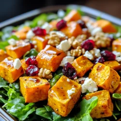 - 2 large sweet potatoes, peeled and cubed - 3 tablespoons olive oil - 2 tablespoons pure maple syrup - 1 teaspoon ground cinnamon Sweet potatoes are the star of this salad. They bring a sweet, earthy flavor. Their bright orange color makes the dish pop. Olive oil is key for roasting. It helps the sweet potatoes cook evenly and adds richness. Maple syrup adds a delightful sweetness. This blend of flavors makes every bite special. Ground cinnamon gives warmth and depth. It enhances the sweet notes in the potatoes. - 4 cups mixed greens (spinach, arugula, and kale) - 1/2 cup feta cheese, crumbled - 1/4 cup walnuts, roughly chopped - 1/4 cup dried cranberries - 2 tablespoons balsamic vinegar Mixed greens are fresh and crunchy. They balance the sweetness of the roasted sweet potatoes. Feta cheese adds a salty creaminess. Its tangy flavor contrasts nicely with the sweet elements. Walnuts bring a nice crunch and nutty taste. Dried cranberries add a bit of chewiness and sweetness. They also bring color to the salad. Balsamic vinegar ties everything together. It adds a tangy finish that elevates the dish. - Salt - Pepper Salt and pepper are must-haves in any dish. They enhance flavors and bring everything to life. A pinch of salt can brighten the sweetness of the sweet potatoes. Freshly cracked pepper adds a hint of spice. Adjust these seasonings to your taste for the best result. Preheating the oven Start by preheating your oven to 400°F (200°C). This step is crucial for roasting. A hot oven helps the sweet potatoes become tender and caramelized. Preparing sweet potatoes Next, take 2 large sweet potatoes. Peel and cube them into bite-sized pieces. In a large bowl, mix the cubed sweet potatoes with 3 tablespoons of olive oil, 2 tablespoons of pure maple syrup, 1 teaspoon of ground cinnamon, salt, and pepper to taste. Toss everything together until the sweet potatoes are fully coated. Roasting the sweet potatoes Spread the seasoned sweet potatoes on a baking sheet lined with parchment paper. Make sure they lay flat and do not overlap. Roast them in the oven for about 25-30 minutes. Halfway through, turn them to ensure even cooking. Check for tenderness and caramelization; they should be soft and golden brown. Assembling the salad While the sweet potatoes roast, prepare the salad base. In a large serving bowl, place 4 cups of mixed greens like spinach, arugula, and kale. Once the sweet potatoes cool slightly, add them to the greens. Next, sprinkle 1/2 cup of crumbled feta cheese, 1/4 cup of roughly chopped walnuts, and 1/4 cup of dried cranberries on top. Finally, drizzle 2 tablespoons of balsamic vinegar over everything and gently toss to combine. Serve your salad immediately for a warm, comforting dish. If you prefer, chill it for 10 minutes before serving. This allows the flavors to meld together, enhancing the taste. Enjoy each bite of this delightful salad! To get the best flavor, you want sweet potatoes to caramelize. This adds a nice sweetness and depth. Here’s how to ensure that: - Use a hot oven: Preheat to 400°F (200°C). This heat helps with browning. - Spread them out: Make sure sweet potatoes are in a single layer. This lets them roast, not steam. Cutting sweet potatoes evenly is key for even cooking. Here’s how: - Uniform cubes: Aim for 1-inch cubes. This size cooks well and gives great texture. - Use a sharp knife: A sharp knife helps you cut through the tough skin easily. You can boost the flavor of your salad with these fun toppings: - Avocado: Adds creaminess. - Pumpkin seeds: For a crunchy texture. - Fresh herbs: Like parsley or cilantro for extra freshness. If you want to switch up the dressing, try these alternatives: - Honey mustard: For a tangy twist. - Lemon vinaigrette: Adds brightness and acidity. Leftovers are great for lunch or snacks. Here’s how to store them: - Use airtight containers: This keeps the salad fresh. - Refrigerate: It can last up to three days in the fridge. When it comes to reheating, follow these tips: - Microwave: Heat in short bursts, stirring often. - Enjoy cold: This salad tastes great cold too! {{image_2}} You can change the feta cheese if you want. Try goat cheese for a tangy kick. Creamy ricotta also makes a great choice. If you need a dairy-free option, use a vegan cheese. For nuts, walnuts add a nice crunch. However, you can swap them for pecans or almonds. Each nut gives a different taste and texture to the salad. To make this dish vegan, skip the feta cheese. You can add avocado for creaminess. Use a vegan balsamic dressing instead of standard balsamic vinegar. For a gluten-free option, this salad is already safe. Just be sure your maple syrup and any added toppings are gluten-free. This way, everyone can enjoy it! In spring, add fresh berries like strawberries or blueberries. They provide a sweet burst that pairs well with sweet potatoes. In the fall, try chopped apples or pears for a cozy flavor. You can also mix in root vegetables like carrots or beets. They roast nicely and add color to the dish. Feel free to blend different veggies for a heartier salad! To keep your Maple Roasted Sweet Potato Salad fresh, use airtight containers. Glass containers work best as they do not stain or hold odors. Make sure to cool the salad before sealing. Store it in the fridge for up to four days. If you want to freeze leftovers, follow these steps: 1. Let the salad cool completely. 2. Portion it into freezer-safe bags or containers. 3. Remove as much air as possible to prevent freezer burn. To thaw, place the salad in the fridge overnight. Reheat it in the microwave for a few minutes or enjoy it cold. In the fridge, the salad lasts about four days. If it starts to smell sour or looks slimy, it’s time to toss it. Always check for any signs of spoilage before eating. Can I make this salad ahead of time? Yes, you can make this salad ahead of time. I suggest roasting the sweet potatoes first. Let them cool. Then, store them in the fridge. You can mix the salad before serving. This keeps the greens fresh. What can I serve with Maple Roasted Sweet Potato Salad? This salad pairs well with grilled chicken or fish. You can also serve it with a warm grain like quinoa. If you want a light meal, it works great on its own. Can I use canned sweet potatoes? Canned sweet potatoes are not ideal for this recipe. They may be too soft and mushy. Fresh sweet potatoes give better texture and flavor. If you are in a hurry, you can use canned ones. Just drain and rinse them well. What greens work best for this salad? I love using mixed greens like spinach, arugula, and kale. They add a nice crunch and flavor. You can also try romaine or spring mix for a different taste. How do I know when sweet potatoes are done roasting? Sweet potatoes are done when they are tender and caramelized. You can poke them with a fork to check. If they slide off easily, they are ready. Can I use brown sugar instead of maple syrup? Yes, you can use brown sugar if you want. It will change the flavor a bit. Maple syrup adds a unique taste that enhances the salad. If you choose brown sugar, mix it with a bit of water to help it blend. You now have a clear guide to make Maple Roasted Sweet Potato Salad. We covered the main and extra ingredients, preparation steps, and cooking tips. These details ensure tasty results. Remember, you can adjust ingredients based on your taste and dietary needs. Storing leftovers properly keeps your salad fresh longer. Enjoy experimenting with flavors and variations! Making this salad will surely impress everyone at your table. Dive in and savor each bite!