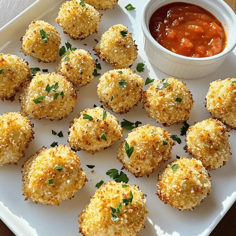 - 1 pound boneless, skinless chicken breasts - 1 cup grated Parmesan cheese - 1 cup breadcrumbs (preferably panko) - 2 large eggs - 1 teaspoon garlic powder - 1 teaspoon onion powder - 1 teaspoon Italian seasoning - Salt and pepper to taste - Cooking spray or olive oil - Air fryer - Mixing bowls - Whisk - Measuring cups and spoons To make Air Fryer Parmesan Chicken Bites, gather the ingredients first. Start with one pound of boneless, skinless chicken breasts. Cut them into small, bite-sized pieces. This will help them cook evenly and stay juicy. Next, you need one cup of grated Parmesan cheese. This cheese adds a rich flavor and great crispiness. For extra crunch, use one cup of panko breadcrumbs. Panko is lighter and gives a better texture. You will also need two large eggs. They act as a binding agent. Add one teaspoon each of garlic powder, onion powder, and Italian seasoning for flavor. Adjust salt and pepper to taste. Lastly, have some cooking spray or olive oil on hand. This will help the chicken bites get that golden brown color. Make sure to gather your tools, too. You will need an air fryer to cook the bites quickly. Mixing bowls help combine the ingredients well. A whisk is handy for beating the eggs. Measuring cups and spoons ensure you get the amounts right. With these ingredients and tools, you are ready to create a crispy delight! First, cut the boneless, skinless chicken breasts into bite-sized pieces. Aim for about one-inch cubes for even cooking. Next, prepare the egg wash. In a bowl, whisk two large eggs until they are well-beaten. This mix helps the breadcrumbs stick to the chicken. Now, let’s make the flavorful coating. Combine one cup of grated Parmesan cheese, one cup of breadcrumbs, one teaspoon of garlic powder, one teaspoon of onion powder, one teaspoon of Italian seasoning, and some salt and pepper in a bowl. Mix everything well. This blend gives your chicken bites a tasty crust. Take each chicken piece, dip it into the egg wash, and coat it fully. Then, transfer it to the breadcrumb mix. Press gently to ensure the crumbs stick. Repeat this until all chicken pieces are well coated. Preheat your air fryer to 400°F (200°C) for about five minutes. This step is key for getting that crispy texture. Lightly spray the air fryer basket with cooking spray. Place the chicken bites in a single layer in the basket. Do not overcrowd them; this helps them cook evenly. Spray the tops of the chicken lightly with cooking spray or drizzle with olive oil. This extra touch helps them crisp up nicely. Cook the chicken bites for 10 to 12 minutes. Shake the basket halfway through to ensure they brown evenly. Check that the chicken reaches an internal temperature of 165°F (75°C). Once cooked, let them cool for a few minutes before serving. To get the best crispiness, preheat your air fryer. This step warms up the air fryer. It helps cook the chicken bites evenly and makes them nice and crunchy. While you wait, use cooking spray or a light drizzle of olive oil. This helps the coating stick and gives a golden color. For dipping, marinara sauce works great. You can also try ranch or honey mustard. Serve the chicken bites on a nice platter. A sprinkle of fresh parsley adds a pop of color. One mistake is not coating the chicken properly. Make sure to dip each piece in the egg and then in the breadcrumbs. This adds flavor and crunch. Another mistake is overcrowding the air fryer basket. Leave space between the chicken bites. This helps them cook evenly and stay crispy. {{image_2}} You can change the taste of these chicken bites by using different herbs. Try adding basil or oregano for a fresh twist. These herbs bring a lovely aroma and flavor. You can also use spices to give it a kick. Paprika adds a mild heat, while cayenne brings more spice. Just sprinkle a little in your breadcrumb mix. If you want to switch things up, consider using different cheeses. Cheddar or mozzarella can work well. These cheeses melt nicely and add a new flavor. If you need a gluten-free option, use gluten-free breadcrumbs. They can still give you that crunchy texture without the gluten. To make these chicken bites a complete meal, think about sides. They pair well with roasted vegetables or a fresh salad. You can also use them in wraps or bowls. Add some greens, veggies, and a tasty sauce. This way, you create a fun and filling meal that everyone will enjoy. To keep your chicken bites fresh, let them cool first. Place them in an airtight container. This helps lock in the flavor. In the refrigerator, they last about three days. If you want them to last longer, you can freeze them. In the freezer, they stay good for about three months. The best way to reheat these chicken bites is in the air fryer. Set it to 400°F (200°C) and cook for about 5-7 minutes. This keeps them crispy. If you don’t have an air fryer, you can use the oven. Preheat it to 375°F (190°C) and bake for about 10-12 minutes. You can also use the microwave, but they might not stay crispy. If you do, heat them for 30 seconds to 1 minute. Just remember to check that they are warm all the way through. To make these chicken bites crispy, follow a few simple tips: - Use panko breadcrumbs instead of regular ones for extra crunch. - Preheat the air fryer to 400°F (200°C) for at least 5 minutes. - Lightly spray the chicken bites with cooking spray or drizzle with olive oil before cooking. - Arrange the chicken bites in a single layer in the basket. Avoid overcrowding. - Shake the basket halfway through cooking to ensure even crisping. These steps will give you that perfect crunch we all love! Yes, you can use frozen chicken, but there are some points to consider: - Thaw the chicken completely before breading. This helps the coating stick better. - Make sure the internal temperature reaches 165°F (75°C) during cooking. - Cooking time may be a bit longer for frozen chicken, so check for doneness. Using fresh chicken often gives better texture, but frozen works fine too! These chicken bites are great with many sauces. Here are some popular options: - Marinara sauce for a classic Italian touch. - Ranch dressing for a creamy, herby dip. - Honey mustard for a sweet and tangy flavor. - BBQ sauce for a smoky kick. Each sauce adds its own twist, so feel free to try different ones! In this post, we explored how to make Air Fryer Parmesan Chicken Bites. You learned about the key ingredients, preparation steps, and useful cooking tools. I shared tips for crispy chicken and offered tasty variations to suit your taste. Remember to store leftovers properly and reheat them to keep that crunch. With these insights, you can enjoy delicious chicken bites that impress. Happy cooking!
