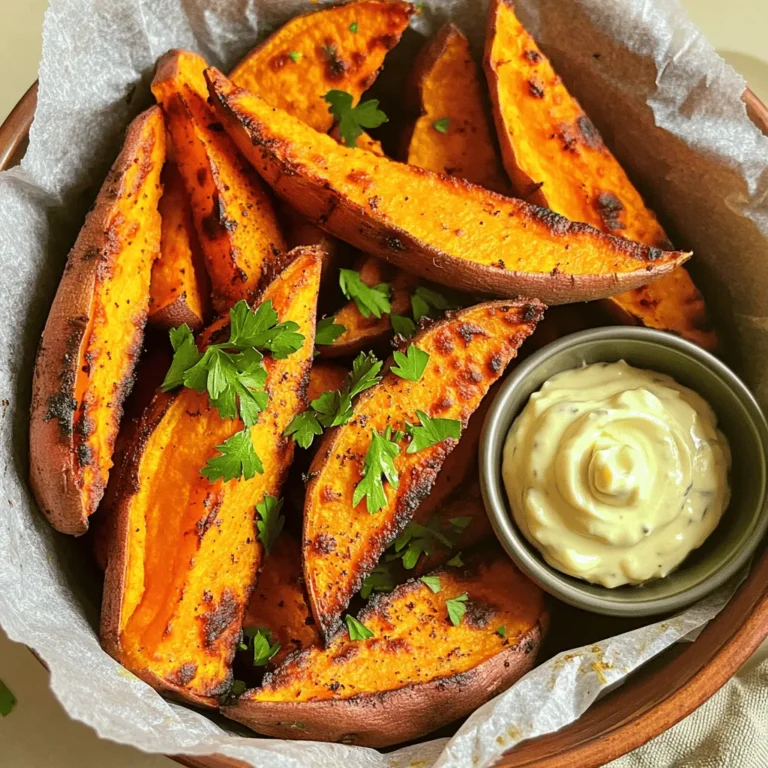 - 2 medium sweet potatoes - 2 tablespoons olive oil - 1 teaspoon paprika - 1 teaspoon garlic powder - ½ teaspoon onion powder - ½ teaspoon salt - ¼ teaspoon black pepper - Optional: fresh parsley for garnish - Calories per serving: About 150 calories - Macronutrients breakdown: - Carbohydrates: 30g - Protein: 2g - Fats: 7g Sweet potatoes are rich in vitamins A and C, making them a healthy choice. They also provide fiber, which aids digestion. How to wash and peel sweet potatoes Start by rinsing the sweet potatoes under cool water. Use your hands or a vegetable brush to remove dirt. Next, peel the skin off with a vegetable peeler. This step makes the wedges tender and tasty. Cutting the sweet potatoes into wedges After peeling, place the sweet potatoes on a cutting board. Cut each potato in half lengthwise. Then, slice each half into wedges about 1 inch thick. This size helps them cook evenly and become crispy. Combining olive oil and spices in a bowl In a large mixing bowl, pour in 2 tablespoons of olive oil. Add 1 teaspoon of paprika, 1 teaspoon of garlic powder, ½ teaspoon of onion powder, ½ teaspoon of salt, and ¼ teaspoon of black pepper. These spices give the wedges a nice kick. Importance of proper coating for optimal flavor Add the sweet potato wedges to the bowl and mix well. Make sure each wedge is fully coated. This step is key. A good coating ensures full flavor and helps achieve that crispy texture. Preheating the air fryer Set your air fryer to 400°F (200°C). Let it preheat for about 5 minutes. This step helps the wedges start cooking right away, which is vital for crispiness. Arranging wedges in the air fryer basket Carefully place the seasoned wedges in the air fryer basket. Keep them in a single layer. Overcrowding the basket can make them soggy instead of crispy. Cooking time and tips for crispiness Air fry the wedges for 15-20 minutes. Shake the basket halfway through cooking. This helps to cook them evenly. When they turn golden brown and crisp, they are ready to enjoy! To get crispy sweet potato wedges, fry them in a single layer. This helps hot air circulate around each wedge. If they touch, some will steam instead of fry. You want them to get golden and crunchy. Make sure to shake the basket halfway through cooking. This lets the wedges flip and cook evenly. You will notice a big difference in crispiness if you do this. One common mistake is overcrowding the basket. If you add too many wedges, they won't cook well. Always leave space between the pieces. This makes sure they fry instead of steam. Another mistake is wrong seasoning ratios. Too much spice can overpower the sweet potato flavor. Use the right amounts for the best taste. Stick to the recipe for a well-balanced flavor. When serving, present the wedges nicely. A rustic bowl lined with parchment paper looks great. You can also sprinkle fresh parsley on top for color. Pair the wedges with delicious dips. Aioli or salsa works well and adds flavor. These dips enhance your meal and make it more fun. Enjoy your crispy sweet potato wedges! {{image_2}} You can easily change the flavors of your sweet potato wedges. To make them spicy, add a bit of cayenne pepper. Just a pinch can bring some heat. If you want a sweet twist, sprinkle cinnamon and brown sugar on the wedges. This mix adds a nice caramel flavor. Try both styles to see what you like best! You can enjoy sweet potato wedges in many ways. If you don't have an air fryer, you can bake them. Just spread the wedges on a baking sheet and cook them in the oven at 425°F (220°C) for about 25-30 minutes. Flip them halfway for even cooking. Another option is deep-frying. Heat oil in a pan and fry the wedges until golden brown. This gives a crispy texture but adds more fat. If you want to change the oil, you can use avocado oil or coconut oil. Both oils work well and have their own flavors. For spices, you can swap in Italian seasoning or chili powder. This will give your wedges a unique taste. Feel free to adjust ingredients based on what you have at home! To keep your sweet potato wedges fresh, store them in an airtight container. Place a paper towel inside to absorb moisture. This way, they stay crispy longer. They can last in the fridge for about 3 to 5 days. If they smell off or look soggy, it's best to throw them away. The best way to reheat sweet potato wedges is in the oven. Preheat the oven to 400°F (200°C). Spread the wedges on a baking sheet in a single layer. Warm them for about 10 minutes. This method keeps them crispy. You can also use a microwave, but this will make them soft. If you choose the microwave, heat in short bursts to avoid sogginess. You can freeze both uncooked and cooked sweet potato wedges. For uncooked wedges, place them on a baking sheet and freeze until solid. Then, transfer them to a freezer bag. For cooked ones, let them cool completely before freezing. To use frozen wedges, thaw them overnight in the fridge. Then, reheat in the oven for that crispy finish. To get crispy sweet potato wedges, follow these tips: - Cut sweet potatoes into even wedges, about 1 inch thick. - Toss them well with olive oil and spices. - Preheat your air fryer to 400°F (200°C) for 5 minutes. - Place the wedges in a single layer, avoiding crowding. - Shake the basket halfway through cooking. These steps help ensure even cooking and a perfect crunch. Yes, you can use other potatoes like russet or Yukon gold. They will cook differently: - Russet potatoes may take about 20-25 minutes. - Yukon gold may need around 15-20 minutes. Adjust cooking times based on size and thickness. These wedges pair well with many dishes. Here are some ideas: - Serve them as a side with grilled chicken or fish. - They make a great snack with dips like aioli or salsa. - Add them to salads for extra crunch and flavor. Feel free to mix and match as you enjoy! In this blog post, we explored how to create delicious air fryer sweet potato wedges. We covered essential ingredients, step-by-step instructions, and ways to achieve that perfect crunch. I shared tips on storing leftovers and offered variations to spice things up. Keep these ideas in mind to enjoy tasty, healthy snacks. Remember, making wedges is not just easy; it can be fun too. So, get creative and enjoy your cooking journey!