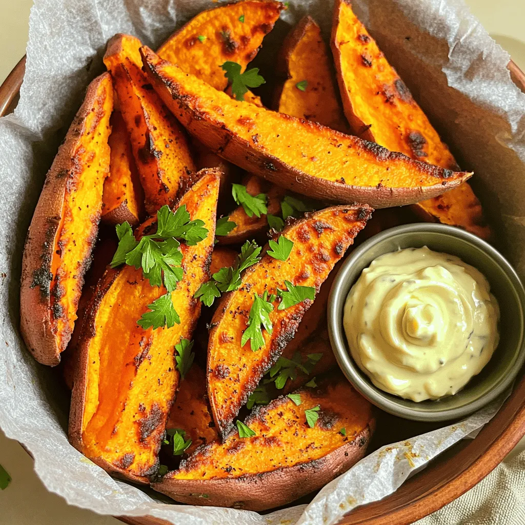 - 2 medium sweet potatoes - 2 tablespoons olive oil - 1 teaspoon paprika - 1 teaspoon garlic powder - ½ teaspoon onion powder - ½ teaspoon salt - ¼ teaspoon black pepper - Optional: fresh parsley for garnish - Calories per serving: About 150 calories - Macronutrients breakdown: - Carbohydrates: 30g - Protein: 2g - Fats: 7g Sweet potatoes are rich in vitamins A and C, making them a healthy choice. They also provide fiber, which aids digestion. How to wash and peel sweet potatoes Start by rinsing the sweet potatoes under cool water. Use your hands or a vegetable brush to remove dirt. Next, peel the skin off with a vegetable peeler. This step makes the wedges tender and tasty. Cutting the sweet potatoes into wedges After peeling, place the sweet potatoes on a cutting board. Cut each potato in half lengthwise. Then, slice each half into wedges about 1 inch thick. This size helps them cook evenly and become crispy. Combining olive oil and spices in a bowl In a large mixing bowl, pour in 2 tablespoons of olive oil. Add 1 teaspoon of paprika, 1 teaspoon of garlic powder, ½ teaspoon of onion powder, ½ teaspoon of salt, and ¼ teaspoon of black pepper. These spices give the wedges a nice kick. Importance of proper coating for optimal flavor Add the sweet potato wedges to the bowl and mix well. Make sure each wedge is fully coated. This step is key. A good coating ensures full flavor and helps achieve that crispy texture. Preheating the air fryer Set your air fryer to 400°F (200°C). Let it preheat for about 5 minutes. This step helps the wedges start cooking right away, which is vital for crispiness. Arranging wedges in the air fryer basket Carefully place the seasoned wedges in the air fryer basket. Keep them in a single layer. Overcrowding the basket can make them soggy instead of crispy. Cooking time and tips for crispiness Air fry the wedges for 15-20 minutes. Shake the basket halfway through cooking. This helps to cook them evenly. When they turn golden brown and crisp, they are ready to enjoy! To get crispy sweet potato wedges, fry them in a single layer. This helps hot air circulate around each wedge. If they touch, some will steam instead of fry. You want them to get golden and crunchy. Make sure to shake the basket halfway through cooking. This lets the wedges flip and cook evenly. You will notice a big difference in crispiness if you do this. One common mistake is overcrowding the basket. If you add too many wedges, they won't cook well. Always leave space between the pieces. This makes sure they fry instead of steam. Another mistake is wrong seasoning ratios. Too much spice can overpower the sweet potato flavor. Use the right amounts for the best taste. Stick to the recipe for a well-balanced flavor. When serving, present the wedges nicely. A rustic bowl lined with parchment paper looks great. You can also sprinkle fresh parsley on top for color. Pair the wedges with delicious dips. Aioli or salsa works well and adds flavor. These dips enhance your meal and make it more fun. Enjoy your crispy sweet potato wedges! {{image_2}} You can easily change the flavors of your sweet potato wedges. To make them spicy, add a bit of cayenne pepper. Just a pinch can bring some heat. If you want a sweet twist, sprinkle cinnamon and brown sugar on the wedges. This mix adds a nice caramel flavor. Try both styles to see what you like best! You can enjoy sweet potato wedges in many ways. If you don't have an air fryer, you can bake them. Just spread the wedges on a baking sheet and cook them in the oven at 425°F (220°C) for about 25-30 minutes. Flip them halfway for even cooking. Another option is deep-frying. Heat oil in a pan and fry the wedges until golden brown. This gives a crispy texture but adds more fat. If you want to change the oil, you can use avocado oil or coconut oil. Both oils work well and have their own flavors. For spices, you can swap in Italian seasoning or chili powder. This will give your wedges a unique taste. Feel free to adjust ingredients based on what you have at home! To keep your sweet potato wedges fresh, store them in an airtight container. Place a paper towel inside to absorb moisture. This way, they stay crispy longer. They can last in the fridge for about 3 to 5 days. If they smell off or look soggy, it's best to throw them away. The best way to reheat sweet potato wedges is in the oven. Preheat the oven to 400°F (200°C). Spread the wedges on a baking sheet in a single layer. Warm them for about 10 minutes. This method keeps them crispy. You can also use a microwave, but this will make them soft. If you choose the microwave, heat in short bursts to avoid sogginess. You can freeze both uncooked and cooked sweet potato wedges. For uncooked wedges, place them on a baking sheet and freeze until solid. Then, transfer them to a freezer bag. For cooked ones, let them cool completely before freezing. To use frozen wedges, thaw them overnight in the fridge. Then, reheat in the oven for that crispy finish. To get crispy sweet potato wedges, follow these tips: - Cut sweet potatoes into even wedges, about 1 inch thick. - Toss them well with olive oil and spices. - Preheat your air fryer to 400°F (200°C) for 5 minutes. - Place the wedges in a single layer, avoiding crowding. - Shake the basket halfway through cooking. These steps help ensure even cooking and a perfect crunch. Yes, you can use other potatoes like russet or Yukon gold. They will cook differently: - Russet potatoes may take about 20-25 minutes. - Yukon gold may need around 15-20 minutes. Adjust cooking times based on size and thickness. These wedges pair well with many dishes. Here are some ideas: - Serve them as a side with grilled chicken or fish. - They make a great snack with dips like aioli or salsa. - Add them to salads for extra crunch and flavor. Feel free to mix and match as you enjoy! In this blog post, we explored how to create delicious air fryer sweet potato wedges. We covered essential ingredients, step-by-step instructions, and ways to achieve that perfect crunch. I shared tips on storing leftovers and offered variations to spice things up. Keep these ideas in mind to enjoy tasty, healthy snacks. Remember, making wedges is not just easy; it can be fun too. So, get creative and enjoy your cooking journey!