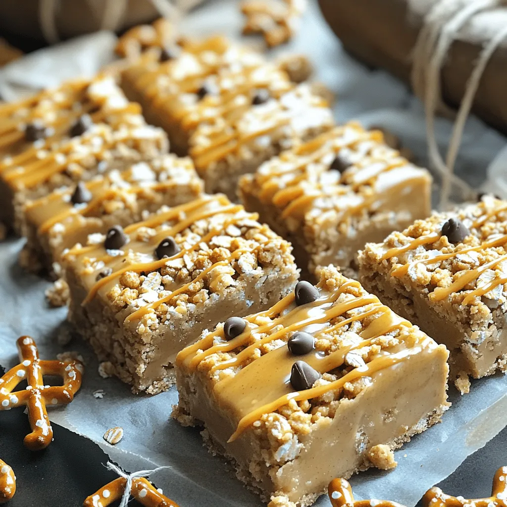 To make no-bake peanut butter pretzel bars, you need simple, tasty ingredients. Here’s what you will need: - 1 cup pretzel sticks, crushed - 1 cup rolled oats - 1/2 cup creamy peanut butter - 1/4 cup honey or maple syrup - 1/4 cup brown sugar - 1/2 teaspoon vanilla extract - 1/2 cup mini chocolate chips (optional) - A pinch of salt Each ingredient plays a key role in the final taste and texture. The pretzel sticks give a nice crunch. The rolled oats add heartiness. Creamy peanut butter brings richness and flavor. Honey or maple syrup adds sweetness. Brown sugar enhances the caramel notes. Vanilla extract gives a lovely aroma. Mini chocolate chips add a fun touch but are not needed. A pinch of salt balances all the flavors. This list makes it easy to gather what you need. You can find these items in most stores. If you want to get creative, you can swap out some ingredients. For example, try different nut butters or sweeteners. The key is to keep it fun and simple. Enjoy the process of making these delicious treats! 1. First, grab a large mixing bowl. Add 1 cup of crushed pretzel sticks and 1 cup of rolled oats. Stir them well to mix. 2. Next, take a small saucepan. Over low heat, add 1/2 cup of creamy peanut butter, 1/4 cup of honey (or maple syrup), 1/4 cup of brown sugar, and 1/2 teaspoon of vanilla extract. Stir this mixture until it is smooth and melted. This should take about 2-3 minutes. 3. Now, pour the peanut butter mixture over the dry mix in the bowl. Stir until everything is coated evenly. If you want, fold in 1/2 cup of mini chocolate chips for extra sweetness. 1. Take an 8x8 inch baking dish lined with parchment paper. Press the mixture firmly into the dish. Make sure it is compact and even. 2. Place the dish in the refrigerator. Let it chill for at least 2 hours. This helps the bars set correctly. 1. Once the bars are set, take them out of the fridge. Cut them into squares or rectangles. 2. For a fun presentation, wrap the bars in parchment paper and tie them with twine. This makes a lovely gift or snack to share! To make sure your bars have the best texture, mix the dry ingredients well. Combine the crushed pretzels and rolled oats in a large bowl. Stir until they blend nicely. For the wet ingredients, heat the peanut butter, honey, brown sugar, and vanilla in a saucepan. Stir constantly until it melts into a smooth mix. Then, pour this mixture over the dry ingredients. Mix everything until it’s evenly coated. Pressing the bars firmly is key. Use a spatula or your hands to pack the mixture tightly into the baking dish. The more you compact it, the better the bars will hold together. You can switch up the nut butter in this recipe. Try almond butter or cashew butter for a new taste. If you love fruit, add dried cranberries or raisins. You can also toss in seeds like sunflower or pumpkin seeds for extra crunch and nutrition. To avoid crumbling bars, make sure to pack the mixture down well. If they seem loose, you can add a bit more peanut butter or honey. This helps bind everything together. After pressing the mixture into the dish, let it chill in the fridge for at least two hours. This allows the bars to set properly and stay firm when cut. {{image_2}} You can easily switch up the flavors in your bars. A chocolate peanut butter version is always a hit. Just add more mini chocolate chips or melted chocolate to the mixture. This adds a rich taste that pairs well with the salty pretzels. If you love warm spices, consider adding cinnamon. A half teaspoon will enhance the flavor without being overpowering. Mixing in spices can change the whole vibe of your snack! For a healthier twist, swap in natural sweeteners. Options like agave nectar or coconut sugar can replace honey or brown sugar. These sweeteners add a unique taste and can be lower in calories. If you need gluten-free options, look for gluten-free pretzels. Many brands offer great choices that taste just as good. This way, everyone can enjoy the bars! You can also make seasonal bars for fun. In the fall, try adding pumpkin spice. Just a tablespoon will give your bars a cozy, autumn flavor. During the holidays, get creative with festive toppings. Think crushed candy canes or colorful sprinkles. These additions will make your bars even more special for gatherings! To keep your no-bake peanut butter pretzel bars fresh, store them in an airtight container. This helps prevent moisture from getting in. You can keep them in the fridge or at room temperature. If you choose room temp, make sure your kitchen is cool. The bars stay best in the fridge, where they stay firm and tasty. You can store these bars for about one week. After that, they may lose their crunch. Look for signs of spoilage like an off smell or a change in texture. If they feel too soft or sticky, it’s best to toss them. You can freeze these bars for longer storage. First, cut them into squares. Wrap each piece in plastic wrap, then place them in a freezer-safe bag. This keeps them fresh for up to three months. When you want to eat them, take them out and let them thaw in the fridge for a few hours. This keeps their taste and texture just right. No-bake peanut butter pretzel bars last about one week in the fridge. Store them in an airtight container. The cool air helps keep them fresh. If you see any mold or off-smell, toss them out. Yes, you can use crunchy peanut butter. It adds a nice texture and a bit more crunch. The flavor will be richer and nuttier. The bars will still hold together well. You can use maple syrup or agave nectar as a sweetener. Both are great alternatives. They keep the bars sweet and moist. You can also try brown rice syrup for a thicker option. In this blog post, we covered making no-bake peanut butter pretzel bars. We listed the key ingredients and shared simple steps to prepare and set your bars. I also provided tips for a perfect texture and ways to customize your recipe. You can explore fun flavor variations and learn how to store these bars for longer life. Enjoy making these tasty snacks and feel free to experiment. Your kitchen can be a source of yummy delights. Happy snacking!