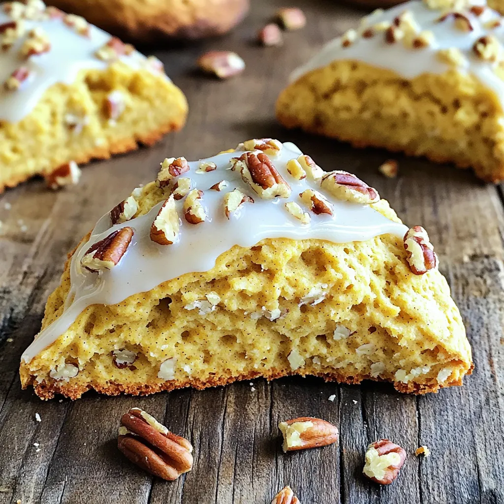 To make pumpkin spice scones, gather these items: - 2 cups all-purpose flour - 1/4 cup brown sugar - 1 tablespoon baking powder - 1 teaspoon pumpkin spice (a mix of cinnamon, nutmeg, and ginger) - 1/2 teaspoon salt - 1/2 cup unsalted butter, chilled and cubed - 1/2 cup canned pumpkin puree - 1/4 cup heavy cream - 1 large egg - 1 teaspoon vanilla extract - 1/2 cup chopped pecans (optional) - 1/4 cup powdered sugar (for glazing) - 1 tablespoon milk (for glazing) If you need to make swaps, consider these ideas: - Use whole wheat flour in place of all-purpose flour for added fiber. - Maple syrup can replace brown sugar, but cut the liquid slightly. - Baking soda can work instead of baking powder; use half the amount. - For a dairy-free option, try coconut cream instead of heavy cream. - Applesauce can replace the egg for a vegan version. Choose fresh ingredients for the best flavor. Look for: - Quality all-purpose flour that feels fine and soft. - Fresh brown sugar that is moist and clumps together. - Pumpkin puree that is 100% pure without additives. - Unsalted butter that is firm and cold for the best texture. - Nuts that are fresh and crunchy for added taste. Understanding these details helps you create scones that shine with flavor. Enjoy the process, and remember, the right ingredients make all the difference! To make delicious pumpkin spice scones, start by preheating your oven to 400°F (200°C). Line a baking sheet with parchment paper to keep the scones from sticking. In a large bowl, mix 2 cups of all-purpose flour, 1/4 cup of brown sugar, 1 tablespoon of baking powder, 1 teaspoon of pumpkin spice, and 1/2 teaspoon of salt. Whisk them together until they blend well. Next, add 1/2 cup of chilled, cubed unsalted butter to the bowl. Use a pastry cutter or your fingers to cut the butter into the flour mix. Stop when it looks like coarse crumbs. In another bowl, combine 1/2 cup of canned pumpkin puree, 1/4 cup of heavy cream, 1 large egg, and 1 teaspoon of vanilla extract. Whisk these wet ingredients until smooth. Now, pour the wet mixture into the dry mixture. Stir gently until just combined. If you like nuts, fold in 1/2 cup of chopped pecans at this point. Turn the dough out onto a lightly floured surface. Knead it a few times until it comes together. Pat the dough into a circle that is about 1 inch thick. Cut this dough into 8 wedges and place them on your prepared baking sheet. Bake the scones for 15 to 20 minutes. They should be firm and golden brown when done. Keep an eye on them towards the end to avoid overbaking. Once finished, remove the scones from the oven and allow them to cool on a wire rack. This cooling step is key for a perfect texture. While your scones cool, it’s time to make the glaze. In a small bowl, whisk together 1/4 cup of powdered sugar and 1 tablespoon of milk until smooth. Once the scones are cool, drizzle this glaze over them for a sweet finish. Enjoy your pumpkin spice scones as a cozy treat this fall! To get a flaky texture in your scones, keep your butter cold. Use chilled, cubed butter and work it quickly into the flour mix. You want the butter to stay in small pieces. When the scones bake, these pieces melt and create layers. Also, don’t overmix the dough. Stir gently until just combined. This helps keep those flaky layers intact. One common mistake is using warm butter. If your butter is too warm, it won't create layers. Another mistake is overworking the dough. Mixing too much can make your scones tough. Lastly, don't forget to preheat your oven. Baking in a hot oven helps the scones rise and brown nicely. For a smooth glaze, mix powdered sugar with milk until it is lump-free. Use just enough milk to get a thick drizzle. Drizzle the glaze over the cooled scones for a sweet touch. If you want extra flavor, try adding vanilla extract or a pinch of pumpkin spice. This adds a lovely finish to your scones. {{image_2}} You can change the flavor of your pumpkin spice scones. Try adding different spices. For a warm kick, use cardamom. For a cozy feel, mix in some allspice. You can also swap out pumpkin for mashed sweet potato. This gives you a sweeter taste that pairs well with the spices. If you need a gluten-free option, use a gluten-free flour blend. It works well in this recipe. For a vegan version, swap the butter with coconut oil or a vegan butter. Use almond or soy milk in place of heavy cream. Replace the egg with a flax egg (1 tablespoon ground flaxseed mixed with 2.5 tablespoons of water). These swaps keep the scones tasty while meeting dietary needs. You can make your scones even more special by adding ingredients. Try mixing in dried cranberries or raisins for a fruity twist. Chopped apples also work great for added texture. If you love nuts, add walnuts or almonds. They give a nice crunch and pair well with the pumpkin flavor. Just be sure to not overmix the dough when adding these extras. To keep your pumpkin spice scones fresh, store them in an airtight container. This helps to lock in moisture and flavor. Place the container at room temperature for up to two days. If you want to keep them longer, refrigeration is best. Just remember, the scones may become a bit dry in the fridge. You can freeze these scones to enjoy later. Cool them completely after baking. Then, wrap each scone in plastic wrap. Place the wrapped scones in a freezer-safe bag. Label the bag with the date. They will stay fresh for up to three months. When you want to eat them, just take out the number you need. Reheating your scones is easy. For the best results, preheat your oven to 350°F (175°C). Unwrap the scones and place them on a baking sheet. Heat for about 10 minutes, or until warm. You can also microwave them for about 15-20 seconds. Just note, the oven method keeps them crispier! Enjoy your warm scones with a nice cup of tea or coffee. Yes, you can make these scones ahead of time. Prepare the dough and cut it into wedges. Place the wedges on a baking sheet and freeze them. Once frozen, store them in a zip-top bag for later. When you're ready to bake, just add a few extra minutes to the baking time. This way, you enjoy fresh scones whenever you want! You know the scones are done when they are firm and golden brown. They should feel slightly hard to the touch. A toothpick inserted in the center should come out clean. If the scones are still wet, give them a few more minutes in the oven. Keep an eye on them to avoid over-baking. Pumpkin spice scones pair well with many tasty options. Try serving them with a warm drink like coffee or tea. You can also enjoy them with butter, honey, or jam. For a special touch, add whipped cream or a drizzle of maple syrup. These scones are perfect for breakfast or as a sweet snack! You’ve learned about key ingredients, making dough, and baking perfect scones. We explored tips for texture and ways to avoid common mistakes. You can even try new flavors and dietary options. Proper storage and reheating can keep your scones fresh and tasty. As you bake, remember that making scones is fun and creative. Enjoy the process and share your tasty results with others! The right ingredients and steps will lead to great scones every time.