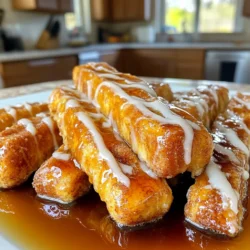- 4 large cinnamon rolls (with icing) - 4 large eggs - 1 cup milk - 1 teaspoon vanilla extract - 1 teaspoon ground cinnamon - 1 tablespoon sugar - 1 tablespoon butter (for frying) - Maple syrup (for serving) Cinnamon rolls are the star of this recipe. They add sweet flavor and soft texture. The icing from the rolls melts into the French toast sticks, making them extra tasty. Eggs and milk create a rich batter that coats the cinnamon roll pieces. The vanilla and cinnamon enhance the warm flavors. Sugar adds a hint of sweetness, while butter gives that delicious golden crisp when frying. If you don’t have cinnamon rolls, use other sweet rolls. You could try sticky buns or even brioche. For a lighter option, use egg whites instead of whole eggs. Any milk type works, including almond or oat milk. If you want a different flavor, swap vanilla extract for almond extract. You can also skip the sugar if the rolls are sweet enough. To make Cinnamon Roll French Toast Sticks, you need to prepare a few things. First, cut the cinnamon rolls into thick strips. Each strip should be about one inch wide. Then, gather your eggs, milk, and spices. This simple prep will set you up for a fun cooking time. 1. Cut the Cinnamon Rolls: Start by slicing each cinnamon roll into thick strips. Set them aside on a plate. 2. Mix the Egg Mixture: In a large bowl, whisk together four eggs, one cup of milk, one teaspoon of vanilla, one teaspoon of ground cinnamon, and one tablespoon of sugar. Make sure the mixture is smooth. 3. Heat the Skillet: Place a large skillet on medium heat. Add one tablespoon of butter and let it melt. This will help cook the sticks without sticking. 4. Dip the Sticks: Take one cinnamon roll strip and dip it into the egg mixture. Make sure both sides are well-coated. Repeat this with all the strips. 5. Fry the Sticks: Place the coated strips onto the skillet. Fry them for about two to three minutes on each side. You want them golden brown and a bit crispy. 6. Add the Icing: Once they are cooked, put the French toast sticks on a plate. Drizzle the cinnamon roll icing over the top for extra sweetness. 7. Serve and Enjoy: Serve your warm sticks with maple syrup for dipping. It adds a nice touch! If you want to see how it’s done, look for videos online. Watching someone make these sticks can help you follow along. Seeing the colors and textures will make it easier when you cook them yourself! To make great cinnamon roll French toast sticks, follow these tips: - Cut the rolls evenly. Slice your cinnamon rolls into 1-inch thick strips. This helps them cook evenly. - Whisk well. Mix the eggs, milk, vanilla, cinnamon, and sugar until smooth. A good mix helps the sticks soak up flavor. - Heat your skillet. Make sure your skillet is hot before adding butter. This gives a nice, crispy outside. - Don’t overcrowd the skillet. Fry only a few sticks at a time. This keeps the heat high and helps them cook well. Here are mistakes to watch out for: - Using cold rolls. Start with room-temperature cinnamon rolls. Cold rolls may not fry well. - Skipping the icing. Don’t forget to drizzle the icing on top. It adds sweetness and makes the dish special. - Not flipping often. Make sure to flip your sticks halfway through cooking. This ensures they brown nicely on both sides. - Overcooking. Keep an eye on the sticks. They should be golden brown, not burnt. Want to take your cinnamon roll French toast sticks to the next level? Here are some ideas: - Add nutmeg. A pinch of nutmeg in the egg mixture adds warmth and depth. - Try flavored syrups. Use maple syrup, but also try vanilla or caramel syrup for variety. - Serve with fruit. Fresh berries or banana slices add color and a fresh taste. - Sprinkle on nuts. Chopped nuts like pecans or walnuts add crunch and extra flavor. {{image_2}} You can switch up the flavor by using different frostings. Instead of the classic icing, try cream cheese frosting. It adds a nice tang. You might also enjoy a chocolate glaze on top. Just melt some chocolate and drizzle it over the sticks. For a fruity touch, use a berry glaze. Mix fresh berries with a bit of sugar and mash. Spread this on your sticks for a burst of flavor. If you need vegan options, swap the eggs with flaxseed meal. Mix one tablespoon of flaxseed with three tablespoons of water. Let it sit until it thickens. Use almond milk instead of regular milk. For gluten-free options, use gluten-free cinnamon rolls. These rolls are more common now, so they should be easy to find. Adjust the frying time as needed to ensure they cook well. Serve your Cinnamon Roll French Toast Sticks with fresh fruits. Sliced strawberries, bananas, or blueberries work great. They add color and taste. Nuts like chopped pecans or walnuts give a nice crunch. You can sprinkle them on top for a fun texture. Finally, don’t forget the maple syrup for dipping! It ties all the flavors together. Enjoy making this dish your own! To keep your Cinnamon Roll French Toast Sticks fresh, store them in an airtight container. Let them cool completely before packing. You can keep them in the fridge for up to three days. This helps maintain their taste and texture. For longer storage, you can freeze the sticks. Place them in a single layer on a baking sheet. Freeze them until solid, then transfer to a freezer bag. They can stay fresh for about one month. Take care to remove as much air as possible from the bag. To reheat, you have a few options. You can use the microwave for quick warming. Just heat in 20-second intervals until warm. For a crispy texture, use a skillet over medium heat. Cook for about two minutes on each side. You can also use an oven set to 350°F (175°C). Bake for 10-15 minutes until heated through. Enjoy your tasty treat warm! To make Cinnamon Roll French Toast Sticks, start with four large cinnamon rolls. Cut each roll into thick strips, about one inch wide. In a bowl, whisk together four eggs, one cup of milk, one teaspoon of vanilla extract, one teaspoon of ground cinnamon, and one tablespoon of sugar. Heat a skillet over medium heat and add one tablespoon of butter. Dip each cinnamon roll stick into the egg mixture, coating both sides. Fry the sticks in the skillet for about two to three minutes on each side, until golden brown. Serve warm with icing drizzled on top and maple syrup for dipping. Yes, you can use leftover cinnamon rolls for this recipe. They add great flavor and texture. Cut the leftover rolls into thick strips, just like fresh ones. Dip them in the egg mixture as you would with fresh rolls. Fry them in the skillet until they are warm and crispy. Using leftovers is a smart way to reduce waste and enjoy a tasty treat. The best toppings for Cinnamon Roll French Toast Sticks include the icing from the cinnamon rolls. It adds sweetness and flavor. You can also drizzle warm maple syrup over the sticks for extra taste. Chopped nuts, like pecans or walnuts, can add a nice crunch. Fresh fruits, such as strawberries or bananas, can brighten the dish. Get creative with your toppings to make each bite special! In this post, we explored how to make delicious Cinnamon Roll French Toast Sticks. We covered the key ingredients, cooking steps, and tips to avoid common mistakes. You learned about fun variations and storage methods to keep your treats fresh. I hope you feel ready to try this tasty recipe. Enjoy creating a fun breakfast or snack that everyone will love!