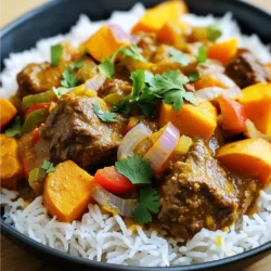- 1.5 lbs beef chuck, cut into 1-inch cubes - 2 medium sweet potatoes, peeled and diced - 1 large onion, finely chopped - 3 cloves garlic, minced - 1 tablespoon fresh ginger, grated - 2 tablespoons curry powder - 1 teaspoon ground cumin - 1 teaspoon turmeric - 1 can (14 oz) coconut milk - 1 cup beef broth (low sodium) - 1 cup diced tomatoes (canned or fresh) - 1 bell pepper (red or green), chopped - 1 tablespoon olive oil - Salt and pepper to taste - Fresh cilantro for garnish (optional) Each ingredient adds its own flavor. The beef provides a rich base. Sweet potatoes add sweetness and texture. The onion, garlic, and ginger create a fragrant mix. Curry powder, cumin, and turmeric bring warmth and depth. Coconut milk gives creaminess, while diced tomatoes add freshness. Bell pepper adds color. Olive oil keeps everything moist. You can adjust salt and pepper to taste. Don't forget fresh cilantro for a bright finish! To start, you need to sear the beef cubes in olive oil. Heat a large skillet over medium-high heat. Once hot, add the beef cubes. Sear them for about 5 to 7 minutes until browned on all sides. This step adds flavor. After searing, season the beef with salt and pepper to taste. Once done, transfer the beef to the slow cooker. Next, it’s time to sauté the aromatics. In the same skillet, add chopped onions, minced garlic, and grated ginger. Cook for about 3 minutes until they smell fragrant. After that, add the curry powder, ground cumin, and turmeric. Stir these in for another minute to release their full flavor. Now, let’s combine everything. Pour in the diced tomatoes, low-sodium beef broth, and coconut milk into the skillet. Be sure to scrape up any browned bits from the bottom. This adds more depth to your curry. Stir everything well to combine. Next, pour this mixture over the seared beef in the slow cooker. Then, add the diced sweet potatoes and chopped bell pepper. Gently stir to mix all the ingredients together. Cover the slow cooker and set it to cook. You can choose low for 6 to 8 hours or high for 3 to 4 hours. This slow cooking makes the beef tender and allows the flavors to blend. Before serving, taste the curry and adjust the seasoning if needed. Enjoy the savory aroma filling your kitchen! - Use fresh herbs like cilantro or parsley for added aroma. - Adjust seasoning to your taste. Add more salt or pepper as needed. Fresh herbs bring your dish to life. They add brightness and depth. Don’t be afraid to experiment! If you love the taste of ginger, add more. Always taste your curry before serving. This way, you can find the perfect balance. - Searing the beef adds a rich flavor. - Cook on low for 6-8 hours or high for 3-4 hours. Searing your beef is vital. It locks in juices and creates a nice crust. This step boosts the overall flavor. Slow cooking breaks down tough meat. It makes the beef tender and juicy. If you can, resist the urge to open the lid while cooking. This keeps the heat in and helps the meat cook evenly. - Serve with fluffy basmati rice or warm naan. - Garnish with fresh cilantro for a nice touch. Pair your curry with basmati rice. It soaks up the sauce and adds texture. If you like bread, naan is a great choice. For presentation, serve the curry in bowls. Add a sprinkle of cilantro on top for color. A bright garnish makes your dish appealing and appetizing. {{image_2}} You can easily change the protein in this curry. Try using chicken or lamb instead of beef. If you want a vegetarian option, use chickpeas or lentils. For vegetables, consider adding carrots or peas for extra flavor and color. These swaps keep the dish exciting and allow you to use what you have on hand. Want it spicier? Add more curry powder or toss in some chopped jalapeños. You can also sprinkle in cayenne pepper for an extra kick. If the heat is too much, add a dollop of yogurt or a splash of coconut milk to cool it down. Adjust the spices slowly to find your perfect balance. For gluten-free needs, check your curry powder and broth for any hidden gluten. Most brands are safe, but it’s good to verify. If you’re watching carbs, swap sweet potatoes for cauliflower. This way, you can enjoy the curry without the extra carbs. Each choice keeps the dish tasty while meeting dietary needs. To keep your beef and sweet potato curry fresh, follow these tips: - Use airtight containers to store your leftovers. - Label containers with dates to track freshness. In the fridge, your curry can last about 3 to 4 days. Make sure it cools before sealing it up. Freezing this curry is easy. Here’s how: - Let the curry cool completely. - Portion it into freezer-safe bags or containers. - Remove as much air as possible before sealing. When you want to eat it again, thaw it in the fridge overnight. Reheat it in a pot on low heat, stirring often, until hot. You can also use the microwave for quick reheating. Get creative with leftover curry! Here are some ideas: - Curry wraps: Spread curry in a tortilla and roll it up. - Curry soup: Add broth to your curry for a tasty soup. - Curry rice bowl: Serve the curry over rice for a filling meal. These ideas can help you enjoy your leftovers in fun new ways! It takes 6 to 8 hours on low or 3 to 4 hours on high. The beef becomes tender and the flavors blend well when cooked slowly. You can set it in the morning and enjoy a warm meal later. Yes, you can prep this curry ahead of time. Chop your veggies and meat the day before. Store them in the fridge. In the morning, add everything to the slow cooker and you are good to go. This makes meal prep easy and saves time on busy days. You can serve this curry with several side dishes: - Fluffy basmati rice - Warm naan bread - Quinoa for a healthy twist - Steamed vegetables for extra color Each side adds a nice touch to your meal, making it more filling and appealing. Enjoy the mix of flavors and textures! In this post, I covered how to make beef and sweet potato curry in a slow cooker. You learned about the key ingredients, step-by-step instructions, and helpful tips for enhancing flavor. I also shared ways to customize the dish and storage options for leftovers. By following this guide, you can create a tasty meal that fits your needs. Enjoy your cooking and feel free to experiment with different flavors. This curry is sure to impress anyone at your table!