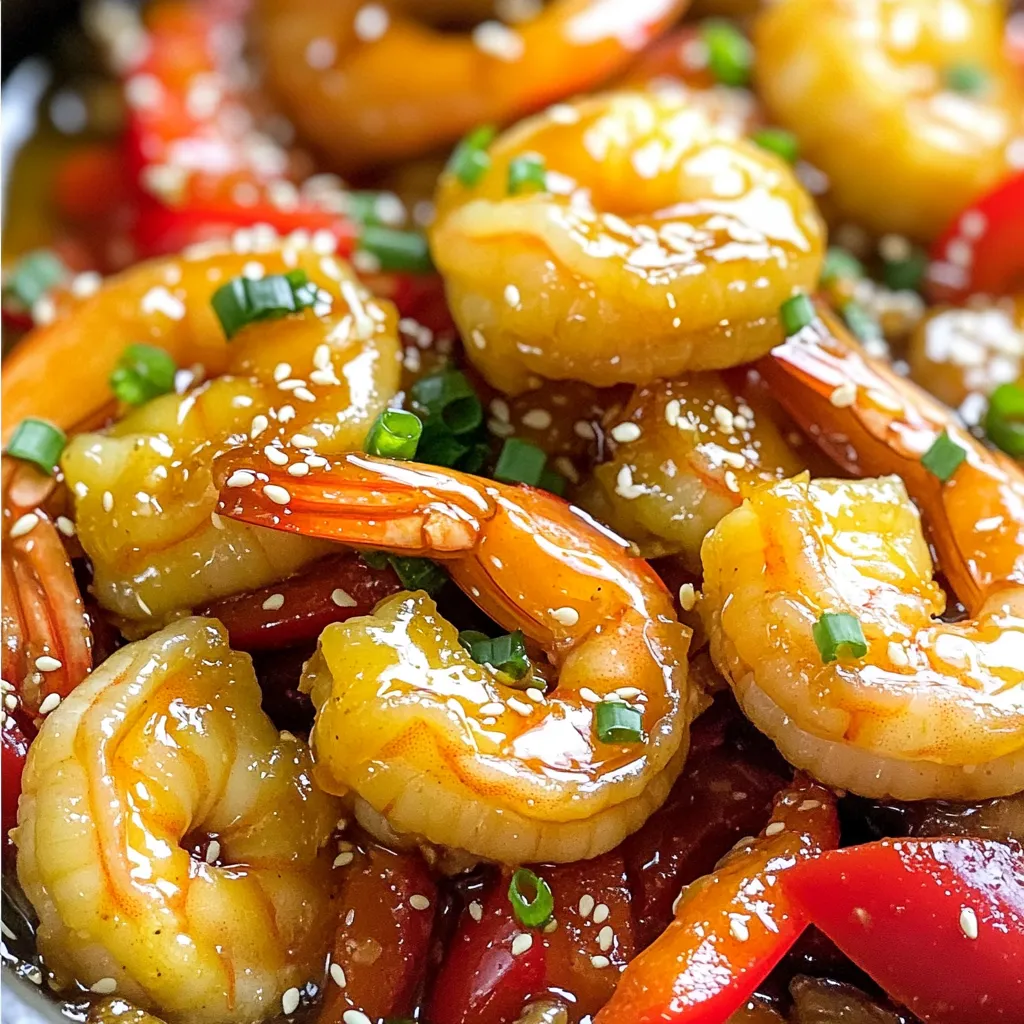 - 1 pound large shrimp, peeled and deveined - 2 tablespoons honey - 3 cloves garlic, minced - 2 tablespoons soy sauce (low sodium preferred) - 1 tablespoon sesame oil - 1 teaspoon grated fresh ginger - 1 red bell pepper, sliced - 2 green onions, finely chopped - Sesame seeds, salt, and pepper to taste The main ingredients for Minute Honey Garlic Shrimp Skillet are simple yet full of flavor. The shrimp offers a delicate taste and tender texture. Honey brings sweetness, while garlic adds depth. This trio forms the base of a tasty dish. For additional ingredients, I use low-sodium soy sauce to enhance the umami without too much salt. Sesame oil gives a nutty touch, and fresh ginger adds a hint of warmth. These ingredients work together to create a well-rounded sauce. For garnishes, the red bell pepper adds color and crunch. Chopped green onions give a fresh bite. Lastly, sesame seeds sprinkle a little extra flavor and a nice look to your meal. All these ingredients come together to create a delicious dish that is both quick and easy to make. - Rinse shrimp and pat dry. This helps remove any extra moisture. - Season with salt and pepper. A pinch of each boosts the flavor. - Combine honey, garlic, soy sauce, sesame oil, and ginger in a bowl. Mix well. This sauce adds sweetness and depth. - Heat olive oil in a large skillet over medium-high heat. Wait until it shimmers. - Add the sliced red bell pepper and sauté for about 2-3 minutes. This softens the pepper and adds color. - Next, add the seasoned shrimp. Cook for 2-3 minutes on one side. They should start turning pink. - Flip the shrimp over. This ensures even cooking on both sides. - Pour the honey garlic sauce over the shrimp and bell peppers. Stir gently to coat. Let it cook for another 2-3 minutes. The sauce will thicken slightly. - Once cooked, remove from heat. Garnish with chopped green onions and sesame seeds. Serve over rice or noodles, if you like. To cook shrimp perfectly, pay attention to color. When they turn pink, they are ready. Overcooking makes them tough. Cook them for about 2-3 minutes on each side. Timing is key for tender shrimp. For sauce thickness, start with a small amount. If you want it thicker, let it cook longer. The sauce will get thicker as it heats. You can also add a cornstarch slurry if you prefer a quick fix. If you don’t have honey, use maple syrup or agave nectar. Both add sweetness without changing the taste much. For soy sauce, try tamari for gluten-free or coconut aminos for a lighter flavor. For spice, add red pepper flakes or a dash of hot sauce. You can also toss in some chopped fresh herbs like cilantro or basil for a burst of flavor. Pair honey garlic shrimp with cooked rice or noodles for a filling meal. Jasmine rice or brown rice works great. If you prefer noodles, try udon or rice noodles for a fun twist. Serve the shrimp on a bed of greens for a fresh touch. You can also top it with extra green onions and sesame seeds for crunch. This not only makes it look pretty but adds layers of flavor. {{image_2}} You can swap shrimp for chicken or tofu. Chicken thighs work great, too. Just cut it into bite-sized pieces. Cook the chicken for about 5-7 minutes until it’s no longer pink. For tofu, use firm or extra-firm. Press it to remove extra moisture, then cube it. Sauté it until golden brown, about 5-6 minutes. Each protein offers a fresh taste but keeps the yummy honey garlic sauce. To add zest, sprinkle in chili flakes. This gives a nice kick! You can also squeeze fresh lime juice on top before serving. It brightens flavors and makes the dish pop. Want more crunch? Toss in a mix of vegetables. Broccoli, snap peas, or carrots add color and nutrients. Just sauté them with the red bell pepper for a few minutes. If you need a gluten-free option, choose tamari instead of soy sauce. It tastes great and keeps the flavor. For a low-carb meal, skip the rice or noodles. Serve the shrimp over a bed of leafy greens or cauliflower rice instead. Both choices make it light and healthy while still delicious! To store leftovers in the fridge, let the shrimp cool down first. Place them in a shallow container. This helps keep the shrimp fresh. Cover the container tightly with a lid or plastic wrap. You can keep them in the fridge for up to three days. For best results, use glass or BPA-free plastic containers. These containers help keep the shrimp fresh and prevent spills. When it's time to eat the leftovers, reheat them gently. The best method is to use the stove. Heat a non-stick skillet over medium heat. Add a splash of oil to prevent sticking. Once the skillet is warm, add the shrimp. Stir them often to heat evenly. This method keeps the shrimp tender. You can also use a microwave. Place the shrimp in a microwave-safe dish. Cover it with a damp paper towel. Heat in short bursts, checking every 30 seconds. If you want to freeze honey garlic shrimp, it's easy! First, let the shrimp cool completely. Then, place them in a freezer-safe bag or container. Remove as much air as possible from the bag. This helps prevent freezer burn. You can freeze shrimp for up to three months. When you’re ready to eat, thaw them in the fridge overnight. Reheat as mentioned before for the best taste. It takes just 15 minutes to make this dish. You spend 5 minutes prepping the shrimp and making the sauce. Then, you cook everything in about 10 minutes. It’s quick and easy! Yes, you can use frozen shrimp. Just thaw them first. Place the shrimp in a bowl of cold water for about 15 minutes. Drain and pat them dry. Make sure they are peeled and deveined to save time. There are many tasty side dishes to serve with honey garlic shrimp. Here are some great options: - Steamed white rice - Brown rice - Noodles - Sautéed vegetables - A fresh salad These sides balance well with the sweet and savory flavors of the shrimp. Enjoy your meal! In this blog post, we explored a simple honey garlic shrimp recipe, perfect for quick meals. You learned the key ingredients, preparation steps, and tips for cooking shrimp perfectly. We also shared variations and storage tips to help you make the most of your dish. Cooking can be easy and fun. I hope you feel inspired to try this tasty recipe. It’s quick, full of flavor, and great for any night. Enjoy your delicious honey garlic shrimp!