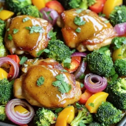 - 4 boneless, skinless chicken thighs - 1/4 cup honey - 1/4 cup Dijon mustard The main ingredients in this dish are simple yet full of flavor. The boneless, skinless chicken thighs provide a juicy base. I love using thighs because they stay moist as they cook. Honey adds a sweet touch, while Dijon mustard gives a nice tang. This mix creates a sauce that sticks to the chicken, making each bite delicious. - 2 cups broccoli florets - 1 red bell pepper, sliced - 1 yellow bell pepper, sliced - 1 medium red onion, cut into wedges The veggies in this recipe bring color and crunch. Broccoli florets are great for soaking up the sauce. Red and yellow bell peppers add sweetness and brightness. The red onion gives a mild bite. Together, they make the dish look stunning and tasty. - 2 tablespoons olive oil - 1 teaspoon garlic powder - 1 teaspoon smoked paprika - Salt and pepper to taste For seasoning, olive oil helps the veggies roast nicely. Garlic powder gives a savory kick. Smoked paprika adds warmth and depth. A sprinkle of salt and pepper enhances all the flavors. This simple mix makes everything pop, ensuring you enjoy every forkful. - Preheat your oven to 400°F (200°C). - In a medium bowl, whisk together 1/4 cup of honey, 1/4 cup of Dijon mustard, 2 tablespoons of olive oil, 1 teaspoon of garlic powder, 1 teaspoon of onion powder, 1 teaspoon of smoked paprika, salt, and pepper until well blended. - Place 4 boneless, skinless chicken thighs in a large bowl. - Pour half of the honey mustard mixture over the chicken. Coat it well. - Set aside the remaining sauce for later use. - Take a large sheet pan and prepare the vegetables. - Arrange 2 cups of broccoli florets, sliced red bell pepper, sliced yellow bell pepper, and red onion wedges on the pan. - Drizzle with olive oil, sprinkle with salt and pepper, and toss to coat evenly. - Place the marinated chicken thighs on top of the mixed vegetables. - Bake in the preheated oven for 25-30 minutes. - Make sure the chicken reaches an internal temperature of 165°F (74°C) and the vegetables are tender and slightly caramelized. - During the last 5 minutes of cooking, brush the remaining honey mustard sauce over the chicken for added flavor. - Once done, remove the sheet pan from the oven and let it rest for a few minutes before serving. How to ensure chicken is juicy To keep chicken juicy, avoid overcooking. Use a meat thermometer. Cook the chicken until it reaches 165°F (74°C). Marinating the chicken adds moisture and flavor. The honey and mustard mix helps too. Achieving perfectly roasted vegetables Cut vegetables into similar sizes. This ensures even cooking. Toss them in olive oil and season with salt and pepper. Bake them with the chicken. This way, they soak up all the tasty juices. Extra spices or herbs to boost flavor You can add more spice if you like heat. Try chili powder or cayenne pepper. Fresh herbs like thyme or rosemary add great taste, too. Just sprinkle them on before baking. Suggested side dishes for complementing meal Serve with rice or quinoa for a filling meal. A fresh salad adds crunch and brightness. Garlic bread can also be a nice touch. All of these pair well with honey mustard chicken. Marinating chicken ahead of time Marinate the chicken for at least an hour. For best results, do this overnight in the fridge. This gives the chicken time to soak up the flavors. Storing vegetables for freshness Store your cut veggies in a sealed container. Keep them in the fridge for up to three days. This keeps them crisp and ready for your next meal. {{image_2}} You can switch the chicken thighs for chicken breasts if you want a leaner option. Chicken breasts cook faster, so check them at 20 minutes. If you prefer plant-based proteins, try firm tofu or tempeh. Marinate them with the honey mustard mix for a tasty twist. Feel free to get creative with your veggies. Zucchini, carrots, or asparagus can add great flavors. Use seasonal vegetables for a fresh taste. In fall, try butternut squash. In summer, add cherry tomatoes for a burst of sweetness. Do you like some heat? Add chili flakes or hot sauce to the honey mustard mix. You can also change the honey mustard. Swap honey for maple syrup for a different flavor. Whole grain mustard gives a rustic touch that’s really nice too. To store leftovers, place the chicken and veggies in an airtight container. This keeps them fresh. Make sure to cool them to room temperature first. For reheating, you can use a microwave or an oven. Heat the chicken and veggies until they are warm. You can freeze the chicken and veggies for later use. Place them in a freezer-safe bag or container. Be sure to remove as much air as possible. When ready to eat, thaw them in the fridge overnight. This keeps them safe and tasty. In the fridge, your leftovers can last for about three days. After that, they may not taste good. Signs of spoilage include a bad smell or slimy texture. If you notice either, it’s best to throw it away. Keeping an eye on your food helps you enjoy the best flavors! What can I serve with Honey Mustard Chicken? You can serve this dish with rice, quinoa, or a fresh salad. These sides add texture and flavor. For a heartier meal, consider mashed potatoes or crusty bread. The sweet and tangy sauce pairs well with these options. Can I use another type of mustard instead of Dijon? Yes, you can use yellow mustard or whole grain mustard. Each type adds a different flavor. Yellow mustard is milder, while whole grain gives a nutty taste. Choose based on your preference for flavor. Can I cook this dish on the grill? You can grill the chicken and veggies if you prefer. Just marinate the chicken as usual. Then, grill over medium heat. Cook until the chicken reaches 165°F (74°C). Grill veggies in a grill basket for even cooking. How do I know when the chicken is fully cooked? Check the chicken’s internal temperature with a meat thermometer. It should read 165°F (74°C). If you don’t have a thermometer, cut into the thickest part. The meat should be white, not pink. Is this recipe gluten-free? Yes, this recipe is gluten-free. All the ingredients are safe for those with gluten allergies. Just make sure to check labels on mustard and other condiments, as some may contain gluten. Can I make this dish in advance? You can prepare the chicken and veggies a day ahead. Just marinate the chicken and chop the veggies. Store them in the fridge until you're ready to cook. This saves time and makes dinner easy. This recipe for honey mustard chicken is simple and delicious. We covered the main ingredients, including chicken thighs, honey, and Dijon mustard, plus fresh veggies. You learned the step-by-step process, from marinating to baking. I shared tips for juicy chicken and great flavor, along with storage advice for leftovers. Feel free to mix it up with alternative proteins and vegetables. This meal can easily fit your tastes. Enjoy cooking and tasting new flavors while creating a healthy dish!