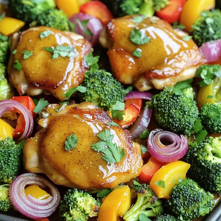 - 4 boneless, skinless chicken thighs - 1/4 cup honey - 1/4 cup Dijon mustard The main ingredients in this dish are simple yet full of flavor. The boneless, skinless chicken thighs provide a juicy base. I love using thighs because they stay moist as they cook. Honey adds a sweet touch, while Dijon mustard gives a nice tang. This mix creates a sauce that sticks to the chicken, making each bite delicious. - 2 cups broccoli florets - 1 red bell pepper, sliced - 1 yellow bell pepper, sliced - 1 medium red onion, cut into wedges The veggies in this recipe bring color and crunch. Broccoli florets are great for soaking up the sauce. Red and yellow bell peppers add sweetness and brightness. The red onion gives a mild bite. Together, they make the dish look stunning and tasty. - 2 tablespoons olive oil - 1 teaspoon garlic powder - 1 teaspoon smoked paprika - Salt and pepper to taste For seasoning, olive oil helps the veggies roast nicely. Garlic powder gives a savory kick. Smoked paprika adds warmth and depth. A sprinkle of salt and pepper enhances all the flavors. This simple mix makes everything pop, ensuring you enjoy every forkful. - Preheat your oven to 400°F (200°C). - In a medium bowl, whisk together 1/4 cup of honey, 1/4 cup of Dijon mustard, 2 tablespoons of olive oil, 1 teaspoon of garlic powder, 1 teaspoon of onion powder, 1 teaspoon of smoked paprika, salt, and pepper until well blended. - Place 4 boneless, skinless chicken thighs in a large bowl. - Pour half of the honey mustard mixture over the chicken. Coat it well. - Set aside the remaining sauce for later use. - Take a large sheet pan and prepare the vegetables. - Arrange 2 cups of broccoli florets, sliced red bell pepper, sliced yellow bell pepper, and red onion wedges on the pan. - Drizzle with olive oil, sprinkle with salt and pepper, and toss to coat evenly. - Place the marinated chicken thighs on top of the mixed vegetables. - Bake in the preheated oven for 25-30 minutes. - Make sure the chicken reaches an internal temperature of 165°F (74°C) and the vegetables are tender and slightly caramelized. - During the last 5 minutes of cooking, brush the remaining honey mustard sauce over the chicken for added flavor. - Once done, remove the sheet pan from the oven and let it rest for a few minutes before serving. How to ensure chicken is juicy To keep chicken juicy, avoid overcooking. Use a meat thermometer. Cook the chicken until it reaches 165°F (74°C). Marinating the chicken adds moisture and flavor. The honey and mustard mix helps too. Achieving perfectly roasted vegetables Cut vegetables into similar sizes. This ensures even cooking. Toss them in olive oil and season with salt and pepper. Bake them with the chicken. This way, they soak up all the tasty juices. Extra spices or herbs to boost flavor You can add more spice if you like heat. Try chili powder or cayenne pepper. Fresh herbs like thyme or rosemary add great taste, too. Just sprinkle them on before baking. Suggested side dishes for complementing meal Serve with rice or quinoa for a filling meal. A fresh salad adds crunch and brightness. Garlic bread can also be a nice touch. All of these pair well with honey mustard chicken. Marinating chicken ahead of time Marinate the chicken for at least an hour. For best results, do this overnight in the fridge. This gives the chicken time to soak up the flavors. Storing vegetables for freshness Store your cut veggies in a sealed container. Keep them in the fridge for up to three days. This keeps them crisp and ready for your next meal. {{image_2}} You can switch the chicken thighs for chicken breasts if you want a leaner option. Chicken breasts cook faster, so check them at 20 minutes. If you prefer plant-based proteins, try firm tofu or tempeh. Marinate them with the honey mustard mix for a tasty twist. Feel free to get creative with your veggies. Zucchini, carrots, or asparagus can add great flavors. Use seasonal vegetables for a fresh taste. In fall, try butternut squash. In summer, add cherry tomatoes for a burst of sweetness. Do you like some heat? Add chili flakes or hot sauce to the honey mustard mix. You can also change the honey mustard. Swap honey for maple syrup for a different flavor. Whole grain mustard gives a rustic touch that’s really nice too. To store leftovers, place the chicken and veggies in an airtight container. This keeps them fresh. Make sure to cool them to room temperature first. For reheating, you can use a microwave or an oven. Heat the chicken and veggies until they are warm. You can freeze the chicken and veggies for later use. Place them in a freezer-safe bag or container. Be sure to remove as much air as possible. When ready to eat, thaw them in the fridge overnight. This keeps them safe and tasty. In the fridge, your leftovers can last for about three days. After that, they may not taste good. Signs of spoilage include a bad smell or slimy texture. If you notice either, it’s best to throw it away. Keeping an eye on your food helps you enjoy the best flavors! What can I serve with Honey Mustard Chicken? You can serve this dish with rice, quinoa, or a fresh salad. These sides add texture and flavor. For a heartier meal, consider mashed potatoes or crusty bread. The sweet and tangy sauce pairs well with these options. Can I use another type of mustard instead of Dijon? Yes, you can use yellow mustard or whole grain mustard. Each type adds a different flavor. Yellow mustard is milder, while whole grain gives a nutty taste. Choose based on your preference for flavor. Can I cook this dish on the grill? You can grill the chicken and veggies if you prefer. Just marinate the chicken as usual. Then, grill over medium heat. Cook until the chicken reaches 165°F (74°C). Grill veggies in a grill basket for even cooking. How do I know when the chicken is fully cooked? Check the chicken’s internal temperature with a meat thermometer. It should read 165°F (74°C). If you don’t have a thermometer, cut into the thickest part. The meat should be white, not pink. Is this recipe gluten-free? Yes, this recipe is gluten-free. All the ingredients are safe for those with gluten allergies. Just make sure to check labels on mustard and other condiments, as some may contain gluten. Can I make this dish in advance? You can prepare the chicken and veggies a day ahead. Just marinate the chicken and chop the veggies. Store them in the fridge until you're ready to cook. This saves time and makes dinner easy. This recipe for honey mustard chicken is simple and delicious. We covered the main ingredients, including chicken thighs, honey, and Dijon mustard, plus fresh veggies. You learned the step-by-step process, from marinating to baking. I shared tips for juicy chicken and great flavor, along with storage advice for leftovers. Feel free to mix it up with alternative proteins and vegetables. This meal can easily fit your tastes. Enjoy cooking and tasting new flavors while creating a healthy dish!