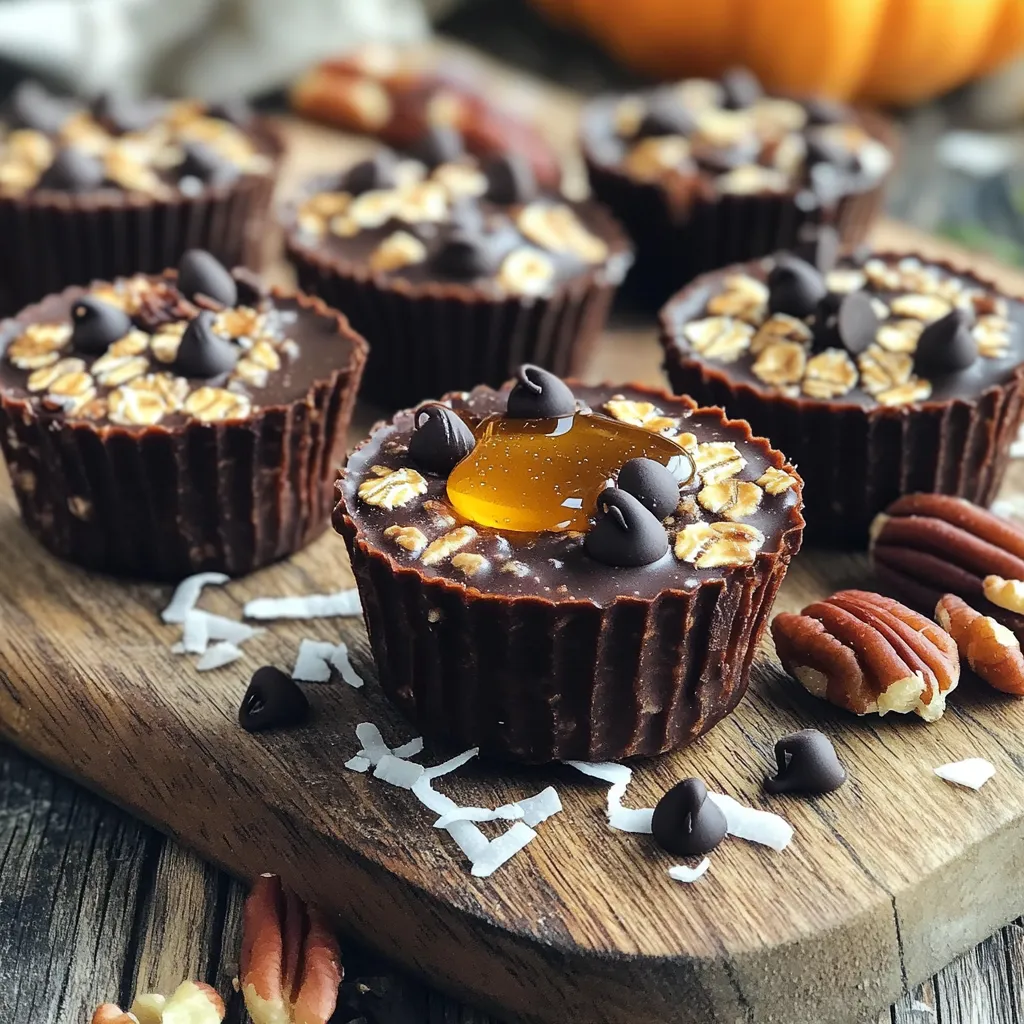 - 1 cup rolled oats - 1/2 cup pumpkin puree - 1/3 cup almond butter - 1/4 cup honey or maple syrup - 1/4 cup unsweetened cocoa powder - 1/4 teaspoon cinnamon - 1/4 teaspoon nutmeg - 1/2 teaspoon vanilla extract - 1/3 cup dark chocolate chips - A pinch of salt The main ingredients in these chocolate pumpkin oat cups bring together taste and health. The rolled oats form a hearty base, giving you fiber and energy. Pumpkin puree adds flavor and moisture, while almond butter binds everything together. Honey or maple syrup sweetens the mix naturally. Unsweetened cocoa powder gives a rich chocolate taste without extra sugar. Spices like cinnamon and nutmeg add warmth and depth. Vanilla extract enhances the overall flavor. Dark chocolate chips bring a sweet surprise in every bite. Finally, a pinch of salt balances the sweetness, making your treat even better. - Chopped nuts - Seeds - Shredded coconut You can customize your oat cups with optional toppings. Chopped nuts add crunch and healthy fats. Seeds, like chia or sunflower, boost nutrition. Shredded coconut brings a fun texture and sweetness. Choose toppings based on your taste. - Nut butter options: You can swap almond butter for peanut or sunflower seed butter. - Sweetener alternatives: If you prefer, use agave syrup or coconut sugar instead of honey or maple syrup. Experiment with ingredient substitutions. Use what you have on hand for a unique twist. Enjoy making these oat cups your own! To start, grab a large mixing bowl. You will combine all the main ingredients here. First, add 1 cup of rolled oats. Next, pour in 1/2 cup of pumpkin puree. Then, include 1/3 cup almond butter. You can also use any nut butter you prefer. Now, add 1/4 cup honey or maple syrup for sweetness. Sprinkle in 1/4 cup unsweetened cocoa powder. This gives your cups a rich chocolate taste. Add a 1/4 teaspoon of cinnamon and nutmeg for warmth. Don’t forget 1/2 teaspoon of vanilla extract and a pinch of salt. Stir everything until it forms a thick mixture. If it feels too thin, add a little more oats. This thickness helps the oat cups hold their shape. Next, choose how to prepare your muffin tin. You can use silicone or paper liners. They make it easy to remove the oat cups later. If you don’t have liners, you can grease the pan with a little oil. For the best results, a standard muffin tin works well. You could also use a mini muffin tin if you want smaller treats. Once you have filled the muffin tin, it’s time to chill. Place the tin in the fridge for at least 30 minutes. This helps the oat cups firm up nicely. When they are set, carefully remove the cups. You can enjoy them as they are or add toppings. Try using chopped nuts, seeds, or shredded coconut for extra flavor and crunch. Serve them on a colorful plate for a nice look. Enjoy your no-bake chocolate pumpkin oat cups! To get the right mixture consistency, combine all the wet and dry ingredients well. I recommend mixing until you see no dry spots. If the mixture feels too dry, add a little more pumpkin puree or nut butter. This keeps the oat cups from becoming too crumbly. Press the mixture firmly into the muffin tin. Packing it tightly helps the cups hold their shape. If they fall apart, try using a bit more nut butter next time. A little more moisture can make a big difference. Spices can really boost the flavor of your oat cups. Besides cinnamon and nutmeg, consider adding ginger or allspice for extra warmth. You can also mix in superfoods like chia seeds or flaxseeds. These add nutrition without changing the taste much. These oat cups have great nutritional highlights. Rolled oats offer fiber, which is good for digestion. Pumpkin is rich in vitamins A and C, promoting healthy skin and eyes. Both ingredients can help keep you full, making this treat a smart snack choice. The almond butter packs in protein and healthy fats. This balance gives you energy without a sugar crash. Enjoy these oat cups as a tasty way to nourish your body! {{image_2}} You can play with flavors in your oat cups. Try using different nut butters, like peanut or cashew. Each nut butter adds its unique taste. You can also change the sweetener. Use agave syrup or coconut sugar for a new twist. Spices can transform your treat, too. A dash of pumpkin pie spice adds warmth. You can even mix in some cardamom for a fresh flavor. Mixing spices keeps things exciting and fun! If you need gluten-free options, use certified gluten-free oats. They work just as well in this recipe. For a vegan twist, swap honey with maple syrup. This keeps your oat cups tasty while meeting dietary needs. You can also choose dairy-free chocolate chips. These make your treat suitable for vegan diets. Always check the labels to ensure they meet your needs. Feel free to get creative with add-ins! You can use different types of chocolate. White chocolate or milk chocolate gives a sweet twist. Fruits like raisins or dried cranberries add more flavor and chewiness. You can also mix in seeds like chia or sunflower seeds. They add crunch and extra nutrition. Have fun experimenting with what you love! To keep your chocolate pumpkin oat cups fresh, store them in an airtight container. This helps keep moisture out and prevents them from drying out. You can use a glass jar or a plastic container with a tight lid. For the best results, place the container in your fridge. This will help the oat cups maintain their soft texture. If you want to save them for later, the freezer is a great option. In the fridge, these oat cups last about 5 days. Make sure to check for any signs of spoilage before eating. For long-term storage, you can freeze them for up to 3 months. Just remember to wrap each cup in plastic wrap before placing them in a freezer bag. To defrost your oat cups, take them out of the freezer and place them in the fridge overnight. This allows them to thaw slowly and keeps their texture nice. If you're in a hurry, you can also use the microwave. Heat them in short bursts, checking every 15 seconds. After thawing, serve them cold or warm them up. If you want to warm them, microwave for about 10-15 seconds. Enjoy these delicious treats any way you like! Yes, you can easily make these oat cups gluten-free. Just choose gluten-free rolled oats. Many brands offer gluten-free options. Always check labels to ensure no cross-contamination. This simple swap keeps your treat tasty and safe. I recommend chilling the oat cups for at least 30 minutes. This time helps them firm up nicely. If you want them a bit firmer, you can chill them longer. Just make sure to keep them in the fridge until you are ready to eat. Absolutely! You can use any nut butter you like. Options include peanut butter, cashew butter, or sunflower seed butter for a nut-free option. Each butter adds its own flavor, so feel free to experiment! These chocolate pumpkin oat cups blend health and taste beautifully. We discussed key ingredients, like oats and pumpkin puree, and how to mix them properly. I shared tips on storage and variations, showing you how to customize these treats. Remember, you can adjust flavors and ingredients to fit your needs. Try adding nuts or different sweeteners for a twist. Enjoy your baking adventure and savor the results. You’ll love how easy and fun this recipe is!