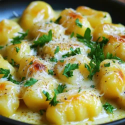- 1 pound potato gnocchi - 3 tablespoons unsalted butter - 4 cloves garlic, minced - 1 cup heavy cream - 1 cup grated Parmesan cheese When making creamy garlic Parmesan gnocchi, you need simple yet tasty items. Start with one pound of potato gnocchi. This gives the dish its signature fluffy texture. Next, use three tablespoons of unsalted butter for a rich flavor. Four cloves of minced garlic add a wonderful aroma and taste. You will also need one cup of heavy cream. This makes the sauce creamy and smooth. Finally, one cup of grated Parmesan cheese gives depth and a sharp flavor. - 1 teaspoon Italian seasoning - Salt and pepper to taste - Fresh parsley, chopped (for garnish) - Freshly grated nutmeg (optional) For seasoning, add one teaspoon of Italian seasoning. This mix of herbs adds warmth and flavor. Salt and pepper are key to enhancing the taste, so adjust them to your liking. Chop fresh parsley for a pop of color and freshness when serving. If you want a little extra flavor, consider using freshly grated nutmeg. It’s optional but can add a lovely depth to the dish. This dish is all about balance. The key ingredients work together to create a rich and flavorful experience. Each element plays a role in making your gnocchi dish truly special. 1. Bring a large pot of salted water to a boil. This step is key for flavor. 2. Add the gnocchi to the boiling water. Cook until they float, about 2-3 minutes. 3. Once they float, drain the gnocchi and set them aside. This will keep them warm. 1. In a large skillet, melt the butter over medium heat. Let it melt slowly for the best flavor. 2. Add the minced garlic to the melted butter. Sauté for 1-2 minutes until it is fragrant. 3. Pour in the heavy cream and stir well. Let it simmer gently to thicken. 4. Gradually mix in the grated Parmesan cheese. Keep stirring until the cheese melts smoothly. 1. Mix in the Italian seasoning, salt, and pepper to taste. You can add nutmeg if you like. 2. Add the cooked gnocchi to the skillet. Gently toss to coat them well in the creamy sauce. 3. Heat everything together for one more minute. This warms the dish before serving. To cook gnocchi just right, start with boiling water. Make sure the water bubbles before you add the gnocchi. This step helps them cook evenly. Gnocchi should only take about 2-3 minutes. You’ll know they are done when they float to the surface. Don’t leave them in too long, or they can get mushy. For a rich taste, use freshly grated Parmesan cheese. It melts better and gives more flavor than pre-grated cheese. You can also add a pinch of freshly grated nutmeg to the sauce. This optional touch makes the dish feel special. Other fun ideas include adding sautéed mushrooms or fresh spinach for extra flavor and nutrition. Serve your Creamy Garlic Parmesan Gnocchi right away. This dish tastes best when warm and creamy. You can garnish it with chopped parsley and more Parmesan. For a full meal, pair it with a crisp salad or grilled chicken. These sides balance the creamy texture and add freshness. {{image_2}} You can change things up with different cheeses. Try using pecorino or asiago for a sharp bite. Each cheese gives a unique taste to the dish. You can also play with herbs and spices. Instead of Italian seasoning, use fresh basil or oregano. A pinch of smoked paprika adds warmth and depth. For extra flavor, add vegetables like spinach or mushrooms. Spinach wilts nicely in the sauce, and mushrooms add earthiness. Sauté them before mixing in the gnocchi for the best results. If you want protein, chicken or shrimp works well. Cook the chicken first until golden, or add shrimp right before the sauce thickens. Both options turn this dish into a hearty meal. If you're gluten-free, look for potato gnocchi made with rice flour. Many brands offer this option, so check labels while shopping. To make the sauce dairy-free, substitute heavy cream with coconut cream or cashew cream. Nutritional yeast can stand in for Parmesan. This gives a cheesy flavor without dairy. To store leftover gnocchi, place it in an airtight container. This keeps it fresh and prevents it from drying out. Make sure to cool the gnocchi completely before sealing the container. You can keep it in the fridge for up to 3 days. If you plan to eat it later, you can also freeze it. To reheat the gnocchi while keeping it creamy, use a skillet. Add a splash of cream or broth to help maintain the sauce's texture. Heat it gently over medium-low heat, stirring often. This way, the sauce won't separate, and your gnocchi will stay delicious. Avoid using a microwave as it can dry out the dish. Enjoy your gnocchi the next day, and savor that creamy goodness! The gnocchi is done when it floats to the top of the water. This usually takes about 2-3 minutes. Watch closely, as overcooking can make it mushy. Once it floats, taste one piece for a quick check. It should feel soft and tender, not hard or gummy. Yes, you can freeze this dish. First, let the gnocchi cool completely. Then, place it in an airtight container or freezer bag. Make sure to remove as much air as possible before sealing. You can freeze it for up to three months. To thaw, place it in the fridge overnight or heat it directly from frozen in a skillet with some cream. This gnocchi pairs well with many sides. Consider a fresh green salad with a light vinaigrette. Roasted vegetables add color and flavor too. Garlic bread is another great option to soak up the creamy sauce. If you want protein, grilled chicken or shrimp works perfectly alongside. You learned how to make Creamy Garlic Parmesan Gnocchi from scratch. We covered the main ingredients, cooking steps, and tips for the best results. You can substitute ingredients and make this dish your own. Remember, fresh flavors make a big difference. Store leftovers properly to enjoy later. This creamy dish pairs well with many sides. I hope you feel inspired to create a comforting meal. Enjoy making this tasty gnocchi!