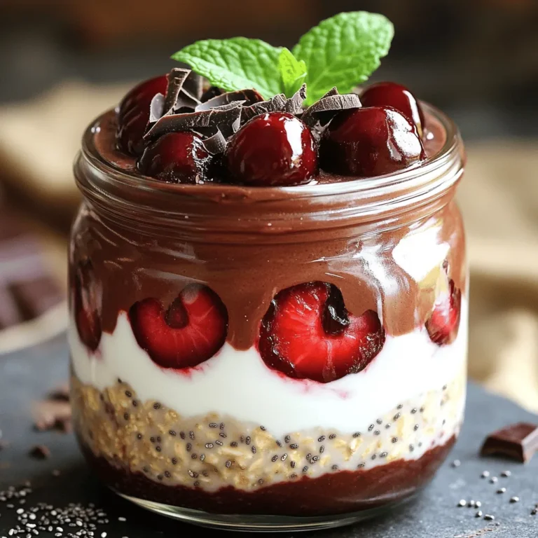 For Chocolate Cherry Overnight Oats, you need simple, wholesome ingredients. Here’s what you will need: - 1 cup rolled oats - 2 cups unsweetened almond milk (or any milk of choice) - 2 tablespoons cocoa powder - 1 tablespoon maple syrup (optional for sweetness) - 1/2 teaspoon vanilla extract - 1/2 cup frozen or fresh cherries, pitted and halved - 1/4 cup Greek yogurt (optional for creaminess) - 1 tablespoon chia seeds (optional for added texture) - Pinch of salt - Dark chocolate shavings or chips for garnish Each of these ingredients plays a key role in making your oats tasty and healthy. The rolled oats are the base, providing fiber and nutrients. Almond milk gives a creamy texture while keeping it dairy-free. Cocoa powder adds rich chocolate flavor. Cherries bring a burst of sweetness and color. You can customize the recipe using different ingredients. For instance, swap almond milk for any milk you prefer. If you need it sweeter, add more maple syrup. You can also use other fruits like strawberries or blueberries. Greek yogurt can be replaced with a plant-based yogurt for a vegan option. Chia seeds boost nutrition but can be skipped if you don’t have them. Experiment with different flavors to make this breakfast your own! Mixing Dry Ingredients Start by taking a large mixing bowl. Add 1 cup of rolled oats, 2 tablespoons of cocoa powder, 1 tablespoon of chia seeds, and a pinch of salt. Mix these dry ingredients well. This step helps to spread the cocoa powder evenly. It makes every bite rich in chocolate flavor. Combining Wet Ingredients In a different bowl, whisk together 2 cups of unsweetened almond milk, 1 tablespoon of maple syrup (if you want it sweeter), and 1/2 teaspoon of vanilla extract. Blend these wet ingredients until they’re smooth. This mixture adds creaminess and flavor to our oats. Assembling and Refrigerating Pour the wet mixture into the bowl with dry ingredients. Stir it until everything is fully combined. Next, gently fold in 1/2 cup of halved cherries. If you want extra creaminess, swirl in 1/4 cup of Greek yogurt now. Divide the mixture into two jars or airtight containers. Cover them and place in the fridge overnight or for at least 4 hours. This soaking time softens the oats, making them perfect for breakfast. Achieving the Ideal Consistency To get the best texture, use rolled oats. These oats soak up the liquid well. If the oats are too thick in the morning, just add a splash of almond milk. Stir it in for a creamy finish. Enhancing Flavor with Toppings Toppings can take your oats to the next level. Consider adding dark chocolate shavings or chips for a rich flavor. Fresh cherries also add a burst of sweetness. A sprinkle of nuts or seeds can add crunch and extra nutrition. Overnight Soaking Time Recommendations Let the oats soak overnight for the best results. This allows the oats to soften and absorb flavors. If you’re short on time, soak them for at least 4 hours. Just make sure they are covered well in the fridge to keep them fresh. {{image_2}} You can have fun with chocolate cherry overnight oats by changing the flavors. Here are some easy ideas: - Seasonal Fruit Additions: Add fresh fruits based on the season. In spring, try strawberries or blueberries. In fall, diced apples or pears work well. These fruits give a fresh twist and add natural sweetness. - Substituting Different Milks: You don’t have to stick to almond milk. Use coconut milk for a creamy texture or oat milk for a nut-free option. Each type of milk changes the flavor slightly and makes the oats unique. - Adding Protein or Superfoods: Want to boost the nutrition? Add a scoop of protein powder. You can also mix in superfoods like flaxseeds or hemp seeds. These options add healthy fats and more fiber, making your breakfast even better. Feel free to mix and match these ideas. You can create a new flavor every week! How Long Do They Last in the Refrigerator? Chocolate cherry overnight oats stay fresh in the fridge for up to five days. Store them in airtight containers. This keeps them moist and flavorful. Freezing Options for Longer Storage You can freeze these oats for up to three months. Just place them in freezer-safe containers. When you're ready to eat, let them thaw in the fridge overnight. Reheating Recommendations If you prefer warm oats, heat them in the microwave. Add a splash of almond milk to loosen the mixture. Heat in short bursts, stirring in between, until warmed through. Enjoy your tasty breakfast any way you like! Can I use quick oats instead of rolled oats? Yes, you can use quick oats. Quick oats will soak up the liquid faster. This may change the texture, making it creamier and softer. If you prefer a chewier bite, stick to rolled oats. Is it necessary to add sweeteners? No, sweeteners are not a must. The cherries add natural sweetness. If you want more, try maple syrup or honey. Adjust the sweetness to your taste. How do I make it vegan-friendly? To make it vegan, use almond milk and skip the Greek yogurt. You can add a plant-based yogurt if you want creaminess. This keeps the dish tasty and dairy-free. This article explored the key ingredients for chocolate cherry overnight oats and their roles. I shared step-by-step instructions to create this tasty treat. Expert tips helped improve the taste and texture, while variations let you customize the oats to your liking. We also covered storage methods to keep your creation fresh. In summary, enjoy your delicious overnight oats, and let your creativity shine.