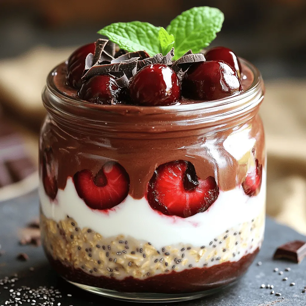 For Chocolate Cherry Overnight Oats, you need simple, wholesome ingredients. Here’s what you will need: - 1 cup rolled oats - 2 cups unsweetened almond milk (or any milk of choice) - 2 tablespoons cocoa powder - 1 tablespoon maple syrup (optional for sweetness) - 1/2 teaspoon vanilla extract - 1/2 cup frozen or fresh cherries, pitted and halved - 1/4 cup Greek yogurt (optional for creaminess) - 1 tablespoon chia seeds (optional for added texture) - Pinch of salt - Dark chocolate shavings or chips for garnish Each of these ingredients plays a key role in making your oats tasty and healthy. The rolled oats are the base, providing fiber and nutrients. Almond milk gives a creamy texture while keeping it dairy-free. Cocoa powder adds rich chocolate flavor. Cherries bring a burst of sweetness and color. You can customize the recipe using different ingredients. For instance, swap almond milk for any milk you prefer. If you need it sweeter, add more maple syrup. You can also use other fruits like strawberries or blueberries. Greek yogurt can be replaced with a plant-based yogurt for a vegan option. Chia seeds boost nutrition but can be skipped if you don’t have them. Experiment with different flavors to make this breakfast your own! Mixing Dry Ingredients Start by taking a large mixing bowl. Add 1 cup of rolled oats, 2 tablespoons of cocoa powder, 1 tablespoon of chia seeds, and a pinch of salt. Mix these dry ingredients well. This step helps to spread the cocoa powder evenly. It makes every bite rich in chocolate flavor. Combining Wet Ingredients In a different bowl, whisk together 2 cups of unsweetened almond milk, 1 tablespoon of maple syrup (if you want it sweeter), and 1/2 teaspoon of vanilla extract. Blend these wet ingredients until they’re smooth. This mixture adds creaminess and flavor to our oats. Assembling and Refrigerating Pour the wet mixture into the bowl with dry ingredients. Stir it until everything is fully combined. Next, gently fold in 1/2 cup of halved cherries. If you want extra creaminess, swirl in 1/4 cup of Greek yogurt now. Divide the mixture into two jars or airtight containers. Cover them and place in the fridge overnight or for at least 4 hours. This soaking time softens the oats, making them perfect for breakfast. Achieving the Ideal Consistency To get the best texture, use rolled oats. These oats soak up the liquid well. If the oats are too thick in the morning, just add a splash of almond milk. Stir it in for a creamy finish. Enhancing Flavor with Toppings Toppings can take your oats to the next level. Consider adding dark chocolate shavings or chips for a rich flavor. Fresh cherries also add a burst of sweetness. A sprinkle of nuts or seeds can add crunch and extra nutrition. Overnight Soaking Time Recommendations Let the oats soak overnight for the best results. This allows the oats to soften and absorb flavors. If you’re short on time, soak them for at least 4 hours. Just make sure they are covered well in the fridge to keep them fresh. {{image_2}} You can have fun with chocolate cherry overnight oats by changing the flavors. Here are some easy ideas: - Seasonal Fruit Additions: Add fresh fruits based on the season. In spring, try strawberries or blueberries. In fall, diced apples or pears work well. These fruits give a fresh twist and add natural sweetness. - Substituting Different Milks: You don’t have to stick to almond milk. Use coconut milk for a creamy texture or oat milk for a nut-free option. Each type of milk changes the flavor slightly and makes the oats unique. - Adding Protein or Superfoods: Want to boost the nutrition? Add a scoop of protein powder. You can also mix in superfoods like flaxseeds or hemp seeds. These options add healthy fats and more fiber, making your breakfast even better. Feel free to mix and match these ideas. You can create a new flavor every week! How Long Do They Last in the Refrigerator? Chocolate cherry overnight oats stay fresh in the fridge for up to five days. Store them in airtight containers. This keeps them moist and flavorful. Freezing Options for Longer Storage You can freeze these oats for up to three months. Just place them in freezer-safe containers. When you're ready to eat, let them thaw in the fridge overnight. Reheating Recommendations If you prefer warm oats, heat them in the microwave. Add a splash of almond milk to loosen the mixture. Heat in short bursts, stirring in between, until warmed through. Enjoy your tasty breakfast any way you like! Can I use quick oats instead of rolled oats? Yes, you can use quick oats. Quick oats will soak up the liquid faster. This may change the texture, making it creamier and softer. If you prefer a chewier bite, stick to rolled oats. Is it necessary to add sweeteners? No, sweeteners are not a must. The cherries add natural sweetness. If you want more, try maple syrup or honey. Adjust the sweetness to your taste. How do I make it vegan-friendly? To make it vegan, use almond milk and skip the Greek yogurt. You can add a plant-based yogurt if you want creaminess. This keeps the dish tasty and dairy-free. This article explored the key ingredients for chocolate cherry overnight oats and their roles. I shared step-by-step instructions to create this tasty treat. Expert tips helped improve the taste and texture, while variations let you customize the oats to your liking. We also covered storage methods to keep your creation fresh. In summary, enjoy your delicious overnight oats, and let your creativity shine.