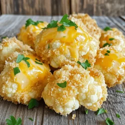 - 1 medium head of cauliflower - 1 cup shredded sharp cheddar cheese - 1/2 cup breadcrumbs (or gluten-free alternative) - 2 large eggs - Seasonings: garlic powder, onion powder, smoked paprika, salt, and pepper - Fresh parsley for garnish Gathering the right ingredients is key. The main star here is the cauliflower. Choose a fresh, medium head. You want it to be firm and crisp. This gives the best texture. Next, grab sharp cheddar cheese. It adds a bold flavor that melts beautifully. If you need a gluten-free option, use gluten-free breadcrumbs. For the additional ingredients, eggs help bind everything. The seasonings bring flavor to life. Garlic powder, onion powder, and smoked paprika are my favorites. These spices create a warm and inviting taste. Don't forget salt and pepper. They balance the flavors perfectly. Lastly, fresh parsley makes a great garnish. It adds a nice touch and a pop of color to your bites. With all of these ingredients ready, you are set to make a tasty treat. 1. Preheat your air fryer to 400°F (200°C). This takes about 5 minutes. 2. Cut one medium head of cauliflower into bite-sized florets. 3. In a large bowl, mix the cauliflower florets with: - 1/2 teaspoon garlic powder - 1/2 teaspoon onion powder - 1/2 teaspoon smoked paprika - Salt and pepper to taste 4. Toss the florets well to coat them evenly with the seasonings. 1. In a separate bowl, whisk 2 large eggs until well mixed. 2. Dip each cauliflower floret into the egg mix, letting extra egg drip off. 3. Roll the egg-dipped florets in 1/2 cup breadcrumbs until fully coated. 4. Sprinkle 1 cup of shredded sharp cheddar cheese over the coated florets. 1. Place the coated cauliflower bites in a single layer in the air fryer basket. 2. If your air fryer is small, do this in batches. 3. Air fry for 10 to 12 minutes. They should be golden brown and crispy. 4. Shake the basket halfway through cooking to ensure even crispiness. 5. Once done, remove the bites and sprinkle with chopped fresh parsley for garnish. To make your cheddar cauliflower bites crispy, follow these steps: - Coating: Make sure to coat the florets evenly with the egg mixture. This helps the breadcrumbs stick well. - Breadcrumbs: Use panko breadcrumbs for extra crunch. They create a light, airy texture. - Air Fryer Settings: Preheat your air fryer to 400°F (200°C). This ensures even cooking and a nice golden finish. Cook in batches if needed. You can easily boost the flavor of your bites: - Extra Seasonings: Try adding a pinch of cayenne for heat, or Italian herbs for a fresh twist. - Cheese Options: Swap sharp cheddar for pepper jack or mozzarella for a different taste. - Dips: Serve with ranch dressing, spicy aioli, or a tangy yogurt dip. These add a fun contrast to the bites. Experiment with these tips to make your cheddar cauliflower bites even more delightful! {{image_2}} You can easily make cheddar cauliflower bites gluten-free. Just swap regular breadcrumbs for a gluten-free option. There are many choices out there, like almond flour or crushed rice cereal. These work well and keep the bites tasty. If you're vegan, you can still enjoy these bites. Use a flax egg or chia egg instead of chicken eggs. Just mix 1 tablespoon of flaxseed meal with 2.5 tablespoons of water. Let it sit for a few minutes until it thickens. For cheese, try using a vegan cheddar. Many brands taste great and melt well. Want to add more fun to your cheddar cauliflower bites? Try adding chopped veggies like bell peppers or spinach. You can also sprinkle in spices like cayenne pepper or chili powder for a kick. Get creative and mix in your favorites! When it's time to serve, think about dips. Ranch dressing goes well, but so does spicy aioli. You could even try a homemade yogurt dip with herbs or a tangy barbecue sauce. Each dip brings a new taste to enjoy! To keep your cheddar cauliflower bites fresh, store them in an airtight container. This will help prevent them from getting soggy. I like to use glass containers with tight lids. They work great for leftovers. You can keep them in the fridge for up to three days. If you want to store them longer, consider freezing them. Just make sure to let them cool first. Use freezer-safe bags or containers. They can last up to three months in the freezer. To enjoy your bites again, reheating is key. The best way to reheat them is in the air fryer. Set the air fryer to 350°F (175°C). Heat them for about 5-7 minutes. This helps keep them crispy. You can also use an oven if you don’t have an air fryer. Preheat your oven to 375°F (190°C) and bake for 10-15 minutes. Either method keeps the crunch. Avoid using the microwave, as it can make them soggy. Enjoy your tasty snacks just as you made them! Can I use frozen cauliflower for this recipe? Yes, you can use frozen cauliflower. Just thaw it first. Pat it dry to remove excess moisture. This helps the bites crisp up nicely in the air fryer. How do I know when the bites are fully cooked? The bites are done when they are golden brown and crispy. This usually takes about 10–12 minutes in the air fryer. You can shake the basket halfway through to ensure even cooking. What dips pair best with cheddar cauliflower bites? I love serving these bites with ranch dressing or spicy aioli. You can also try a cheese sauce or a simple yogurt dip. All these options add great flavor. Can I make these bites ahead of time? Yes, you can prepare the bites a few hours in advance. Just store them in the fridge. Cook them in the air fryer when you’re ready to serve. What are some good side dishes to serve with them? These bites pair well with a fresh salad or steamed veggies. You can also serve them with a grain dish like quinoa or rice for a fuller meal. This blog post covered everything you need to make delicious cheddar cauliflower bites. We discussed key ingredients like cauliflower, cheese, and breadcrumbs, plus how to prepare and cook them in an air fryer. I shared tips for the perfect texture and flavor tweaks for variety. Remember, you can store leftovers properly and reheat them easily. Enjoy these bites as a tasty snack or side dish. With all these tips, you can create a great experience for yourself and others.