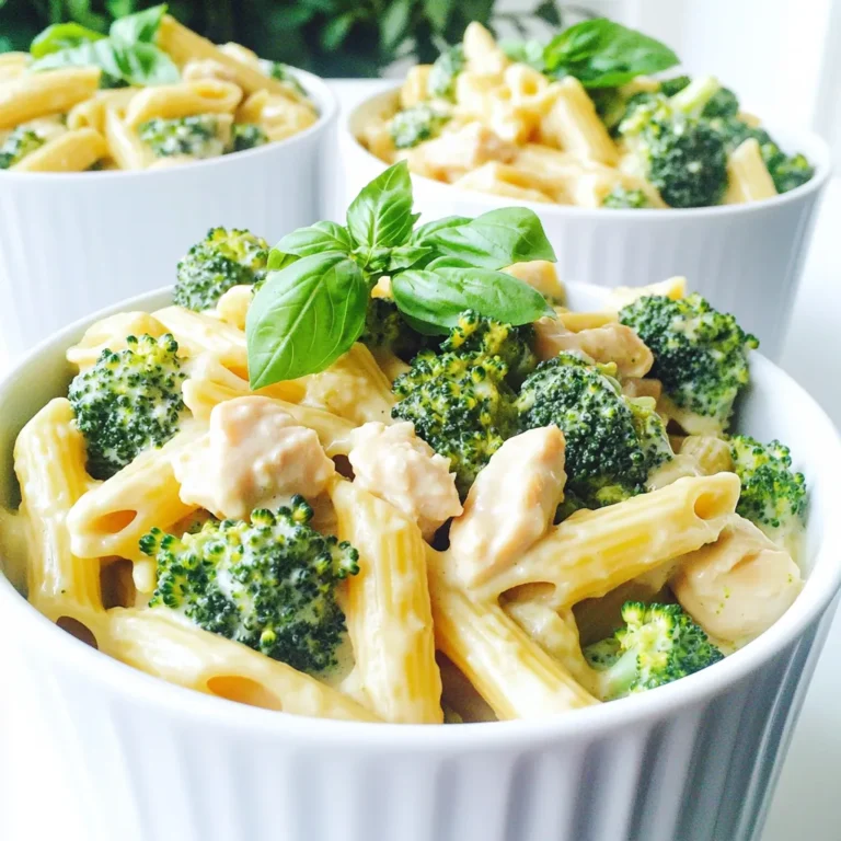 To make creamy broccoli chicken pasta, gather these items: - 8 oz pasta of your choice (penne or fusilli recommended) - 2 cups broccoli florets - 1 lb chicken breast, diced - 2 tablespoons olive oil - 3 cloves garlic, minced - 1 cup heavy cream - 1 cup grated Parmesan cheese - Salt and pepper to taste - 1 teaspoon Italian seasoning - ¼ cup fresh basil, chopped (for topping) You will need some simple tools to prepare this dish: - Large pot for boiling pasta - Skillet for cooking chicken and sauce - Colander for draining pasta - Mixing spoon for stirring - Knife and cutting board for dicing chicken and garlic When selecting ingredients, focus on quality. For pasta, choose a shape that holds sauce well, like penne or fusilli. Fresh broccoli is key; look for vibrant green florets. For chicken, pick boneless, skinless breasts for ease of cooking. Fresh garlic gives a strong flavor, so avoid pre-minced options. When buying cheese, opt for fresh, grated Parmesan for the best taste. Lastly, use heavy cream for a rich, creamy sauce. First, fill a large pot with water and add salt. Bring it to a boil. Once boiling, add 8 ounces of your favorite pasta. I like penne or fusilli for this dish. Cook the pasta according to the package instructions until it is al dente. In the last 3 minutes of cooking, toss in 2 cups of broccoli florets. This step adds color and nutrition. Afterward, drain the pasta and broccoli together and set them aside. Next, grab a large skillet and heat 2 tablespoons of olive oil over medium heat. Add 1 pound of diced chicken breast to the skillet. Season it with salt, pepper, and 1 teaspoon of Italian seasoning. Cook the chicken for about 5 to 7 minutes. Make sure it is fully cooked and not pink. This gives the dish a tasty base. When the chicken is done, add 3 minced garlic cloves and cook for 1 more minute. This step makes your kitchen smell amazing. Now, reduce the heat to low. Pour in 1 cup of heavy cream, stirring slowly. This creates a rich, creamy base. Gradually add 1 cup of grated Parmesan cheese into the skillet. Keep stirring until the cheese melts and the sauce is smooth. This is the heart of your dish. Finally, combine the cooked pasta and broccoli with the creamy sauce. Toss everything gently to coat them well. Let it cook for another 2 to 3 minutes. This helps all the flavors blend together beautifully. To make the sauce creamy, use heavy cream. Start with low heat to avoid burning. Stir the cream in slowly. Add grated Parmesan cheese little by little. Keep stirring until it melts fully. This helps the sauce stay smooth. If you want more flavor, add a bit of garlic powder or onion powder. Seasoning makes a big difference. Use salt and pepper to taste. Italian seasoning adds great flavor. Fresh herbs like basil can brighten the dish. Add them just before serving for the best taste. You can also try a pinch of red pepper flakes for some heat. For juicy chicken, start with a hot pan. Make sure the oil is hot before adding the chicken. Cook the chicken until it is golden brown. This usually takes about 5-7 minutes. Cut the chicken into small pieces to help it cook evenly. Always check that the chicken is no longer pink inside. This ensures it is safe to eat. {{image_2}} You can switch up the pasta to change the dish's taste and texture. Instead of penne or fusilli, try spaghetti or farfalle. Whole wheat pasta adds fiber and nutrients. Gluten-free pasta works for those with gluten issues. Just make sure to follow the cooking time on the package. Adding more veggies makes this dish even better. You can toss in sliced bell peppers, carrots, or zucchini. Spinach also adds a nice touch and extra nutrients. Just cook them with the chicken or add them to the pasta pot. This way, you get more colors and flavors in your meal. If you have dietary needs, you can easily adapt this recipe. For a dairy-free option, use coconut milk instead of cream. Nutritional yeast can replace Parmesan for a cheese-like flavor. If you want a lower protein option, use chickpeas or tofu instead of chicken. These changes help everyone enjoy this creamy broccoli chicken pasta. To store your creamy broccoli chicken pasta, let it cool first. Then, place it in an airtight container. It stays fresh for up to three days in the fridge. Label the container with the date to keep track. When you are ready to eat, reheat the pasta gently. You can use a microwave or a skillet. For the microwave, warm it in short bursts, stirring in between. If using a skillet, add a splash of water or cream. This keeps the dish moist while warming. Stir until heated through. You can freeze this creamy pasta dish for later. Just make sure it is completely cool. Transfer it to a freezer-safe container. Seal tightly to prevent freezer burn. It can last for up to three months in the freezer. When you want to enjoy it, thaw it overnight in the fridge. Reheat as described above for best results. Yes, you can use other proteins. Shrimp or turkey work well in this dish. You can also use tofu for a vegetarian option. If you choose shrimp, cook them until they turn pink. For turkey, make sure it is cooked through and no longer pink. Each protein brings its own flavor and texture. You can make this dish healthier in a few ways. Use whole grain pasta for added fiber. Substitute heavy cream with Greek yogurt for a lighter sauce. Adding more vegetables, like spinach or bell peppers, boosts nutrients too. Reducing the cheese can lower calories while still keeping the dish tasty. Parmesan cheese is the best choice for this recipe. It melts well and adds a rich flavor. You can also try Pecorino Romano for a sharper taste. If you prefer a creamier texture, use cream cheese or mascarpone. Each cheese gives a unique flavor to your creamy broccoli chicken pasta. This blog post covered all you need to make a tasty dish. We discussed ingredients, cooking steps, and tips for the best results. You learned how to create a creamy sauce and cook chicken perfectly. There are also ideas for variations and storage tips. Experiment with new flavors and make it your own. Enjoy your cooking adventure!