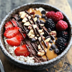- 1 cup cottage cheese - 2 tablespoons unsweetened cocoa powder - 2 tablespoons maple syrup or honey - 1 tablespoon vanilla extract - 2 tablespoons almond butter or nut butter - 1 tablespoon chocolate chips - A pinch of salt The main ingredients in this Brownie Batter Cottage Cheese Bowl are simple yet delightful. First, cottage cheese gives the bowl its creamy base. It packs protein and makes the dish feel rich. Next, unsweetened cocoa powder adds that deep chocolate flavor we all love. For sweetness, you can use maple syrup or honey. Both options work well. Vanilla extract brings warmth and depth to the flavor. Almond butter or any nut butter adds a nutty taste. It also makes the mix even creamier. Lastly, a pinch of salt balances the sweetness and enhances the chocolate. - Chopped nuts - Fresh berries - Whipped cream Toppings can take your dessert to the next level. Chopped nuts add a crunchy texture. They also bring healthy fats and make the dish more filling. Fresh berries are a great choice too. They add a burst of freshness and a fruity zing. If you want extra creaminess, a swirl of whipped cream makes it feel extra special. Mix and match these toppings to suit your taste. Each choice adds its own charm to the bowl. - First, combine the cottage cheese, cocoa powder, maple syrup, vanilla extract, almond butter, and a pinch of salt in a bowl. - Next, blend the ingredients using a fork or whisk. Keep mixing until the mixture is smooth and creamy, just like brownie batter. - Finally, stir in the chocolate chips. Make sure they are evenly mixed throughout the batter. - Once mixed, transfer the brownie batter to a serving bowl. - You can add optional toppings like chopped nuts for crunch, fresh berries for a fruity bite, or whipped cream for a sweet touch. - Choosing the right cottage cheese: Use thick cottage cheese for a rich base. Look for small curds; they mix better. Low-fat or full-fat options work, but full-fat gives a creamier feel. - Blending methods for creaminess: I love using a fork or whisk to blend. This helps break down the curds. If you want it super smooth, try a blender. Just pulse it a few times. - Testing and modifying sweetness levels: Start with the maple syrup. Mix it in and taste. If it’s not sweet enough, add more. Honey works too. Adjust to your taste, and don’t rush. Each bite should satisfy your sweet tooth! {{image_2}} You can make this dessert fit your needs. For a dairy-free option, swap cottage cheese for silken tofu. This keeps the creamy texture. You can also use coconut yogurt for a tropical twist. If you're watching sugar, try using stevia or monk fruit sweetener. These options add sweetness without the extra calories. Just remember, start with a small amount and adjust to taste. Spices can elevate the flavor of your bowl. Adding a pinch of cinnamon gives warmth and depth. You can also try nutmeg for a different twist. For more richness, try different nut butters. Cashew butter offers a mild flavor, while peanut butter packs a punch. Almond butter stays a classic favorite. Mix and match to find your best blend! After making your Brownie Batter Cottage Cheese Bowl, store any leftovers in the fridge. Use a tight lid to keep it fresh. It stays good for about 2 to 3 days. When you want to enjoy it again, just give it a quick stir. The texture may change a bit, but it will still taste great. If you want to keep it longer, freezing is a good option. Put your brownie batter in a freezer-safe container. Make sure to leave some space at the top, as it may expand when frozen. It can last up to 2 months in the freezer. When you're ready to eat it, thaw it in the fridge overnight. Then, mix it well before serving. Enjoy your tasty treat anytime! Can I use Greek yogurt instead of cottage cheese? Yes, you can use Greek yogurt. It will change the texture a bit. Greek yogurt is thick and creamy. It also adds protein to your dish. This swap works well if you prefer yogurt. How can I make it vegan-friendly? To make this dish vegan, use plant-based yogurt. Choose almond, soy, or coconut yogurt. You can also swap honey for maple syrup. These changes keep it tasty and healthy. What are some creative topping ideas? You can add many toppings to make it special. Chopped nuts give a nice crunch. Fresh berries add a fruity taste. Whipped cream makes it feel extra rich. You can mix and match based on what you like. Caloric breakdown of the recipe This Brownie Batter Cottage Cheese Bowl has about 350 calories. The exact amount may change based on toppings and ingredients used. Macronutrients overview - Protein: 25 grams - Carbs: 30 grams - Fats: 15 grams This dish is packed with protein from the cottage cheese. It also has healthy fats from nut butter. The chocolate and maple syrup add some carbs for sweetness. This recipe is simple and fun. You get a tasty treat with cottage cheese and cocoa powder. You can also mix in toppings like berries or nuts for more flavor. Remember to blend well for a smooth texture. Don't forget to adjust sweetness to fit your taste. Explore variations for health needs or flavor changes. Store leftovers in the fridge or freezer to enjoy later. Now, you have the tools to create a yummy dish that fits your needs! Enjoy making it and tasting your creation!